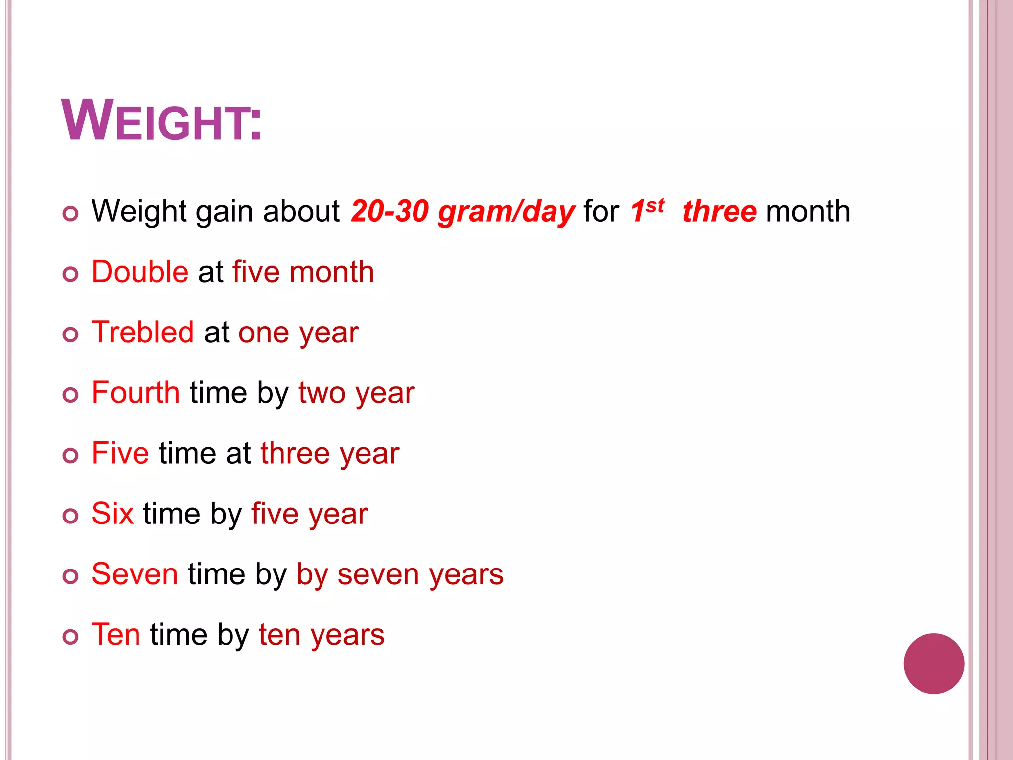 WEIGHT:
 Weight gain about 20-30 gram/day for 1st three month
 Double at five month
 Trebled at one year
 Fourth time by two year
 Five time at three year
 Six time by five year
 Seven time by by seven years
 Ten time by ten years
 