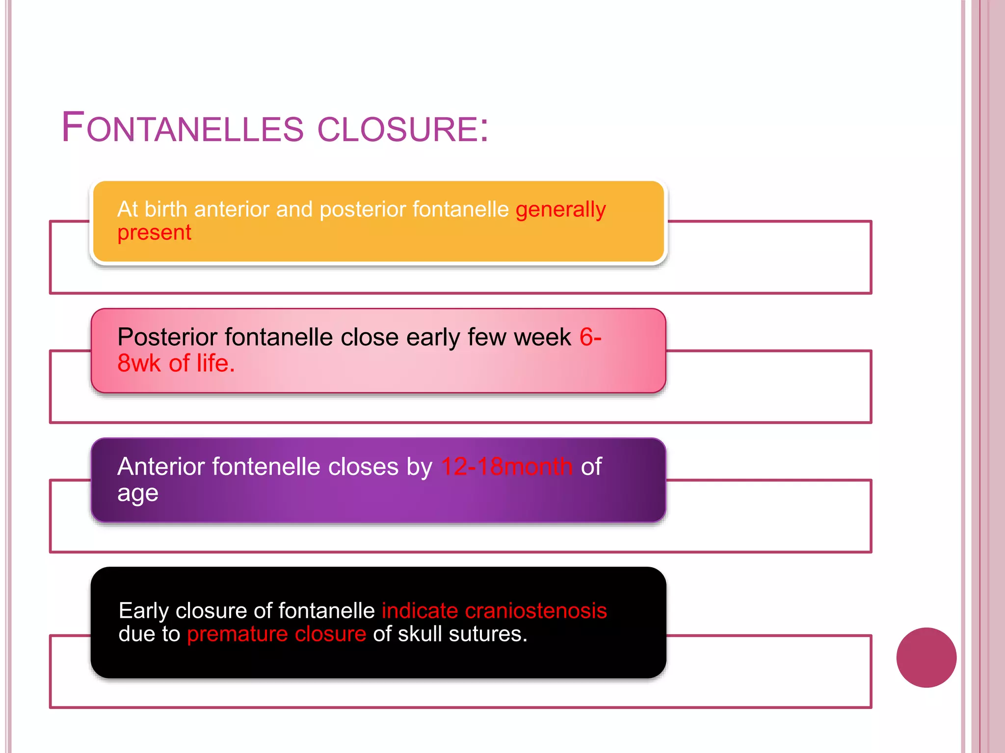 FONTANELLES CLOSURE:
At birth anterior and posterior fontanelle generally
present
Posterior fontanelle close early few week 6-
8wk of life.
Anterior fontenelle closes by 12-18month of
age
Early closure of fontanelle indicate craniostenosis
due to premature closure of skull sutures.
 