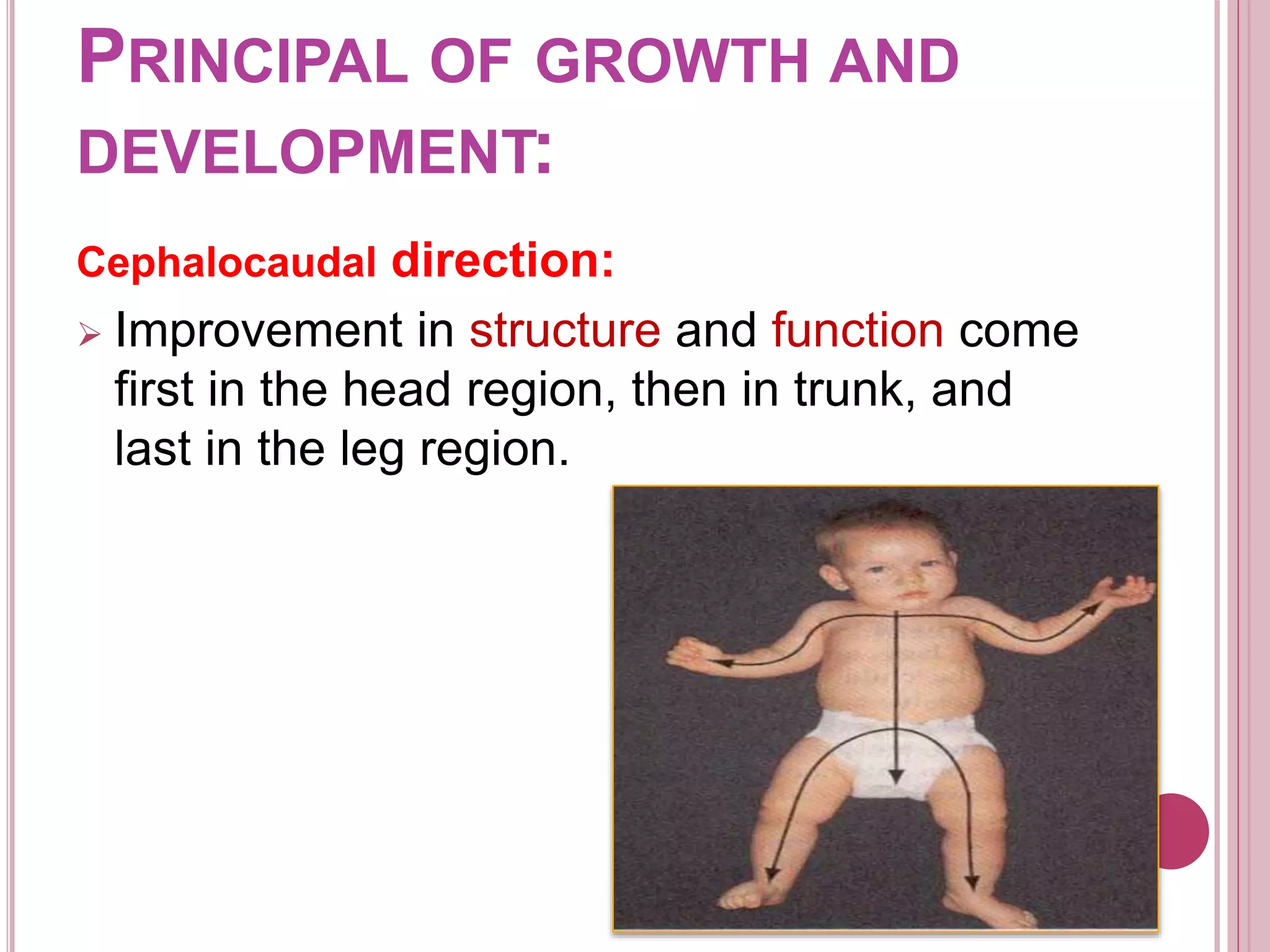 PRINCIPAL OF GROWTH AND
DEVELOPMENT:
Cephalocaudal direction:
 Improvement in structure and function come
first in the head region, then in trunk, and
last in the leg region.
 