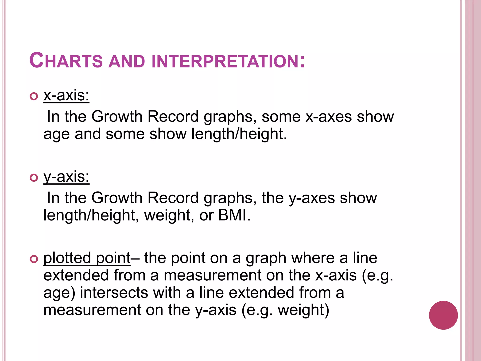 CHARTS AND INTERPRETATION:
 x-axis:
In the Growth Record graphs, some x-axes show
age and some show length/height.
 y-axis:
In the Growth Record graphs, the y-axes show
length/height, weight, or BMI.
 plotted point– the point on a graph where a line
extended from a measurement on the x-axis (e.g.
age) intersects with a line extended from a
measurement on the y-axis (e.g. weight)
 