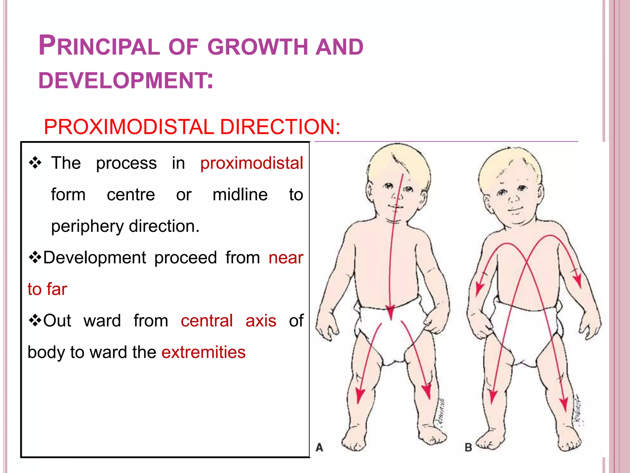 PRINCIPAL OF GROWTH AND
DEVELOPMENT:
PROXIMODISTAL DIRECTION:
; The process in proximodistal
form centre or midline to
periphery direction.
Development proceed from near
to far
Out ward from central axis of
body to ward the extremities
 