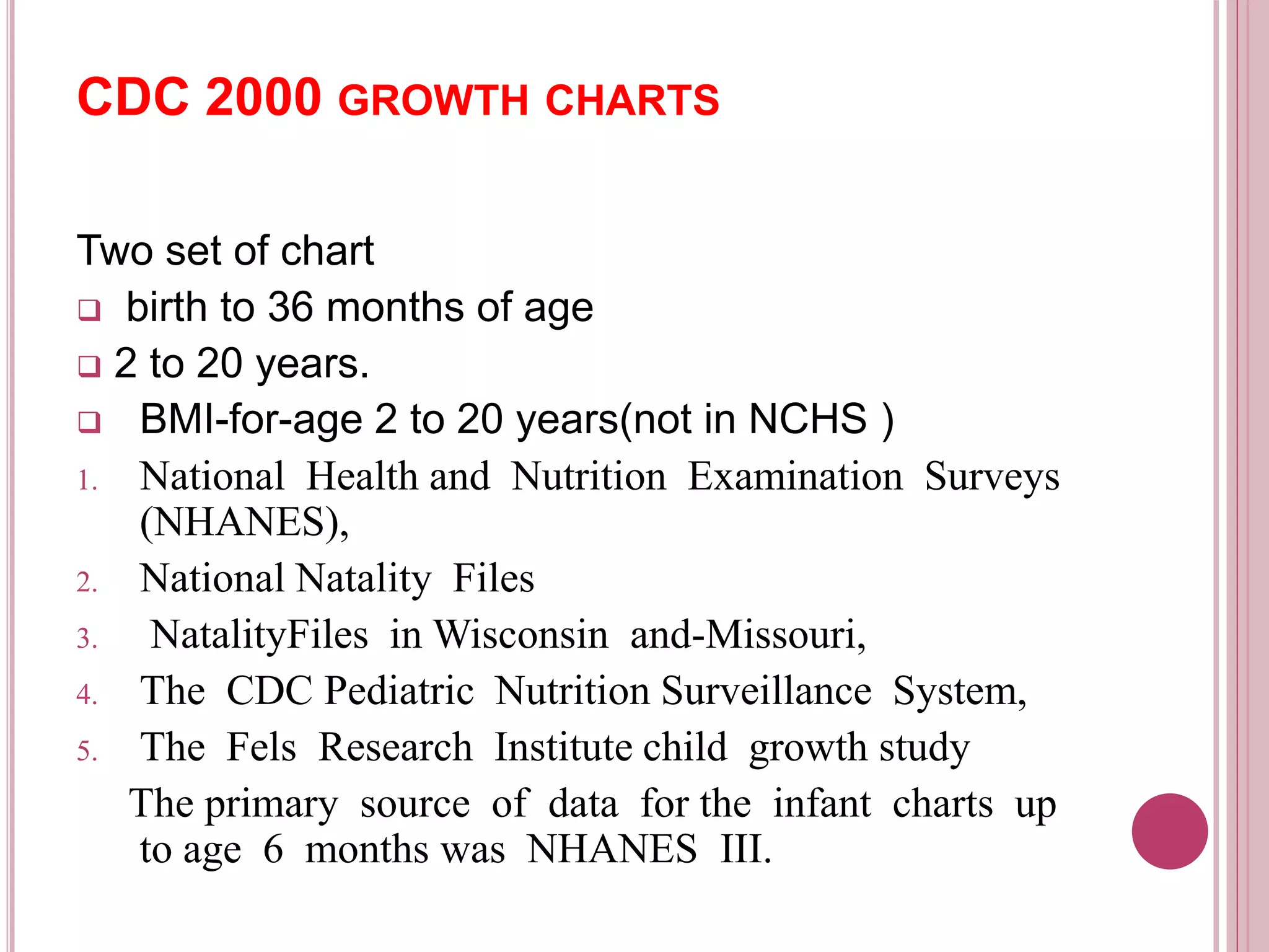 CDC 2000 GROWTH CHARTS
Two set of chart
 birth to 36 months of age
 2 to 20 years.
 BMI-for-age 2 to 20 years(not in NCHS )
1. National Health and Nutrition Examination Surveys
(NHANES),
2. National Natality Files
3. NatalityFiles in Wisconsin and-Missouri,
4. The CDC Pediatric Nutrition Surveillance System,
5. The Fels Research Institute child growth study
The primary source of data for the infant charts up
to age 6 months was NHANES III.
 