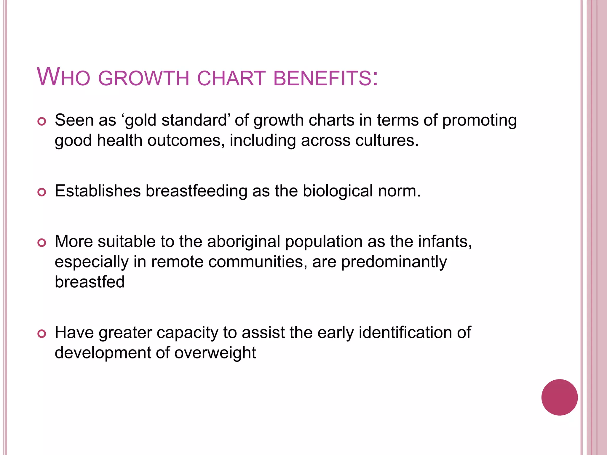 WHO GROWTH CHART BENEFITS:
 Seen as ‘gold standard’ of growth charts in terms of promoting
good health outcomes, including across cultures.
 Establishes breastfeeding as the biological norm.
 More suitable to the aboriginal population as the infants,
especially in remote communities, are predominantly
breastfed
 Have greater capacity to assist the early identification of
development of overweight
 