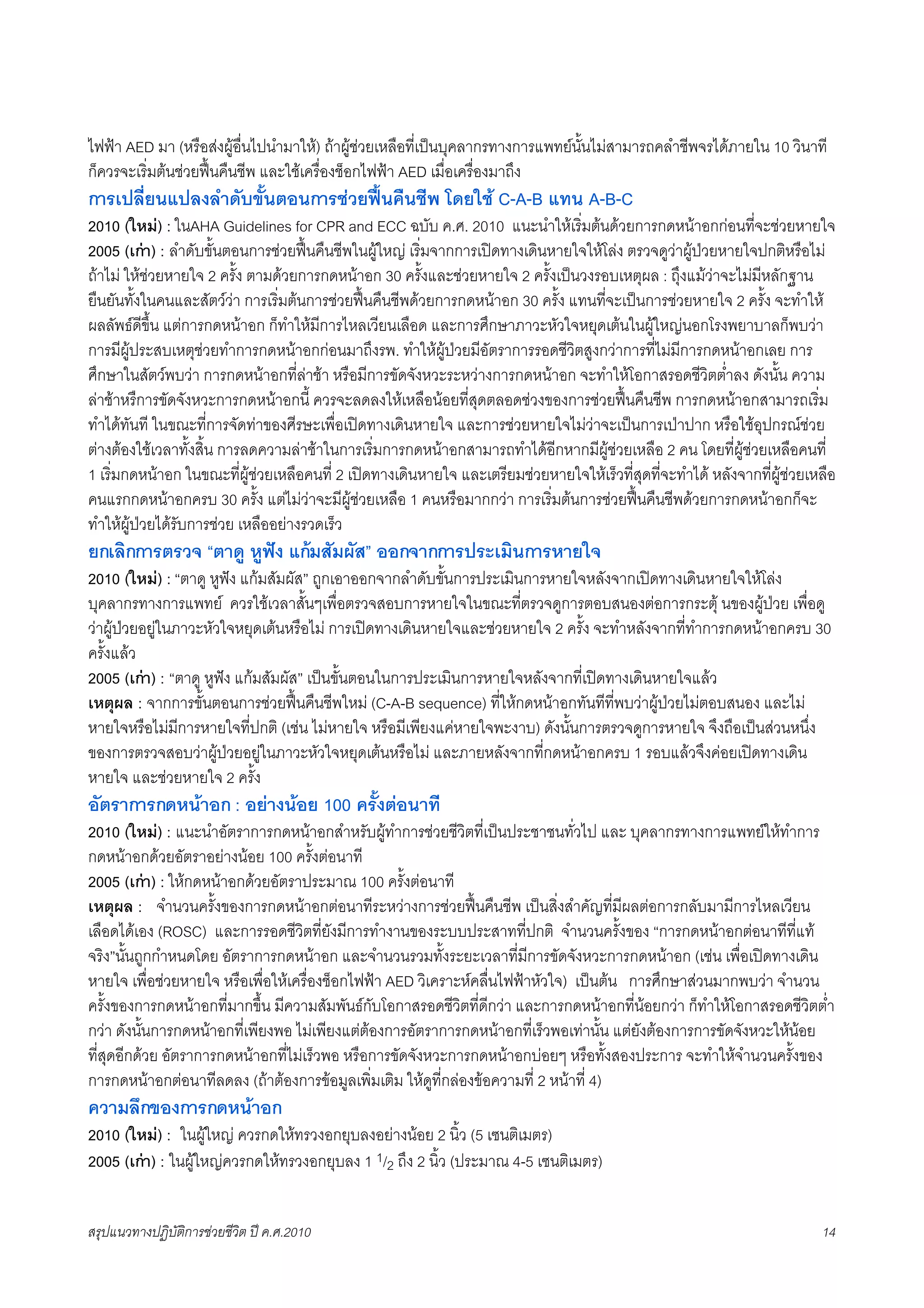 ไฟฟา AED มา (หรือสงผูอื่นไปนำมาให) ถาผูชวยเหลือที่เปนบุคลากรทางการแพทยนั้นไมสามารถคลำชีพจรไดภายใน 10 วินาที
ก็ควรจะเริ่มตนชวยฟนคืนชีพ และใชเครื่องช็อกไฟฟา AED เมื่อเครื่องมาถึง
การเปลี่ยนแปลงลำดับขั้นตอนการชวยฟนคืนชีพ โดยใช C-A-B แทน A-B-C
2010 (ใหม) : ในAHA Guidelines for CPR and ECC ฉบับ ค.ศ. 2010 แนะนำใหเริ่มตนดวยการกดหนาอกกอนที่จะชวยหายใจ
2005 (เกา) : ลำดับขั้นตอนการชวยฟนคืนชีพในผูใหญ เริ่มจากการเปดทางเดินหายใจใหโลง ตรวจดูวาผูปวยหายใจปกติหรือไม
ถาไม ใหชวยหายใจ 2 ครั้ง ตามดวยการกดหนาอก 30 ครั้งและชวยหายใจ 2 ครั้งเปนวงรอบเหตุผล : ถึุงแมวาจะไมมีหลักฐาน
ยืนยันทั้งในคนและสัตววา การเริ่มตนการชวยฟนคืนชีพดวยการกดหนาอก 30 ครั้ง แทนที่จะเปนการชวยหายใจ 2 ครั้ง จะทำให
ผลลัพธดีขึ้น แตการกดหนาอก ก็ทำใหมีการไหลเวียนเลือด และการศึกษาภาวะหัวใจหยุดเตนในผูใหญนอกโรงพยาบาลก็พบวา
การมีผูประสบเหตุชวยทำการกดหนาอกกอนมาถึงรพ. ทำใหผูปวยมีอัตราการรอดชีวิตสูงกวาการที่ไมมีการกดหนาอกเลย การ
ศึกษาในสัตวพบวา การกดหนาอกที่ลาชา หรือมีการขัดจังหวะระหวางการกดหนาอก จะทำใหโอกาสรอดชีวิตต่ำลง ดังนั้น ความ
ลาชาหรืการขัดจังหวะการกดหนาอกนี้ ควรจะลดลงใหเหลือนอยที่สุดตลอดชวงของการชวยฟนคืนชีพ การกดหนาอกสามารถเริ่ม
ทำไดทันที ในขณะที่การจัดทาของศีรษะเพื่อเปดทางเดินหายใจ และการชวยหายใจไมวาจะเปนการเปาปาก หรือใชอุปกรณชวย
ตางตองใชเวลาทั้งสิ้น การลดความลาชาในการเริ่มการกดหนาอกสามารถทำไดอีกหากมีผูชวยเหลือ 2 คน โดยที่ผูชวยเหลือคนที่
1 เริ่มกดหนาอก ในขณะที่ผูชวยเหลือคนที่ 2 เปดทางเดินหายใจ และเตรียมชวยหายใจใหเร็วที่สุดที่จะทำได หลังจากที่ผูชวยเหลือ
คนแรกกดหนาอกครบ 30 ครั้ง แตไมวาจะมีผูชวยเหลือ 1 คนหรือมากกวา การเริ่มตนการชวยฟนคืนชีพดวยการกดหนาอกก็จะ
ทำใหผูปวยไดรับการชวย เหลืออยางรวดเร็ว
ยกเลิกการตรวจ “ตาดู หูฟง แกมสัมผัส” ออกจากการประเมินการหายใจ
2010 (ใหม) : “ตาดู หูฟง แกมสัมผัส” ถูกเอาออกจากลำดับขั้นการประเมินการหายใจหลังจากเปดทางเดินหายใจใหโลง
บุคลากรทางการแพทย ควรใชเวลาสั้นๆเพื่อตรวจสอบการหายใจในขณะที่ตรวจดูการตอบสนองตอการกระตุ นของผูปวย เพื่อดู
วาผูปวยอยูในภาวะหัวใจหยุดเตนหรือไม การเปดทางเดินหายใจและชวยหายใจ 2 ครั้ง จะทำหลังจากที่ทำการกดหนาอกครบ 30
ครั้งแลว
2005 (เกา) : “ตาดู หูฟง แกมสัมผัส” เปนขั้นตอนในการประเมินการหายใจหลังจากที่เปดทางเดินหายใจแลว
เหตุผล : จากการขั้นตอนการชวยฟนคืนชีพใหม (C-A-B sequence) ที่ใหกดหนาอกทันทีที่พบวาผูปวยไมตอบสนอง และไม
หายใจหรือไมมีการหายใจที่ปกติ (เชน ไมหายใจ หรือมีเพียงแคหายใจพะงาบ) ดังนั้นการตรวจดูการหายใจ จึงถือเปนสวนหนึ่ง
ของการตรวจสอบวาผูปวยอยูในภาวะหัวใจหยุดเตนหรือไม และภายหลังจากที่กดหนาอกครบ 1 รอบแลวจึงคอยเปดทางเดิน
หายใจ และชวยหายใจ 2 ครั้ง
อัตราการกดหนาอก : อยางนอย 100 ครั้งตอนาที
2010 (ใหม) : แนะนำอัตราการกดหนาอกสำหรับผูทำการชวยชีวิตที่เปนประชาชนทั่วไป และ บุคลากรทางการแพทยใหทำการ
กดหนาอกดวยอัตราอยางนอย 100 ครั้งตอนาที
2005 (เกา) : ใหกดหนาอกดวยอัตราประมาณ 100 ครั้งตอนาที
เหตุผล : จำนวนครั้งของการกดหนาอกตอนาทีระหวางการชวยฟนคืนชีพ เปนสิ่งสำคัญที่มีผลตอการกลับมามีการไหลเวียน
เลือดไดเอง (ROSC) และการรอดชีวิตที่ยังมีการทำงานของระบบประสาทที่ปกติ จำนวนครั้งของ “การกดหนาอกตอนาทีที่แท
จริง”นั้นถูกกำหนดโดย อัตราการกดหนาอก และจำนวนรวมทั้งระยะเวลาที่มีการขัดจังหวะการกดหนาอก (เชน เพื่อเปดทางเดิน
หายใจ เพื่อชวยหายใจ หรือเพื่อใหเครื่องช็อกไฟฟา AED วิเคราะหคลื่นไฟฟาหัวใจ) เปนตน การศึกษาสวนมากพบวา จำนวน
ครั้งของการกดหนาอกที่มากขึ้น มีความสัมพันธกับโอกาสรอดชีวิตที่ดีกวา และการกดหนาอกที่นอยกวา ก็ทำใหโอกาสรอดชีวิตต่ำ
กวา ดังนั้นการกดหนาอกที่เพียงพอ ไมเพียงแตตองการอัตราการกดหนาอกที่เร็วพอเทานั้น แตยังตองการการขัดจังหวะใหนอย
ที่สุดอีกดวย อัตราการกดหนาอกที่ไมเร็วพอ หรือการขัดจังหวะการกดหนาอกบอยๆ หรือทั้งสองประการ จะทำใหจำนวนครั้งของ
การกดหนาอกตอนาทีลดลง (ถาตองการขอมูลเพิ่มเติม ใหดูที่กลองขอความที่ 2 หนาที่ 4)
ความลึกของการกดหนาอก
2010 (ใหม) : ในผูใหญ ควรกดใหทรวงอกยุบลงอยางนอย 2 นิ้ว (5 เซนติเมตร)
2005 (เกา) : ในผูใหญควรกดใหทรวงอกยุบลง 1 1/2 ถึง 2 นิ้ว (ประมาณ 4-5 เซนติเมตร)


สรุปแนวทางปฏิบัติการชวยชีวิต ป ค.ศ.20108                                                                                14
 