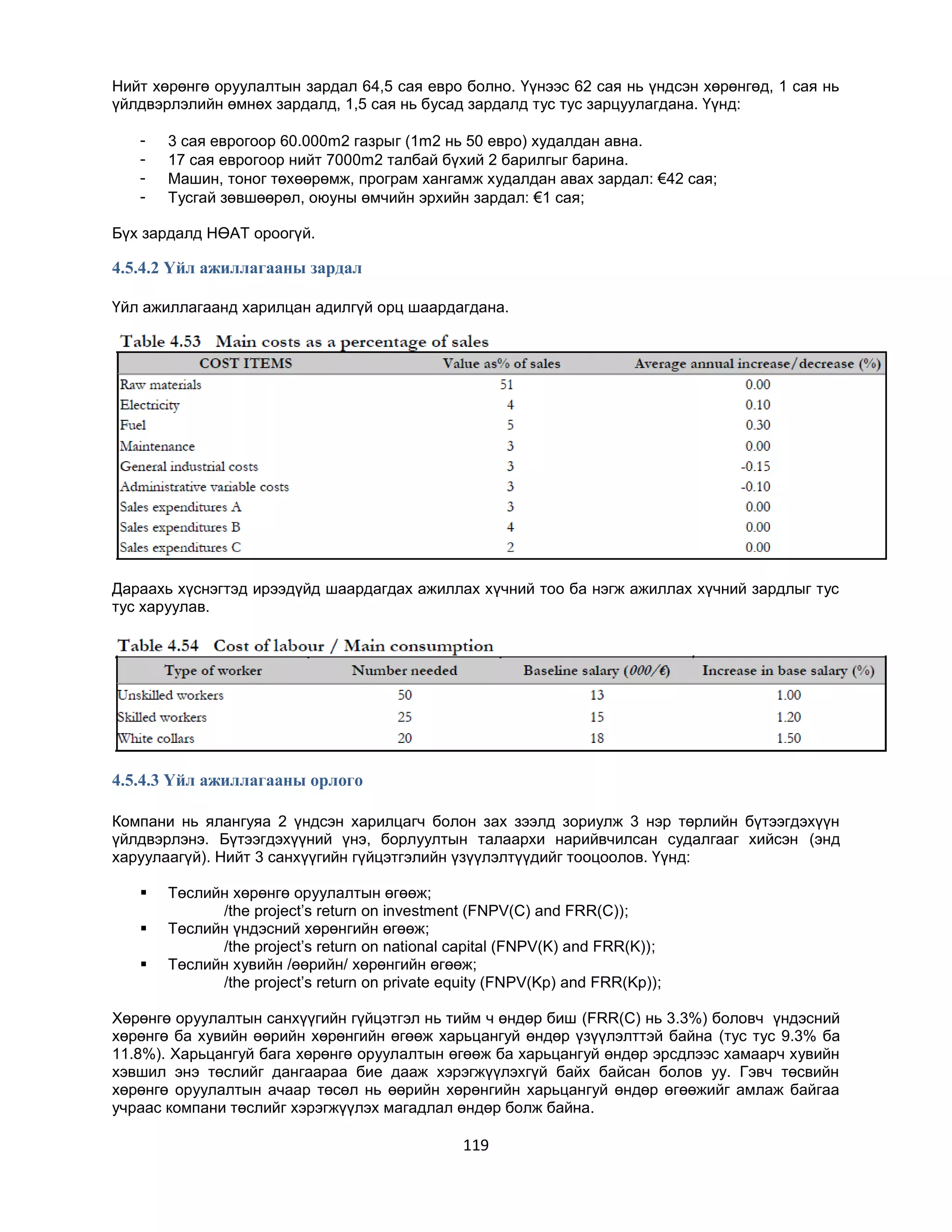 Нийт хөрөнгө оруулалтын зардал 64,5 сая евро болно. Үүнээс 62 сая нь үндсэн хөрөнгөд, 1 сая нь
үйлдвэрлэлийн өмнөх зардалд, 1,5 сая нь бусад зардалд тус тус зарцуулагдана. Үүнд:
-

3 сая еврогоор 60.000m2 газрыг (1m2 нь 50 евро) худалдан авна.
17 сая еврогоор нийт 7000m2 талбай бүхий 2 барилгыг барина.
Машин, тоног төхөөрөмж, програм хангамж худалдан авах зардал: €42 сая;
Тусгай зөвшөөрөл, оюуны өмчийн эрхийн зардал: €1 сая;

Бүх зардалд НӨАТ ороогүй.

4.5.4.2 Үйл ажиллагааны зардал
Үйл ажиллагаанд харилцан адилгүй орц шаардагдана.

Дараахь хүснэгтэд ирээдүйд шаардагдах ажиллах хүчний тоо ба нэгж ажиллах хүчний зардлыг тус
тус харуулав.

4.5.4.3 Үйл ажиллагааны орлого
Компани нь ялангуяа 2 үндсэн харилцагч болон зах зээлд зориулж 3 нэр төрлийн бүтээгдэхүүн
үйлдвэрлэнэ. Бүтээгдэхүүний үнэ, борлуултын талаархи нарийвчилсан судалгааг хийсэн (энд
харуулаагүй). Нийт 3 санхүүгийн гүйцэтгэлийн үзүүлэлтүүдийг тооцоолов. Үүнд:




Төслийн хөрөнгө оруулалтын өгөөж;
/the project‟s return on investment (FNPV(C) and FRR(C));
Төслийн үндэсний хөрөнгийн өгөөж;
/the project‟s return on national capital (FNPV(K) and FRR(K));
Төслийн хувийн /өөрийн/ хөрөнгийн өгөөж;
/the project‟s return on private equity (FNPV(Kp) and FRR(Kp));

Хөрөнгө оруулалтын санхүүгийн гүйцэтгэл нь тийм ч өндөр биш (FRR(C) нь 3.3%) боловч үндэсний
хөрөнгө ба хувийн өөрийн хөрөнгийн өгөөж харьцангуй өндөр үзүүлэлттэй байна (тус тус 9.3% ба
11.8%). Харьцангуй бага хөрөнгө оруулалтын өгөөж ба харьцангуй өндөр эрсдлээс хамаарч хувийн
хэвшил энэ төслийг дангаараа бие дааж хэрэгжүүлэхгүй байх байсан болов уу. Гэвч төсвийн
хөрөнгө оруулалтын ачаар төсөл нь өөрийн хөрөнгийн харьцангуй өндөр өгөөжийг амлаж байгаа
учраас компани төслийг хэрэгжүүлэх магадлал өндөр болж байна.

119

 