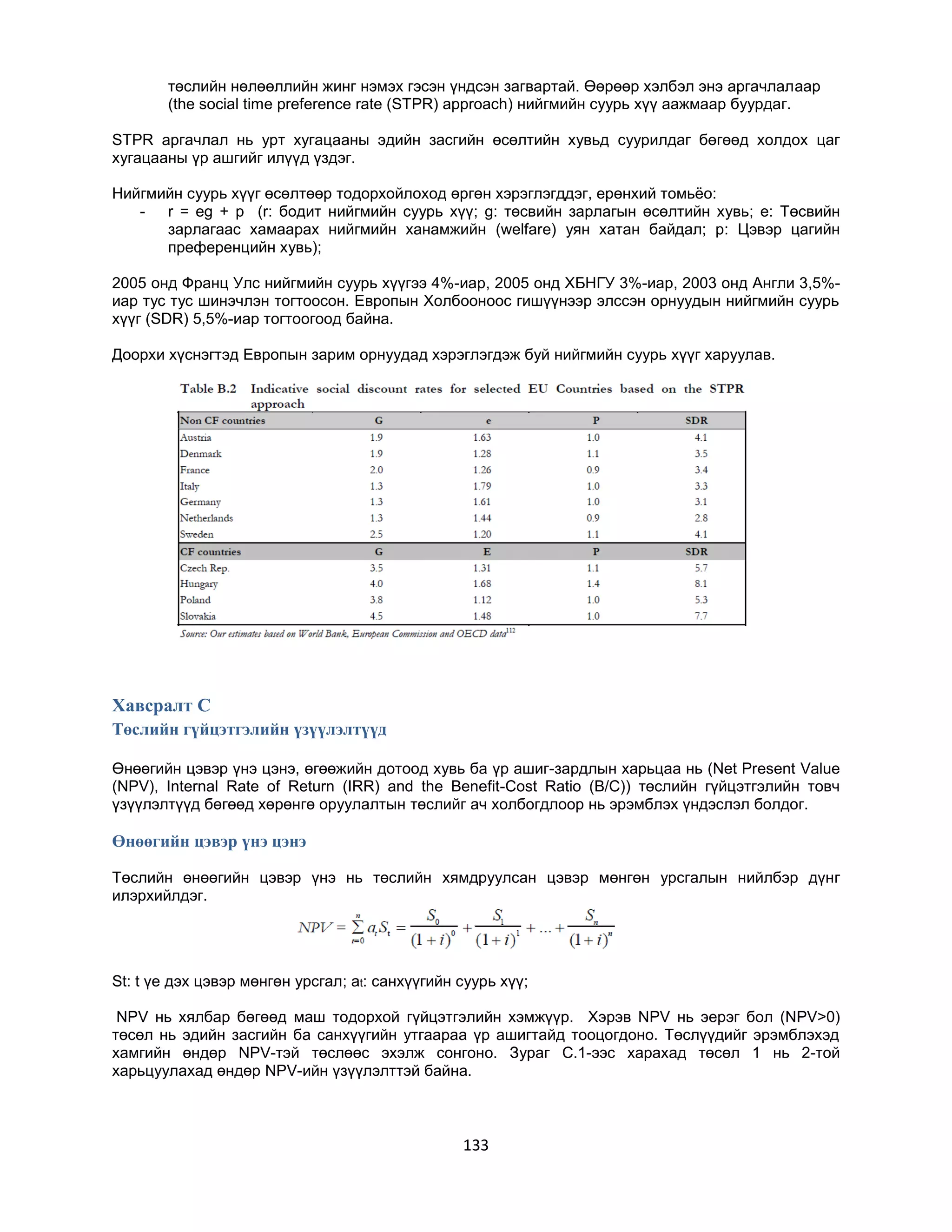 төслийн нөлөөллийн жинг нэмэх гэсэн үндсэн загвартай. Өөрөөр хэлбэл энэ аргачлалаар
(the social time preference rate (STPR) approach) нийгмийн суурь хүү аажмаар буурдаг.
STPR аргачлал нь урт хугацааны эдийн засгийн өсөлтийн хувьд суурилдаг бөгөөд холдох цаг
хугацааны үр ашгийг илүүд үздэг.
Нийгмийн суурь хүүг өсөлтөөр тодорхойлоход өргөн хэрэглэгддэг, ерөнхий томьѐо:
- r = eg + p (r: бодит нийгмийн суурь хүү; g: төсвийн зарлагын өсөлтийн хувь; e: Төсвийн
зарлагаас хамаарах нийгмийн ханамжийн (welfare) уян хатан байдал; p: Цэвэр цагийн
преференцийн хувь);
2005 онд Франц Улс нийгмийн суурь хүүгээ 4%-иар, 2005 онд ХБНГУ 3%-иар, 2003 онд Англи 3,5%иар тус тус шинэчлэн тогтоосон. Европын Холбооноос гишүүнээр элссэн орнуудын нийгмийн суурь
хүүг (SDR) 5,5%-иар тогтоогоод байна.
Доорхи хүснэгтэд Европын зарим орнуудад хэрэглэгдэж буй нийгмийн суурь хүүг харуулав.

Хавсралт C
Төслийн гүйцэтгэлийн үзүүлэлтүүд
Өнөөгийн цэвэр үнэ цэнэ, өгөөжийн дотоод хувь ба үр ашиг-зардлын харьцаа нь (Net Present Value
(NPV), Internal Rate of Return (IRR) and the Benefit-Cost Ratio (B/C)) төслийн гүйцэтгэлийн товч
үзүүлэлтүүд бөгөөд хөрөнгө оруулалтын төслийг ач холбогдлоор нь эрэмблэх үндэслэл болдог.

Өнөөгийн цэвэр үнэ цэнэ
Төслийн өнөөгийн цэвэр үнэ нь төслийн хямдруулсан цэвэр мөнгөн урсгалын нийлбэр дүнг
илэрхийлдэг.

St: t үе дэх цэвэр мөнгөн урсгал; at: санхүүгийн суурь хүү;
NPV нь хялбар бөгөөд маш тодорхой гүйцэтгэлийн хэмжүүр. Хэрэв NPV нь эерэг бол (NPV>0)
төсөл нь эдийн засгийн ба санхүүгийн утгаараа үр ашигтайд тооцогдоно. Төслүүдийг эрэмблэхэд
хамгийн өндөр NPV-тэй төслөөс эхэлж сонгоно. Зураг C.1-ээс харахад төсөл 1 нь 2-той
харьцуулахад өндөр NPV-ийн үзүүлэлттэй байна.

133

 