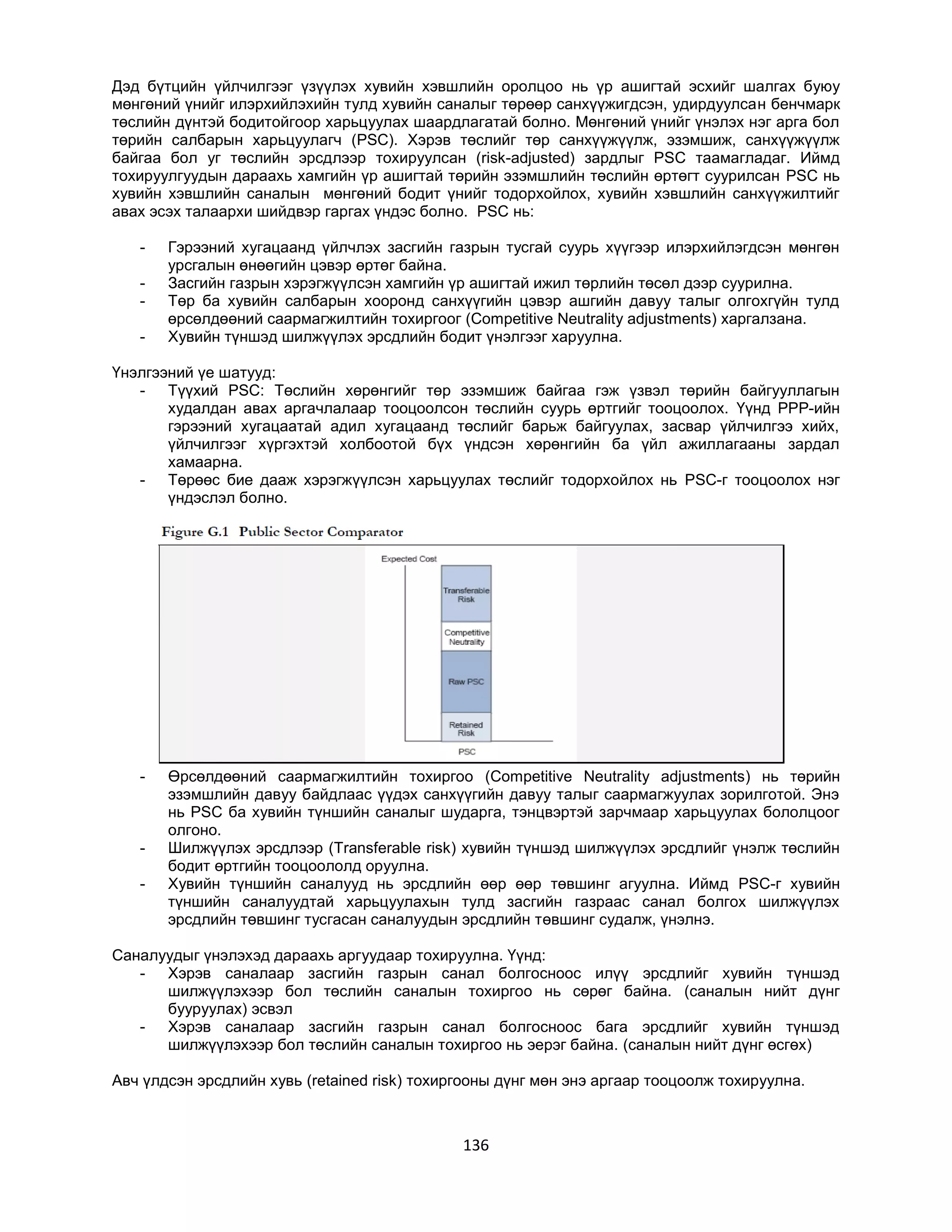 Дэд бүтцийн үйлчилгээг үзүүлэх хувийн хэвшлийн оролцоо нь үр ашигтай эсхийг шалгах буюу
мөнгөний үнийг илэрхийлэхийн тулд хувийн саналыг төрөөр санхүүжигдсэн, удирдуулсан бенчмарк
төслийн дүнтэй бодитойгоор харьцуулах шаардлагатай болно. Мөнгөний үнийг үнэлэх нэг арга бол
төрийн салбарын харьцуулагч (PSC). Хэрэв төслийг төр санхүүжүүлж, эзэмшиж, санхүүжүүлж
байгаа бол уг төслийн эрсдлээр тохируулсан (risk-adjusted) зардлыг PSC таамагладаг. Иймд
тохируулгуудын дараахь хамгийн үр ашигтай төрийн эзэмшлийн төслийн өртөгт суурилсан PSC нь
хувийн хэвшлийн саналын мөнгөний бодит үнийг тодорхойлох, хувийн хэвшлийн санхүүжилтийг
авах эсэх талаархи шийдвэр гаргах үндэс болно. PSC нь:
-

Гэрээний хугацаанд үйлчлэх засгийн газрын тусгай суурь хүүгээр илэрхийлэгдсэн мөнгөн
урсгалын өнөөгийн цэвэр өртөг байна.
Засгийн газрын хэрэгжүүлсэн хамгийн үр ашигтай ижил төрлийн төсөл дээр суурилна.
Төр ба хувийн салбарын хооронд санхүүгийн цэвэр ашгийн давуу талыг олгохгүйн тулд
өрсөлдөөний саармагжилтийн тохиргоог (Competitive Neutrality adjustments) харгалзана.
Хувийн түншэд шилжүүлэх эрсдлийн бодит үнэлгээг харуулна.

Үнэлгээний үе шатууд:
- Түүхий PSC: Төслийн хөрөнгийг төр эзэмшиж байгаа гэж үзвэл төрийн байгууллагын
худалдан авах аргачлалаар тооцоолсон төслийн суурь өртгийг тооцоолох. Үүнд PPP-ийн
гэрээний хугацаатай адил хугацаанд төслийг барьж байгуулах, засвар үйлчилгээ хийх,
үйлчилгээг хүргэхтэй холбоотой бүх үндсэн хөрөнгийн ба үйл ажиллагааны зардал
хамаарна.
- Төрөөс бие дааж хэрэгжүүлсэн харьцуулах төслийг тодорхойлох нь PSC-г тооцоолох нэг
үндэслэл болно.

-

-

Өрсөлдөөний саармагжилтийн тохиргоо (Competitive Neutrality adjustments) нь төрийн
эзэмшлийн давуу байдлаас үүдэх санхүүгийн давуу талыг саармагжуулах зорилготой. Энэ
нь PSC ба хувийн түншийн саналыг шударга, тэнцвэртэй зарчмаар харьцуулах бололцоог
олгоно.
Шилжүүлэх эрсдлээр (Transferable risk) хувийн түншэд шилжүүлэх эрсдлийг үнэлж төслийн
бодит өртгийн тооцоололд оруулна.
Хувийн түншийн саналууд нь эрсдлийн өөр өөр төвшинг агуулна. Иймд PSC-г хувийн
түншийн саналуудтай харьцуулахын тулд засгийн газраас санал болгох шилжүүлэх
эрсдлийн төвшинг тусгасан саналуудын эрсдлийн төвшинг судалж, үнэлнэ.

Саналуудыг үнэлэхэд дараахь аргуудаар тохируулна. Үүнд:
- Хэрэв саналаар засгийн газрын санал болгосноос илүү эрсдлийг хувийн түншэд
шилжүүлэхээр бол төслийн саналын тохиргоо нь сөрөг байна. (саналын нийт дүнг
бууруулах) эсвэл
- Хэрэв саналаар засгийн газрын санал болгосноос бага эрсдлийг хувийн түншэд
шилжүүлэхээр бол төслийн саналын тохиргоо нь эерэг байна. (саналын нийт дүнг өсгөх)
Авч үлдсэн эрсдлийн хувь (retained risk) тохиргооны дүнг мөн энэ аргаар тооцоолж тохируулна.

136

 