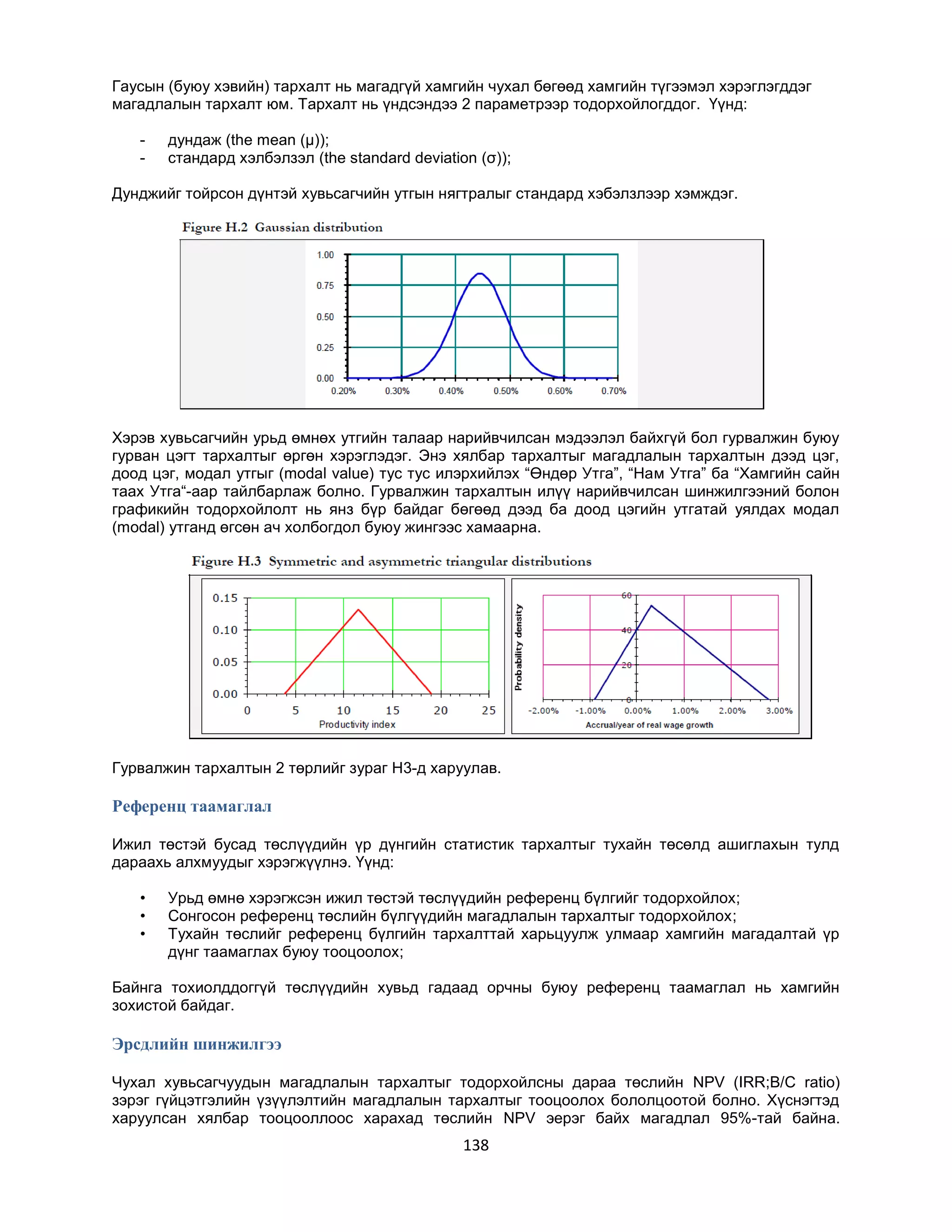 Гаусын (буюу хэвийн) тархалт нь магадгүй хамгийн чухал бөгөөд хамгийн түгээмэл хэрэглэгддэг
магадлалын тархалт юм. Тархалт нь үндсэндээ 2 параметрээр тодорхойлогддог. Үүнд:
-

дундаж (the mean (μ));
стандард хэлбэлзэл (the standard deviation (σ));

Дунджийг тойрсон дүнтэй хувьсагчийн утгын нягтралыг стандард хэбэлзлээр хэмждэг.

Хэрэв хувьсагчийн урьд өмнөх утгийн талаар нарийвчилсан мэдээлэл байхгүй бол гурвалжин буюу
гурван цэгт тархалтыг өргөн хэрэглэдэг. Энэ хялбар тархалтыг магадлалын тархалтын дээд цэг,
доод цэг, модал утгыг (modal value) тус тус илэрхийлэх “Өндөр Утга”, “Нам Утга” ба “Хамгийн сайн
таах Утга“-аар тайлбарлаж болно. Гурвалжин тархалтын илүү нарийвчилсан шинжилгээний болон
графикийн тодорхойлолт нь янз бүр байдаг бөгөөд дээд ба доод цэгийн утгатай уялдах модал
(modal) утганд өгсөн ач холбогдол буюу жингээс хамаарна.

Гурвалжин тархалтын 2 төрлийг зураг H3-д харуулав.

Референц таамаглал
Ижил төстэй бусад төслүүдийн үр дүнгийн статистик тархалтыг тухайн төсөлд ашиглахын тулд
дараахь алхмуудыг хэрэгжүүлнэ. Үүнд:
•
•
•

Урьд өмнө хэрэгжсэн ижил төстэй төслүүдийн референц бүлгийг тодорхойлох;
Сонгосон референц төслийн бүлгүүдийн магадлалын тархалтыг тодорхойлох;
Тухайн төслийг референц бүлгийн тархалттай харьцуулж улмаар хамгийн магадалтай үр
дүнг таамаглах буюу тооцоолох;

Байнга тохиолддоггүй төслүүдийн хувьд гадаад орчны буюу референц таамаглал нь хамгийн
зохистой байдаг.

Эрсдлийн шинжилгээ
Чухал хувьсагчуудын магадлалын тархалтыг тодорхойлсны дараа төслийн NPV (IRR;B/C ratio)
зэрэг гүйцэтгэлийн үзүүлэлтийн магадлалын тархалтыг тооцоолох бололцоотой болно. Хүснэгтэд
харуулсан хялбар тооцооллоос харахад төслийн NPV эерэг байх магадлал 95%-тай байна.

138

 