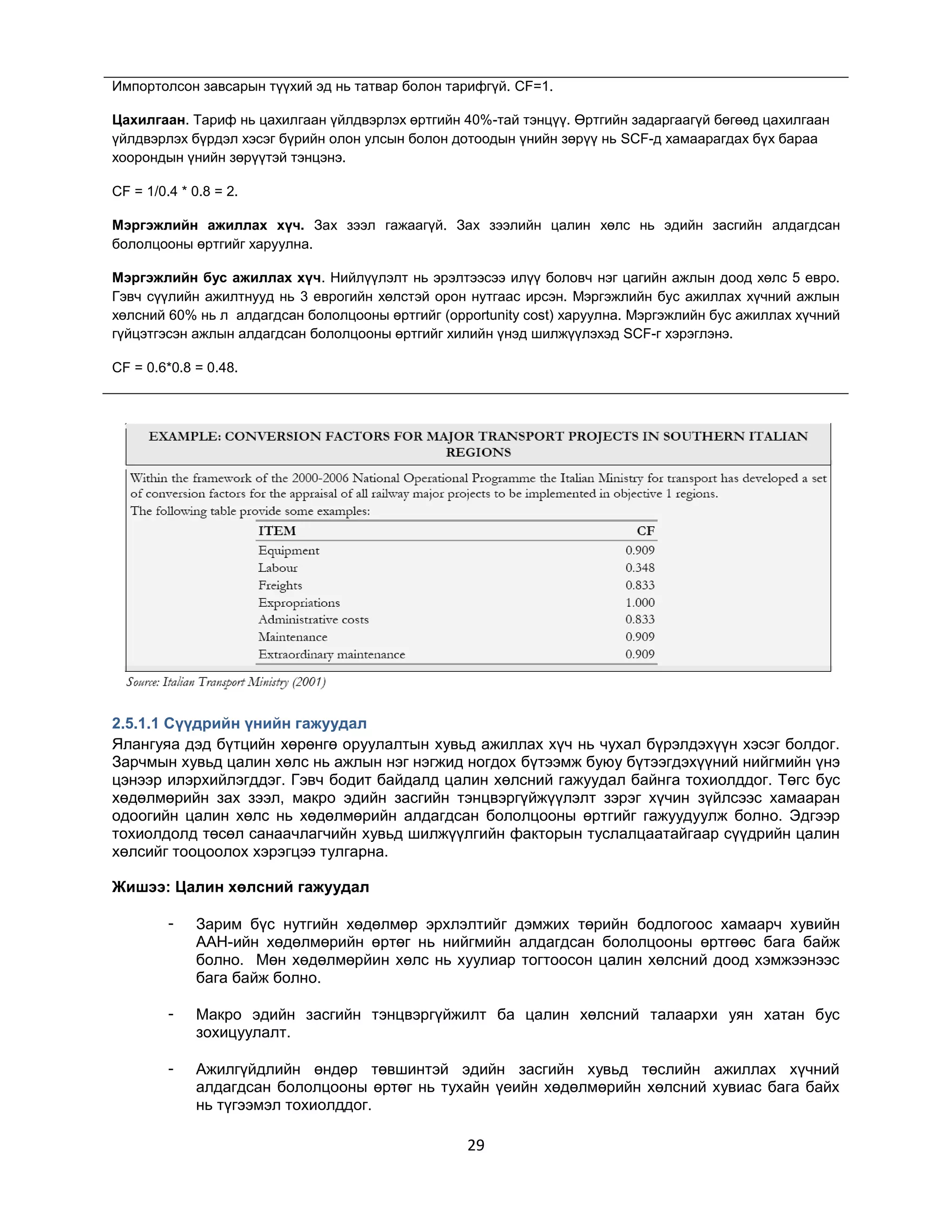 Импортолсон завсарын түүхий эд нь татвар болон тарифгүй. CF=1.
Цахилгаан. Тариф нь цахилгаан үйлдвэрлэх өртгийн 40%-тай тэнцүү. Өртгийн задаргаагүй бөгөөд цахилгаан
үйлдвэрлэх бүрдэл хэсэг бүрийн олон улсын болон дотоодын үнийн зөрүү нь SCF-д хамаарагдах бүх бараа
хоорондын үнийн зөрүүтэй тэнцэнэ.
CF = 1/0.4 * 0.8 = 2.
Мэргэжлийн ажиллах хүч. Зах зээл гажаагүй. Зах зээлийн цалин хөлс нь эдийн засгийн алдагдсан
бололцооны өртгийг харуулна.
Мэргэжлийн бус ажиллах хүч. Нийлүүлэлт нь эрэлтээсээ илүү боловч нэг цагийн ажлын доод хөлс 5 евро.
Гэвч сүүлийн ажилтнууд нь 3 еврогийн хөлстэй орон нутгаас ирсэн. Мэргэжлийн бус ажиллах хүчний ажлын
хөлсний 60% нь л алдагдсан бололцооны өртгийг (opportunity cost) харуулна. Мэргэжлийн бус ажиллах хүчний
гүйцэтгэсэн ажлын алдагдсан бололцооны өртгийг хилийн үнэд шилжүүлэхэд SCF-г хэрэглэнэ.
CF = 0.6*0.8 = 0.48.

2.5.1.1 Сүүдрийн үнийн гажуудал
Ялангуяа дэд бүтцийн хөрөнгө оруулалтын хувьд ажиллах хүч нь чухал бүрэлдэхүүн хэсэг болдог.
Зарчмын хувьд цалин хөлс нь ажлын нэг нэгжид ногдох бүтээмж буюу бүтээгдэхүүний нийгмийн үнэ
цэнээр илэрхийлэгддэг. Гэвч бодит байдалд цалин хөлсний гажуудал байнга тохиолддог. Төгс бус
хөдөлмөрийн зах зээл, макро эдийн засгийн тэнцвэргүйжүүлэлт зэрэг хүчин зүйлсээс хамааран
одоогийн цалин хөлс нь хөдөлмөрийн алдагдсан бололцооны өртгийг гажуудуулж болно. Эдгээр
тохиолдолд төсөл санаачлагчийн хувьд шилжүүлгийн факторын туслалцаатайгаар сүүдрийн цалин
хөлсийг тооцоолох хэрэгцээ тулгарна.
Жишээ: Цалин хөлсний гажуудал
-

Зарим бүс нутгийн хөдөлмөр эрхлэлтийг дэмжих төрийн бодлогоос хамаарч хувийн
ААН-ийн хөдөлмөрийн өртөг нь нийгмийн алдагдсан бололцооны өртгөөс бага байж
болно. Мөн хөдөлмөрйин хөлс нь хуулиар тогтоосон цалин хөлсний доод хэмжээнээс
бага байж болно.

-

Макро эдийн засгийн тэнцвэргүйжилт ба цалин хөлсний талаархи уян хатан бус
зохицуулалт.

-

Ажилгүйдлийн өндөр төвшинтэй эдийн засгийн хувьд төслийн ажиллах хүчний
алдагдсан бололцооны өртөг нь тухайн үеийн хөдөлмөрийн хөлсний хувиас бага байх
нь түгээмэл тохиолддог.

29

 