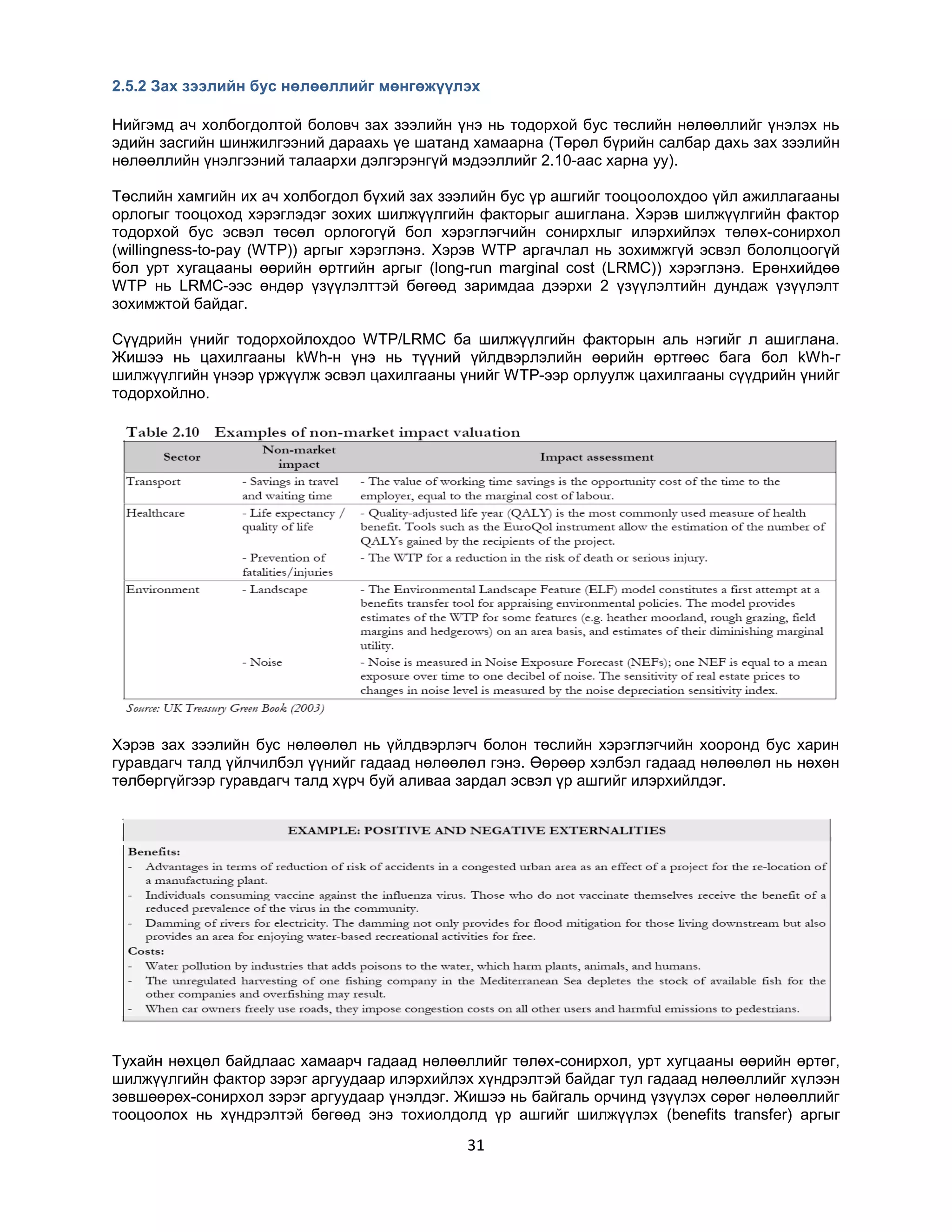 2.5.2 Зах зээлийн бус нөлөөллийг мөнгөжүүлэх
Нийгэмд ач холбогдолтой боловч зах зээлийн үнэ нь тодорхой бус төслийн нөлөөллийг үнэлэх нь
эдийн засгийн шинжилгээний дараахь үе шатанд хамаарна (Төрөл бүрийн салбар дахь зах зээлийн
нөлөөллийн үнэлгээний талаархи дэлгэрэнгүй мэдээллийг 2.10-аас харна уу).
Төслийн хамгийн их ач холбогдол бүхий зах зээлийн бус үр ашгийг тооцоолохдоо үйл ажиллагааны
орлогыг тооцоход хэрэглэдэг зохих шилжүүлгийн факторыг ашиглана. Хэрэв шилжүүлгийн фактор
тодорхой бус эсвэл төсөл орлогогүй бол хэрэглэгчийн сонирхлыг илэрхийлэх төлөх-сонирхол
(willingness-to-pay (WTP)) аргыг хэрэглэнэ. Хэрэв WTP аргачлал нь зохимжгүй эсвэл бололцоогүй
бол урт хугацааны өөрийн өртгийн аргыг (long-run marginal cost (LRMC)) хэрэглэнэ. Ерөнхийдөө
WTP нь LRMC-ээс өндөр үзүүлэлттэй бөгөөд заримдаа дээрхи 2 үзүүлэлтийн дундаж үзүүлэлт
зохимжтой байдаг.
Сүүдрийн үнийг тодорхойлохдоо WTP/LRMC ба шилжүүлгийн факторын аль нэгийг л ашиглана.
Жишээ нь цахилгааны kWh-н үнэ нь түүний үйлдвэрлэлийн өөрийн өртгөөс бага бол kWh-г
шилжүүлгийн үнээр үржүүлж эсвэл цахилгааны үнийг WTP-ээр орлуулж цахилгааны сүүдрийн үнийг
тодорхойлно.

Хэрэв зах зээлийн бус нөлөөлөл нь үйлдвэрлэгч болон төслийн хэрэглэгчийн хооронд бус харин
гуравдагч талд үйлчилбэл үүнийг гадаад нөлөөлөл гэнэ. Өөрөөр хэлбэл гадаад нөлөөлөл нь нөхөн
төлбөргүйгээр гуравдагч талд хүрч буй аливаа зардал эсвэл үр ашгийг илэрхийлдэг.

Тухайн нөхцөл байдлаас хамаарч гадаад нөлөөллийг төлөх-сонирхол, урт хугцааны өөрийн өртөг,
шилжүүлгийн фактор зэрэг аргуудаар илэрхийлэх хүндрэлтэй байдаг тул гадаад нөлөөллийг хүлээн
зөвшөөрөх-сонирхол зэрэг аргуудаар үнэлдэг. Жишээ нь байгаль орчинд үзүүлэх сөрөг нөлөөллийг
тооцоолох нь хүндрэлтэй бөгөөд энэ тохиолдолд үр ашгийг шилжүүлэх (benefits transfer) аргыг

31

 