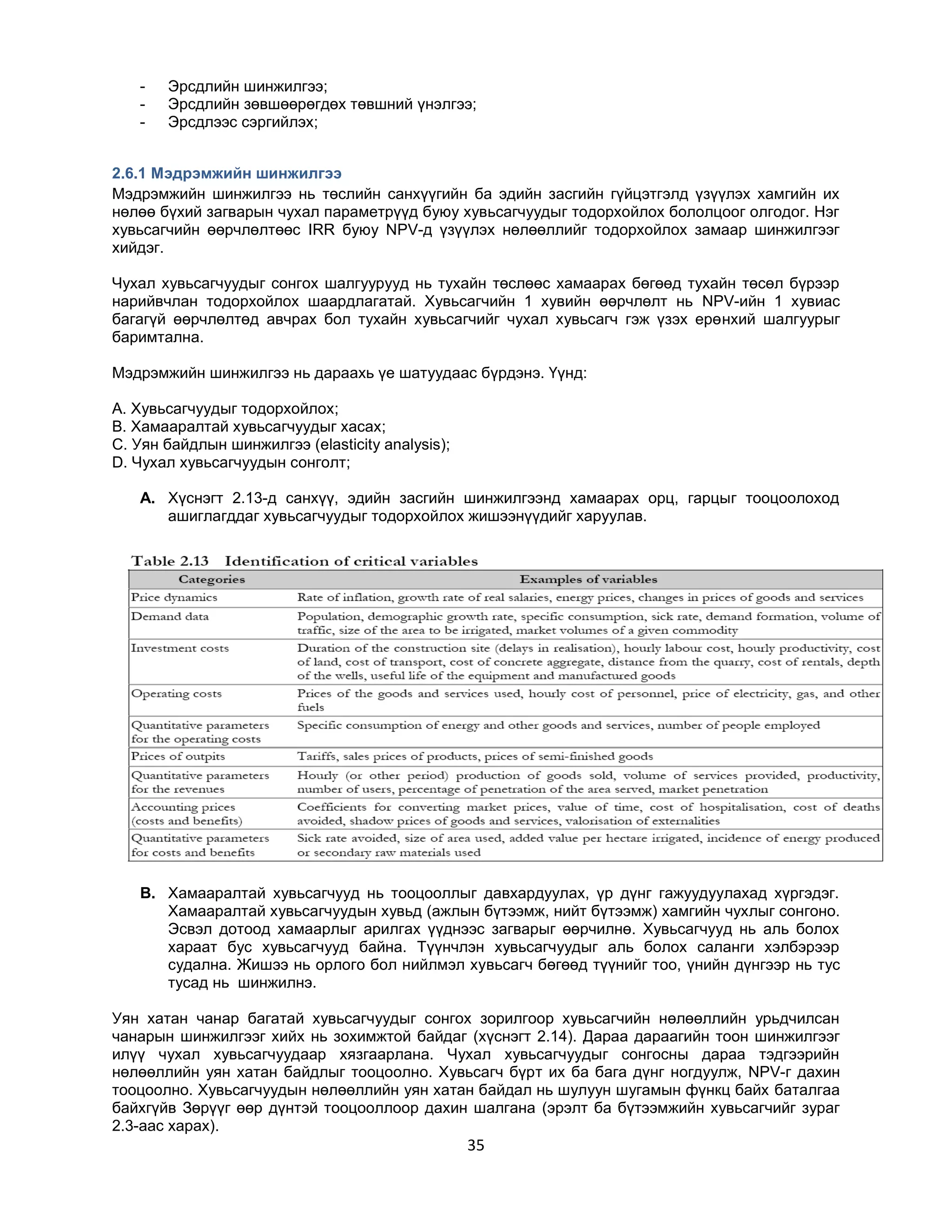 -

Эрсдлийн шинжилгээ;
Эрсдлийн зөвшөөрөгдөх төвшний үнэлгээ;
Эрсдлээс сэргийлэх;

2.6.1 Мэдрэмжийн шинжилгээ
Мэдрэмжийн шинжилгээ нь төслийн санхүүгийн ба эдийн засгийн гүйцэтгэлд үзүүлэх хамгийн их
нөлөө бүхий загварын чухал параметрүүд буюу хувьсагчуудыг тодорхойлох бололцоог олгодог. Нэг
хувьсагчийн өөрчлөлтөөс IRR буюу NPV-д үзүүлэх нөлөөллийг тодорхойлох замаар шинжилгээг
хийдэг.
Чухал хувьсагчуудыг сонгох шалгуурууд нь тухайн төслөөс хамаарах бөгөөд тухайн төсөл бүрээр
нарийвчлан тодорхойлох шаардлагатай. Хувьсагчийн 1 хувийн өөрчлөлт нь NPV-ийн 1 хувиас
багагүй өөрчлөлтөд авчрах бол тухайн хувьсагчийг чухал хувьсагч гэж үзэх ерөнхий шалгуурыг
баримтална.
Мэдрэмжийн шинжилгээ нь дараахь үе шатуудаас бүрдэнэ. Үүнд:
A. Хувьсагчуудыг тодорхойлох;
B. Хамааралтай хувьсагчуудыг хасах;
C. Уян байдлын шинжилгээ (elasticity analysis);
D. Чухал хувьсагчуудын сонголт;
A. Хүснэгт 2.13-д санхүү, эдийн засгийн шинжилгээнд хамаарах орц, гарцыг тооцоолоход
ашиглагддаг хувьсагчуудыг тодорхойлох жишээнүүдийг харуулав.

B. Хамааралтай хувьсагчууд нь тооцооллыг давхардуулах, үр дүнг гажуудуулахад хүргэдэг.
Хамааралтай хувьсагчуудын хувьд (ажлын бүтээмж, нийт бүтээмж) хамгийн чухлыг сонгоно.
Эсвэл дотоод хамаарлыг арилгах үүднээс загварыг өөрчилнө. Хувьсагчууд нь аль болох
хараат бус хувьсагчууд байна. Түүнчлэн хувьсагчуудыг аль болох саланги хэлбэрээр
судална. Жишээ нь орлого бол нийлмэл хувьсагч бөгөөд түүнийг тоо, үнийн дүнгээр нь тус
тусад нь шинжилнэ.
Уян хатан чанар багатай хувьсагчуудыг сонгох зорилгоор хувьсагчийн нөлөөллийн урьдчилсан
чанарын шинжилгээг хийх нь зохимжтой байдаг (хүснэгт 2.14). Дараа дараагийн тоон шинжилгээг
илүү чухал хувьсагчуудаар хязгаарлана. Чухал хувьсагчуудыг сонгосны дараа тэдгээрийн
нөлөөллийн уян хатан байдлыг тооцоолно. Хувьсагч бүрт их ба бага дүнг ногдуулж, NPV-г дахин
тооцоолно. Хувьсагчуудын нөлөөллийн уян хатан байдал нь шулуун шугамын фүнкц байх баталгаа
байхгүйв Зөрүүг өөр дүнтэй тооцооллоор дахин шалгана (эрэлт ба бүтээмжийн хувьсагчийг зураг
2.3-аас харах).

35

 