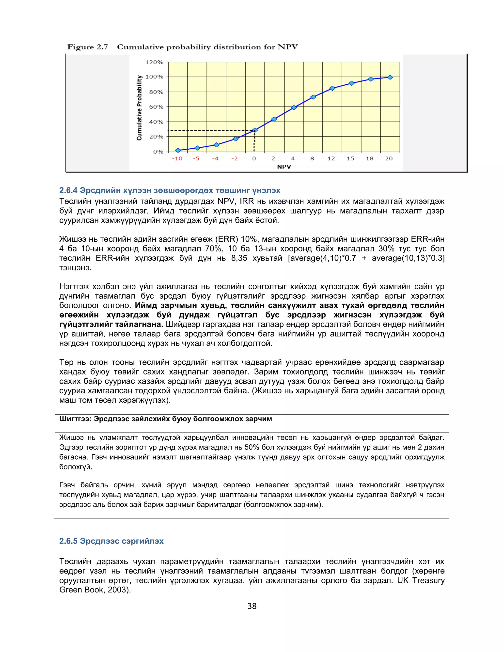 2.6.4 Эрсдлийн хүлээн зөвшөөрөгдөх төвшинг үнэлэх
Төслийн үнэлгээний тайланд дурдагдах NPV, IRR нь ихэвчлэн хамгийн их магадлалтай хүлээгдэж
буй дүнг илэрхийлдэг. Иймд төслийг хүлээн зөвшөөрөх шалгуур нь магадлалын тархалт дээр
суурилсан хэмжүүрүүдийн хүлээгдэж буй дүн байх ѐстой.
Жишээ нь төслийн эдийн засгийн өгөөж (ERR) 10%, магадлалын эрсдлийн шинжилгээгээр ERR-ийн
4 ба 10-ын хооронд байх магадлал 70%, 10 ба 13-ын хооронд байх магадлал 30% тус тус бол
төслийн ERR-ийн хүлээгдэж буй дүн нь 8,35 хувьтай [average(4,10)*0.7 + average(10,13)*0.3]
тэнцэнэ.
Нэгтгэж хэлбэл энэ үйл ажиллагаа нь төслийн сонголтыг хийхэд хүлээгдэж буй хамгийн сайн үр
дүнгийн таамаглал бус эрсдэл буюу гүйцэтгэлийг эрсдлээр жигнэсэн хялбар аргыг хэрэглэх
бололцоог олгоно. Иймд зарчмын хувьд, төслийн санхүүжилт авах тухай өргөдөлд төслийн
өгөөжийн хүлээгдэж буй дундаж гүйцэтгэл бус эрсдлээр жигнэсэн хүлээгдэж буй
гүйцэтгэлийг тайлагнана. Шийдвэр гаргахдаа нэг талаар өндөр эрсдэлтэй боловч өндөр нийгмийн
үр ашигтай, нөгөө талаар бага эрсдэлтэй боловч бага нийгмийн үр ашигтай төслүүдийн хооронд
нэгдсэн тохиролцоонд хүрэх нь чухал ач холбогдолтой.
Төр нь олон тооны төслийн эрсдлийг нэгтгэх чадвартай учраас ерөнхийдөө эрсдэлд саармагаар
хандах буюу төвийг сахих хандлагыг зөвлөдөг. Зарим тохиолдолд төслийн шинжээч нь төвийг
сахих байр сууриас хазайж эрсдлийг давууд эсвэл дутууд үзэж болох бөгөөд энэ тохиолдолд байр
сууриа хамгаалсан тодорхой үндэслэлтэй байна. (Жишээ нь харьцангуй бага эдийн засагтай оронд
маш том төсөл хэрэгжүүлэх).
Шигтгээ: Эрсдлээс зайлсхийх буюу болгоомжлох зарчим
Жишээ нь уламжлалт төслүүдтэй харьцуулбал инновацийн төсөл нь харьцангуй өндөр эрсдэлтэй байдаг.
Эдгээр төслийн зорилтот үр дүнд хүрэх магадлал нь 50% бол хүлээгдэж буй нийгмийн үр ашиг нь мөн 2 дахин
багасна. Гэвч инновацийг нэмэлт шагналтайгаар үнэлж түүнд давуу эрх олгохын сацуу эрсдлийг орхигдуулж
болохгүй.
Гэвч байгаль орчин, хүний эрүүл мэндэд сөргөөр нөлөөлөх эрсдэлтэй шинэ технологийг нэвтрүүлэх
төслүүдийн хувьд магадлал, цар хүрээ, учир шалтгааны талаархи шинжлэх ухааны судалгаа байхгүй ч гэсэн
эрсдлээс аль болох зай барих зарчмыг баримталдаг (болгоомжлох зарчим).

2.6.5 Эрсдлээс сэргийлэх
Төслийн дараахь чухал параметрүүдийн таамаглалын талаархи төслийн үнэлгээчдийн хэт их
өөдрөг үзэл нь төслийн үнэлгээний таамаглалын алдааны түгээмэл шалтгаан болдог (хөрөнгө
оруулалтын өртөг, төслийн үргэлжлэх хугацаа, үйл ажиллагааны орлого ба зардал. UK Treasury
Green Book, 2003).

38

 
