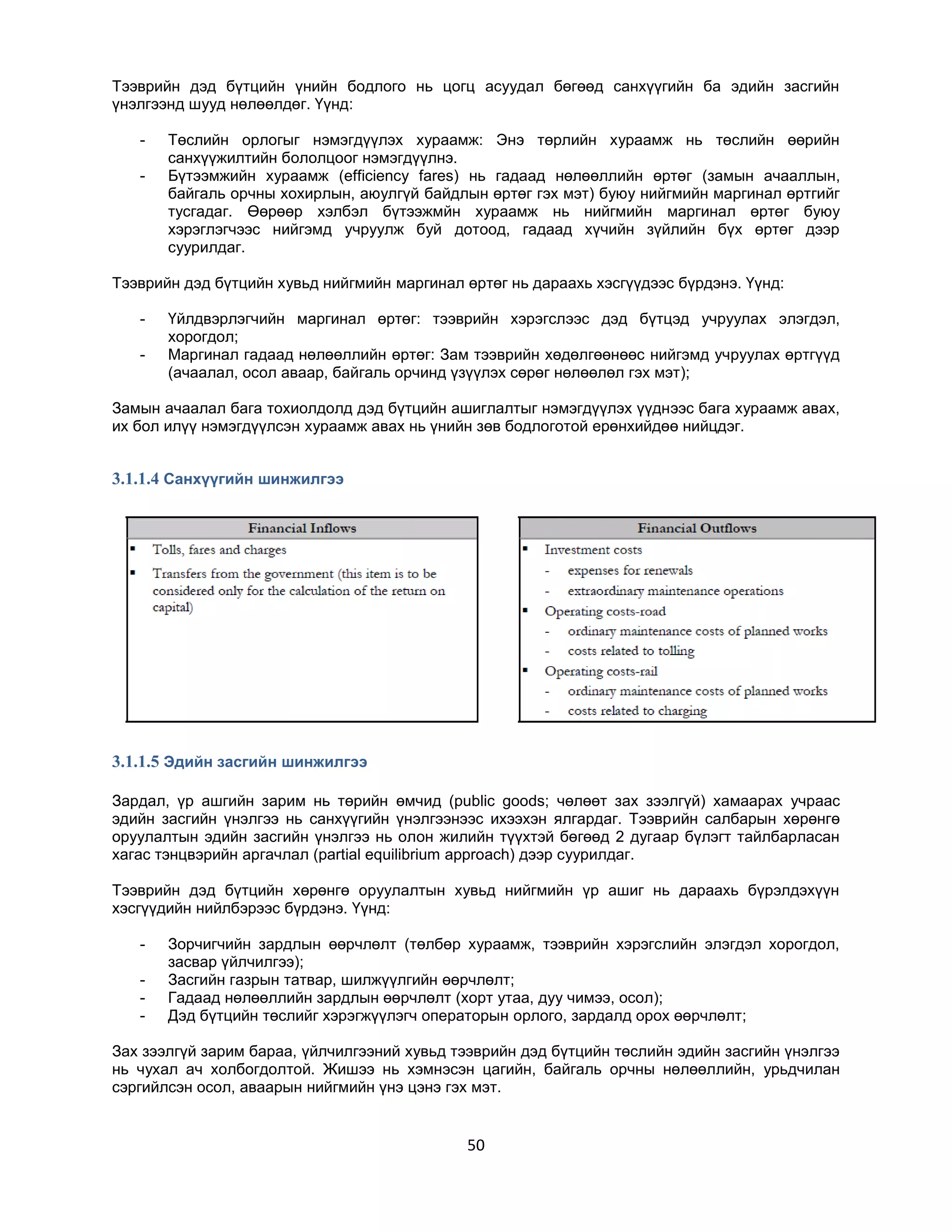 Тээврийн дэд бүтцийн үнийн бодлого нь цогц асуудал бөгөөд санхүүгийн ба эдийн засгийн
үнэлгээнд шууд нөлөөлдөг. Үүнд:
-

Төслийн орлогыг нэмэгдүүлэх хураамж: Энэ төрлийн хураамж нь төслийн өөрийн
санхүүжилтийн бололцоог нэмэгдүүлнэ.
Бүтээмжийн хураамж (efficiency fares) нь гадаад нөлөөллийн өртөг (замын ачааллын,
байгаль орчны хохирлын, аюулгүй байдлын өртөг гэх мэт) буюу нийгмийн маргинал өртгийг
тусгадаг. Өөрөөр хэлбэл бүтээжмйн хураамж нь нийгмийн маргинал өртөг буюу
хэрэглэгчээс нийгэмд учруулж буй дотоод, гадаад хүчийн зүйлийн бүх өртөг дээр
суурилдаг.

Тээврийн дэд бүтцийн хувьд нийгмийн маргинал өртөг нь дараахь хэсгүүдээс бүрдэнэ. Үүнд:
-

Үйлдвэрлэгчийн маргинал өртөг: тээврийн хэрэгслээс дэд бүтцэд учруулах элэгдэл,
хорогдол;
Маргинал гадаад нөлөөллийн өртөг: Зам тээврийн хөдөлгөөнөөс нийгэмд учруулах өртгүүд
(ачаалал, осол аваар, байгаль орчинд үзүүлэх сөрөг нөлөөлөл гэх мэт);

Замын ачаалал бага тохиолдолд дэд бүтцийн ашиглалтыг нэмэгдүүлэх үүднээс бага хураамж авах,
их бол илүү нэмэгдүүлсэн хураамж авах нь үнийн зөв бодлоготой ерөнхийдөө нийцдэг.

3.1.1.4 Санхүүгийн шинжилгээ

3.1.1.5 Эдийн засгийн шинжилгээ
Зардал, үр ашгийн зарим нь төрийн өмчид (public goods; чөлөөт зах зээлгүй) хамаарах учраас
эдийн засгийн үнэлгээ нь санхүүгийн үнэлгээнээс ихээхэн ялгардаг. Тээврийн салбарын хөрөнгө
оруулалтын эдийн засгийн үнэлгээ нь олон жилийн түүхтэй бөгөөд 2 дугаар бүлэгт тайлбарласан
хагас тэнцвэрийн аргачлал (partial equilibrium approach) дээр суурилдаг.
Тээврийн дэд бүтцийн хөрөнгө оруулалтын хувьд нийгмийн үр ашиг нь дараахь бүрэлдэхүүн
хэсгүүдийн нийлбэрээс бүрдэнэ. Үүнд:
-

Зорчигчийн зардлын өөрчлөлт (төлбөр хураамж, тээврийн хэрэгслийн элэгдэл хорогдол,
засвар үйлчилгээ);
Засгийн газрын татвар, шилжүүлгийн өөрчлөлт;
Гадаад нөлөөллийн зардлын өөрчлөлт (хорт утаа, дуу чимээ, осол);
Дэд бүтцийн төслийг хэрэгжүүлэгч операторын орлого, зардалд орох өөрчлөлт;

Зах зээлгүй зарим бараа, үйлчилгээний хувьд тээврийн дэд бүтцийн төслийн эдийн засгийн үнэлгээ
нь чухал ач холбогдолтой. Жишээ нь хэмнэсэн цагийн, байгаль орчны нөлөөллийн, урьдчилан
сэргийлсэн осол, аваарын нийгмийн үнэ цэнэ гэх мэт.

50

 