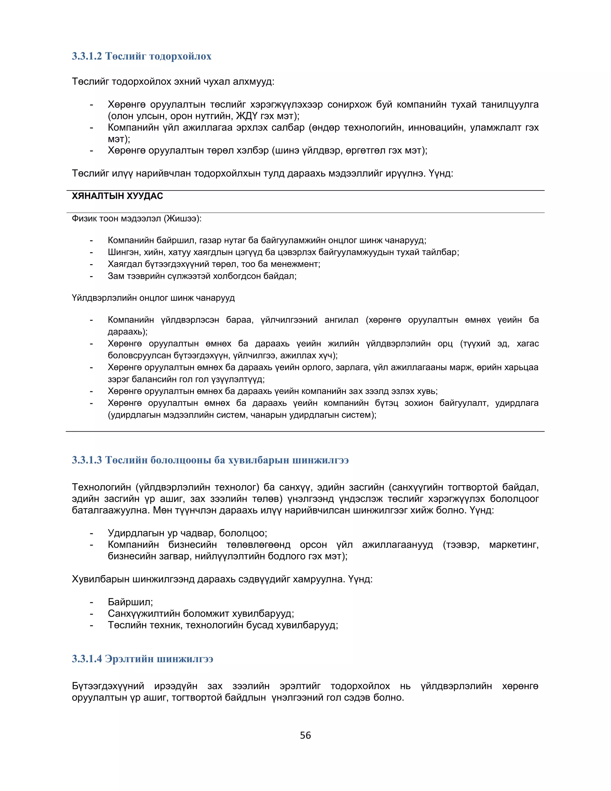 3.3.1.2 Төслийг тодорхойлох
Төслийг тодорхойлох эхний чухал алхмууд:
-

Хөрөнгө оруулалтын төслийг хэрэгжүүлэхээр сонирхож буй компанийн тухай танилцуулга
(олон улсын, орон нутгийн, ЖДҮ гэх мэт);
Компанийн үйл ажиллагаа эрхлэх салбар (өндөр технологийн, инновацийн, уламжлалт гэх
мэт);
Хөрөнгө оруулалтын төрөл хэлбэр (шинэ үйлдвэр, өргөтгөл гэх мэт);

Төслийг илүү нарийвчлан тодорхойлхын тулд дараахь мэдээллийг ирүүлнэ. Үүнд:
ХЯНАЛТЫН ХУУДАС
Физик тоон мэдээлэл (Жишээ):
-

Компанийн байршил, газар нутаг ба байгууламжийн онцлог шинж чанарууд;
Шингэн, хийн, хатуу хаягдлын цэгүүд ба цэвэрлэх байгууламжуудын тухай тайлбар;
Хаягдал бүтээгдэхүүний төрөл, тоо ба менежмент;
Зам тээврийн сүлжээтэй холбогдсон байдал;

Үйлдвэрлэлийн онцлог шинж чанарууд
-

Компанийн үйлдвэрлэсэн бараа, үйлчилгээний ангилал (хөрөнгө оруулалтын өмнөх үеийн ба
дараахь);
Хөрөнгө оруулалтын өмнөх ба дараахь үеийн жилийн үйлдвэрлэлийн орц (түүхий эд, хагас
боловсруулсан бүтээгдэхүүн, үйлчилгээ, ажиллах хүч);
Хөрөнгө оруулалтын өмнөх ба дараахь үеийн орлого, зарлага, үйл ажиллагааны марж, өрийн харьцаа
зэрэг балансийн гол гол үзүүлэлтүүд;
Хөрөнгө оруулалтын өмнөх ба дараахь үеийн компанийн зах зээлд эзлэх хувь;
Хөрөнгө оруулалтын өмнөх ба дараахь үеийн компанийн бүтэц зохион байгуулалт, удирдлага
(удирдлагын мэдээллийн систем, чанарын удирдлагын систем);

3.3.1.3 Төслийн бололцооны ба хувилбарын шинжилгээ
Технологийн (үйлдвэрлэлийн технолог) ба санхүү, эдийн засгийн (санхүүгийн тогтвортой байдал,
эдийн засгийн үр ашиг, зах зээлийн төлөв) үнэлгээнд үндэслэж төслийг хэрэгжүүлэх бололцоог
баталгаажуулна. Мөн түүнчлэн дараахь илүү нарийвчилсан шинжилгээг хийж болно. Үүнд:
-

Удирдлагын ур чадвар, бололцоо;
Компанийн бизнесийн төлөвлөгөөнд орсон үйл ажиллагаанууд (тээвэр, маркетинг,
бизнесийн загвар, нийлүүлэлтийн бодлого гэх мэт);

Хувилбарын шинжилгээнд дараахь сэдвүүдийг хамруулна. Үүнд:
-

Байршил;
Санхүүжилтийн боломжит хувилбарууд;
Төслийн техник, технологийн бусад хувилбарууд;

3.3.1.4 Эрэлтийн шинжилгээ
Бүтээгдэхүүний ирээдүйн зах зээлийн эрэлтийг тодорхойлох нь
оруулалтын үр ашиг, тогтвортой байдлын үнэлгээний гол сэдэв болно.

56

үйлдвэрлэлийн

хөрөнгө

 