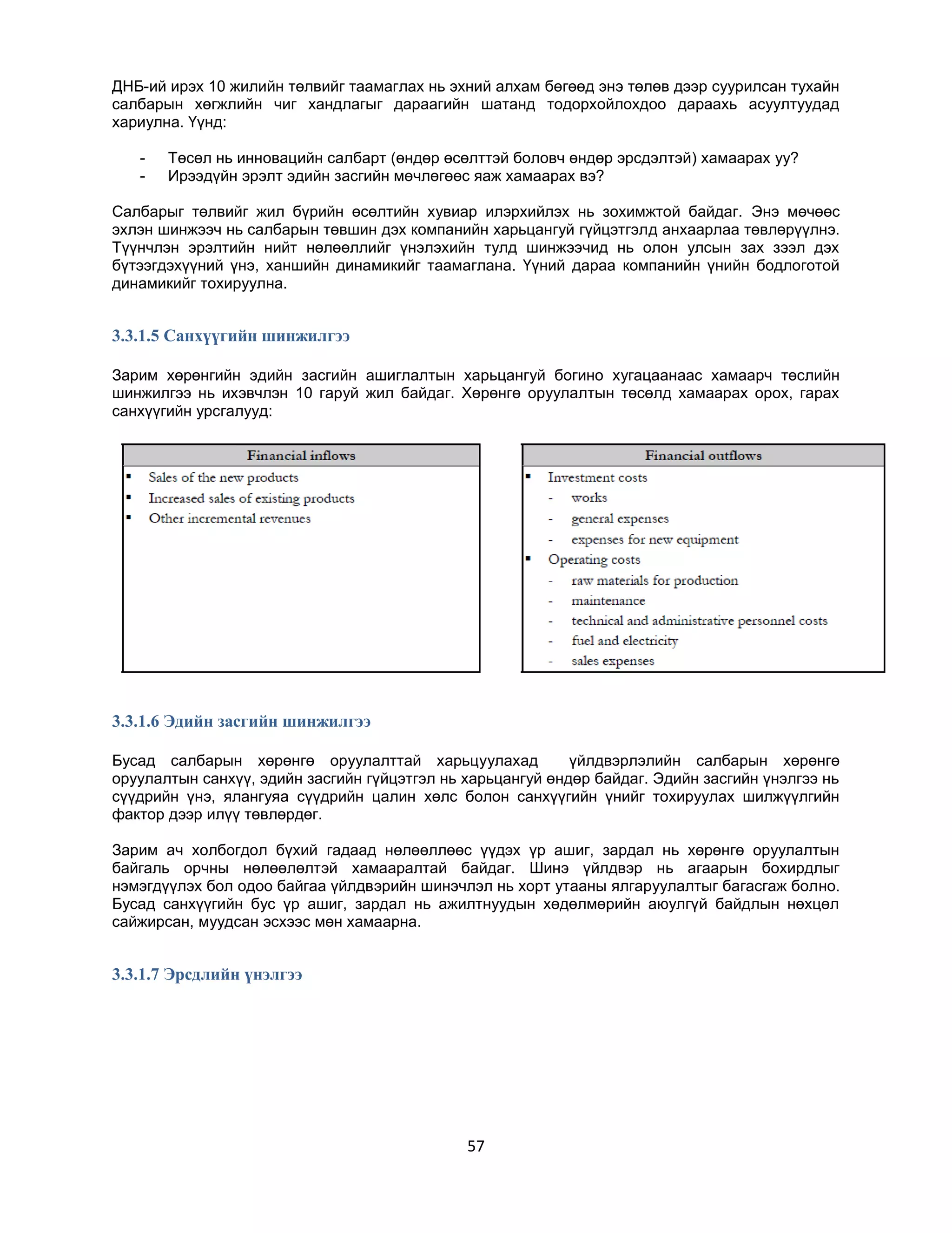 ДНБ-ий ирэх 10 жилийн төлвийг таамаглах нь эхний алхам бөгөөд энэ төлөв дээр суурилсан тухайн
салбарын хөгжлийн чиг хандлагыг дараагийн шатанд тодорхойлохдоо дараахь асуултуудад
хариулна. Үүнд:
-

Төсөл нь инновацийн салбарт (өндөр өсөлттэй боловч өндөр эрсдэлтэй) хамаарах уу?
Ирээдүйн эрэлт эдийн засгийн мөчлөгөөс яаж хамаарах вэ?

Салбарыг төлвийг жил бүрийн өсөлтийн хувиар илэрхийлэх нь зохимжтой байдаг. Энэ мөчөөс
эхлэн шинжээч нь салбарын төвшин дэх компанийн харьцангуй гүйцэтгэлд анхаарлаа төвлөрүүлнэ.
Түүнчлэн эрэлтийн нийт нөлөөллийг үнэлэхийн тулд шинжээчид нь олон улсын зах зээл дэх
бүтээгдэхүүний үнэ, ханшийн динамикийг таамаглана. Үүний дараа компанийн үнийн бодлоготой
динамикийг тохируулна.

3.3.1.5 Санхүүгийн шинжилгээ
Зарим хөрөнгийн эдийн засгийн ашиглалтын харьцангуй богино хугацаанаас хамаарч төслийн
шинжилгээ нь ихэвчлэн 10 гаруй жил байдаг. Хөрөнгө оруулалтын төсөлд хамаарах орох, гарах
санхүүгийн урсгалууд:

3.3.1.6 Эдийн засгийн шинжилгээ
Бусад салбарын хөрөнгө оруулалттай харьцуулахад
үйлдвэрлэлийн салбарын хөрөнгө
оруулалтын санхүү, эдийн засгийн гүйцэтгэл нь харьцангуй өндөр байдаг. Эдийн засгийн үнэлгээ нь
сүүдрийн үнэ, ялангуяа сүүдрийн цалин хөлс болон санхүүгийн үнийг тохируулах шилжүүлгийн
фактор дээр илүү төвлөрдөг.
Зарим ач холбогдол бүхий гадаад нөлөөллөөс үүдэх үр ашиг, зардал нь хөрөнгө оруулалтын
байгаль орчны нөлөөлөлтэй хамааралтай байдаг. Шинэ үйлдвэр нь агаарын бохирдлыг
нэмэгдүүлэх бол одоо байгаа үйлдвэрийн шинэчлэл нь хорт утааны ялгаруулалтыг багасгаж болно.
Бусад санхүүгийн бус үр ашиг, зардал нь ажилтнуудын хөдөлмөрийн аюулгүй байдлын нөхцөл
сайжирсан, муудсан эсхээс мөн хамаарна.

3.3.1.7 Эрсдлийн үнэлгээ

57

 