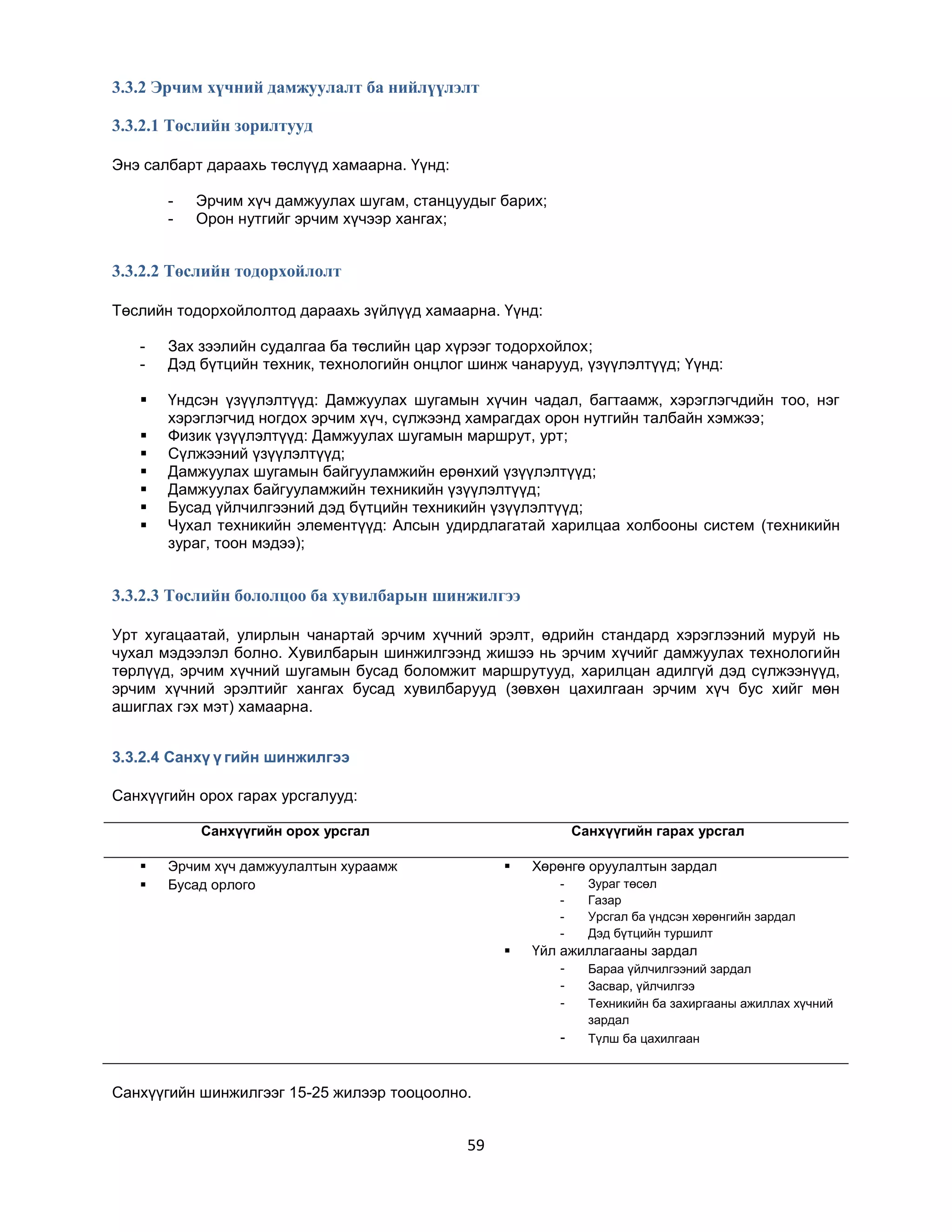 3.3.2 Эрчим хүчний дамжуулалт ба нийлүүлэлт
3.3.2.1 Төслийн зорилтууд
Энэ салбарт дараахь төслүүд хамаарна. Үүнд:
-

Эрчим хүч дамжуулах шугам, станцуудыг барих;
Орон нутгийг эрчим хүчээр хангах;

3.3.2.2 Төслийн тодорхойлолт
Төслийн тодорхойлолтод дараахь зүйлүүд хамаарна. Үүнд:
-

Зах зээлийн судалгаа ба төслийн цар хүрээг тодорхойлох;
Дэд бүтцийн техник, технологийн онцлог шинж чанарууд, үзүүлэлтүүд; Үүнд:



Үндсэн үзүүлэлтүүд: Дамжуулах шугамын хүчин чадал, багтаамж, хэрэглэгчдийн тоо, нэг
хэрэглэгчид ногдох эрчим хүч, сүлжээнд хамрагдах орон нутгийн талбайн хэмжээ;
Физик үзүүлэлтүүд: Дамжуулах шугамын маршрут, урт;
Сүлжээний үзүүлэлтүүд;
Дамжуулах шугамын байгууламжийн ерөнхий үзүүлэлтүүд;
Дамжуулах байгууламжийн техникийн үзүүлэлтүүд;
Бусад үйлчилгээний дэд бүтцийн техникийн үзүүлэлтүүд;
Чухал техникийн элементүүд: Алсын удирдлагатай харилцаа холбооны систем (техникийн
зураг, тоон мэдээ);








3.3.2.3 Төслийн бололцоо ба хувилбарын шинжилгээ
Урт хугацаатай, улирлын чанартай эрчим хүчний эрэлт, өдрийн стандард хэрэглээний муруй нь
чухал мэдээлэл болно. Хувилбарын шинжилгээнд жишээ нь эрчим хүчийг дамжуулах технологийн
төрлүүд, эрчим хүчний шугамын бусад боломжит маршрутууд, харилцан адилгүй дэд сүлжээнүүд,
эрчим хүчний эрэлтийг хангах бусад хувилбарууд (зөвхөн цахилгаан эрчим хүч бус хийг мөн
ашиглах гэх мэт) хамаарна.
3.3.2.4 Санхү ү гийн шинжилгээ
Санхүүгийн орох гарах урсгалууд:
Санхүүгийн орох урсгал



Санхүүгийн гарах урсгал

Эрчим хүч дамжуулалтын хураамж
Бусад орлого



Хөрөнгө оруулалтын зардал
-



Үйл ажиллагааны зардал
-

-

Санхүүгийн шинжилгээг 15-25 жилээр тооцоолно.

59

Зураг төсөл
Газар
Урсгал ба үндсэн хөрөнгийн зардал
Дэд бүтцийн туршилт
Бараа үйлчилгээний зардал
Засвар, үйлчилгээ
Техникийн ба захиргааны ажиллах хүчний
зардал
Түлш ба цахилгаан

 