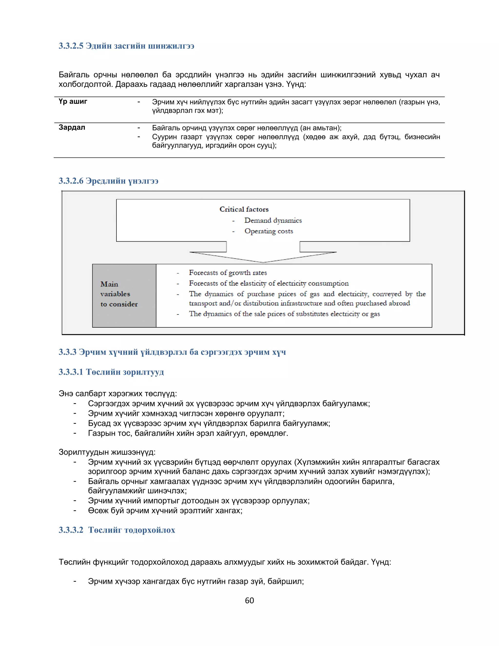 3.3.2.5 Эдийн засгийн шинжилгээ
Байгаль орчны нөлөөлөл ба эрсдлийн үнэлгээ нь эдийн засгийн шинжилгээний хувьд чухал ач
холбогдолтой. Дараахь гадаад нөлөөллийг харгалзан үзнэ. Үүнд:
Үр ашиг

-

Эрчим хүч нийлүүлэх бүс нутгийн эдийн засагт үзүүлэх эерэг нөлөөлөл (газрын үнэ,
үйлдвэрлэл гэх мэт);

Зардал

-

Байгаль орчинд үзүүлэх сөрөг нөлөөллүүд (ан амьтан);
Суурин газарт үзүүлэх сөрөг нөлөөллүүд (хөдөө аж ахуй, дэд бүтэц, бизнесийн
байгууллагууд, иргэдийн орон сууц);

3.3.2.6 Эрсдлийн үнэлгээ

3.3.3 Эрчим хүчний үйлдвэрлэл ба сэргээгдэх эрчим хүч
3.3.3.1 Төслийн зорилтууд
Энэ салбарт хэрэгжих төслүүд:
- Сэргээгдэх эрчим хүчний эх үүсвэрээс эрчим хүч үйлдвэрлэх байгууламж;
- Эрчим хүчийг хэмнэхэд чиглэсэн хөрөнгө оруулалт;
- Бусад эх үүсвэрээс эрчим хүч үйлдвэрлэх барилга байгууламж;
- Газрын тос, байгалийн хийн эрэл хайгуул, өрөмдлөг.
Зорилтуудын жишээнүүд:
- Эрчим хүчний эх үүсвэрийн бүтцэд өөрчлөлт оруулах (Хүлэмжийн хийн ялгаралтыг багасгах
зорилгоор эрчим хүчний баланс дахь сэргээгдэх эрчим хүчний эзлэх хувийг нэмэгдүүлэх);
- Байгаль орчныг хамгаалах үүднээс эрчим хүч үйлдвэрлэлийн одоогийн барилга,
байгууламжийг шинэчлэх;
- Эрчим хүчний импортыг дотоодын эх үүсвэрээр орлуулах;
- Өсөж буй эрчим хүчний эрэлтийг хангах;

3.3.3.2 Төслийг тодорхойлох

Төслийн фүнкцийг тодорхойлоход дараахь алхмуудыг хийх нь зохимжтой байдаг. Үүнд:
-

Эрчим хүчээр хангагдах бүс нутгийн газар зүй, байршил;

60

 