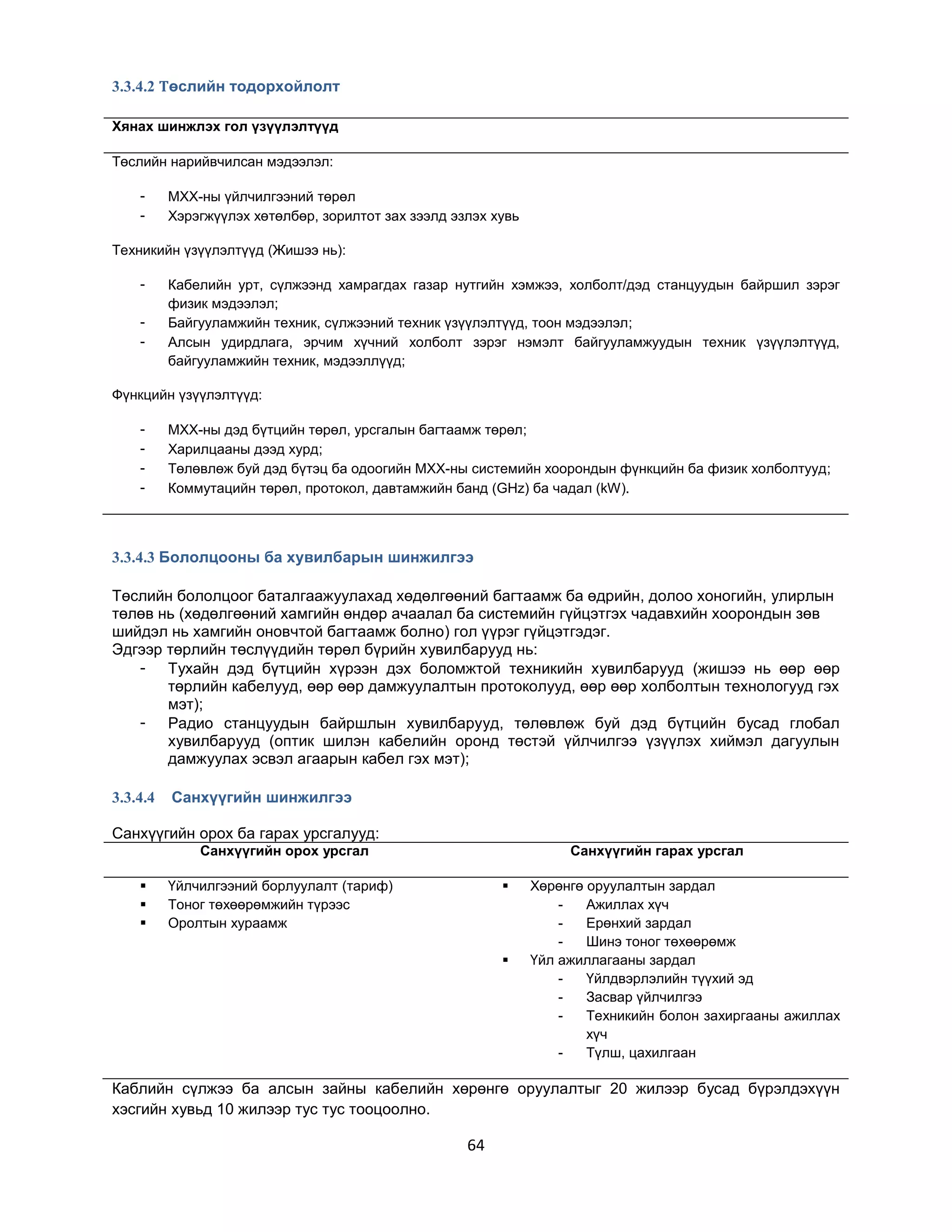 3.3.4.2 Төслийн тодорхойлолт
Хянах шинжлэх гол үзүүлэлтүүд
Төслийн нарийвчилсан мэдээлэл:
-

МХХ-ны үйлчилгээний төрөл
Хэрэгжүүлэх хөтөлбөр, зорилтот зах зээлд эзлэх хувь

Техникийн үзүүлэлтүүд (Жишээ нь):
-

Кабелийн урт, сүлжээнд хамрагдах газар нутгийн хэмжээ, холболт/дэд станцуудын байршил зэрэг
физик мэдээлэл;
Байгууламжийн техник, сүлжээний техник үзүүлэлтүүд, тоон мэдээлэл;
Алсын удирдлага, эрчим хүчний холболт зэрэг нэмэлт байгууламжуудын техник үзүүлэлтүүд,
байгууламжийн техник, мэдээллүүд;

Фүнкцийн үзүүлэлтүүд:
-

МХХ-ны дэд бүтцийн төрөл, урсгалын багтаамж төрөл;
Харилцааны дээд хурд;
Төлөвлөж буй дэд бүтэц ба одоогийн МХХ-ны системийн хоорондын фүнкцийн ба физик холболтууд;
Коммутацийн төрөл, протокол, давтамжийн банд (GHz) ба чадал (kW).

3.3.4.3 Бололцооны ба хувилбарын шинжилгээ
Төслийн бололцоог баталгаажуулахад хөдөлгөөний багтаамж ба өдрийн, долоо хоногийн, улирлын
төлөв нь (хөдөлгөөний хамгийн өндөр ачаалал ба системийн гүйцэтгэх чадавхийн хоорондын зөв
шийдэл нь хамгийн оновчтой багтаамж болно) гол үүрэг гүйцэтгэдэг.
Эдгээр төрлийн төслүүдийн төрөл бүрийн хувилбарууд нь:
- Тухайн дэд бүтцийн хүрээн дэх боломжтой техникийн хувилбарууд (жишээ нь өөр өөр
төрлийн кабелууд, өөр өөр дамжуулалтын протоколууд, өөр өөр холболтын технологууд гэх
мэт);
- Радио станцуудын байршлын хувилбарууд, төлөвлөж буй дэд бүтцийн бусад глобал
хувилбарууд (оптик шилэн кабелийн оронд төстэй үйлчилгээ үзүүлэх хиймэл дагуулын
дамжуулах эсвэл агаарын кабел гэх мэт);
3.3.4.4

Санхүүгийн шинжилгээ

Санхүүгийн орох ба гарах урсгалууд:
Санхүүгийн орох урсгал




Санхүүгийн гарах урсгал

Үйлчилгээний борлуулалт (тариф)
Тоног төхөөрөмжийн түрээс
Оролтын хураамж





Хөрөнгө оруулалтын зардал
Ажиллах хүч
Ерөнхий зардал
Шинэ тоног төхөөрөмж
Үйл ажиллагааны зардал
Үйлдвэрлэлийн түүхий эд
Засвар үйлчилгээ
Техникийн болон захиргааны ажиллах
хүч
Түлш, цахилгаан

Каблийн сүлжээ ба алсын зайны кабелийн хөрөнгө оруулалтыг 20 жилээр бусад бүрэлдэхүүн
хэсгийн хувьд 10 жилээр тус тус тооцоолно.

64

 