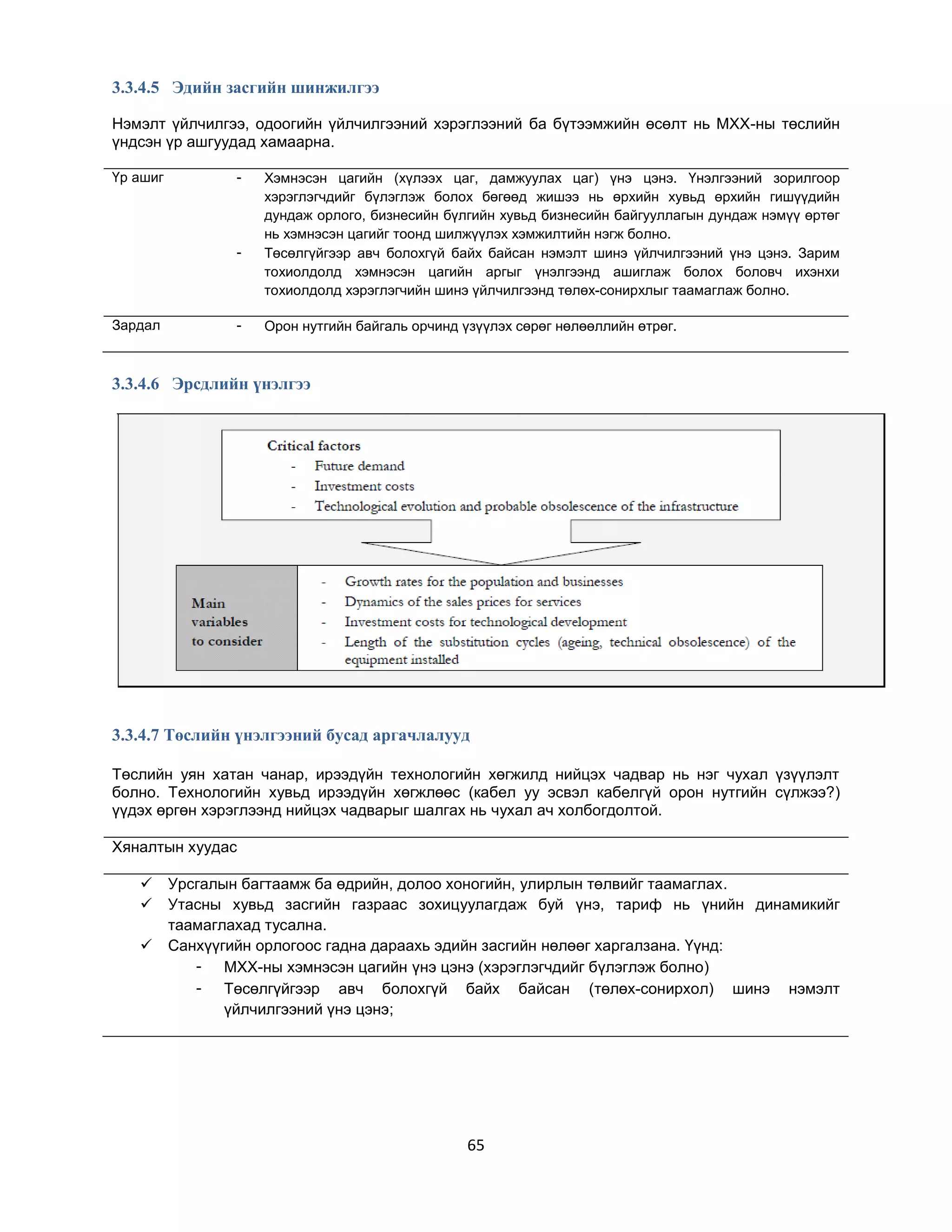 3.3.4.5 Эдийн засгийн шинжилгээ
Нэмэлт үйлчилгээ, одоогийн үйлчилгээний хэрэглээний ба бүтээмжийн өсөлт нь МХХ-ны төслийн
үндсэн үр ашгуудад хамаарна.
Үр ашиг

-

-

Зардал

-

Хэмнэсэн цагийн (хүлээх цаг, дамжуулах цаг) үнэ цэнэ. Үнэлгээний зорилгоор
хэрэглэгчдийг бүлэглэж болох бөгөөд жишээ нь өрхийн хувьд өрхийн гишүүдийн
дундаж орлого, бизнесийн бүлгийн хувьд бизнесийн байгууллагын дундаж нэмүү өртөг
нь хэмнэсэн цагийг тоонд шилжүүлэх хэмжилтийн нэгж болно.
Төсөлгүйгээр авч болохгүй байх байсан нэмэлт шинэ үйлчилгээний үнэ цэнэ. Зарим
тохиолдолд хэмнэсэн цагийн аргыг үнэлгээнд ашиглаж болох боловч ихэнхи
тохиолдолд хэрэглэгчийн шинэ үйлчилгээнд төлөх-сонирхлыг таамаглаж болно.
Орон нутгийн байгаль орчинд үзүүлэх сөрөг нөлөөллийн өтрөг.

3.3.4.6 Эрсдлийн үнэлгээ

3.3.4.7 Төслийн үнэлгээний бусад аргачлалууд
Төслийн уян хатан чанар, ирээдүйн технологийн хөгжилд нийцэх чадвар нь нэг чухал үзүүлэлт
болно. Технологийн хувьд ирээдүйн хөгжлөөс (кабел уу эсвэл кабелгүй орон нутгийн сүлжээ?)
үүдэх өргөн хэрэглээнд нийцэх чадварыг шалгах нь чухал ач холбогдолтой.
Хяналтын хуудас




Урсгалын багтаамж ба өдрийн, долоо хоногийн, улирлын төлвийг таамаглах.
Утасны хувьд засгийн газраас зохицуулагдаж буй үнэ, тариф нь үнийн динамикийг
таамаглахад тусална.
Санхүүгийн орлогоос гадна дараахь эдийн засгийн нөлөөг харгалзана. Үүнд:
- МХХ-ны хэмнэсэн цагийн үнэ цэнэ (хэрэглэгчдийг бүлэглэж болно)
- Төсөлгүйгээр авч болохгүй байх байсан (төлөх-сонирхол) шинэ нэмэлт
үйлчилгээний үнэ цэнэ;

65

 