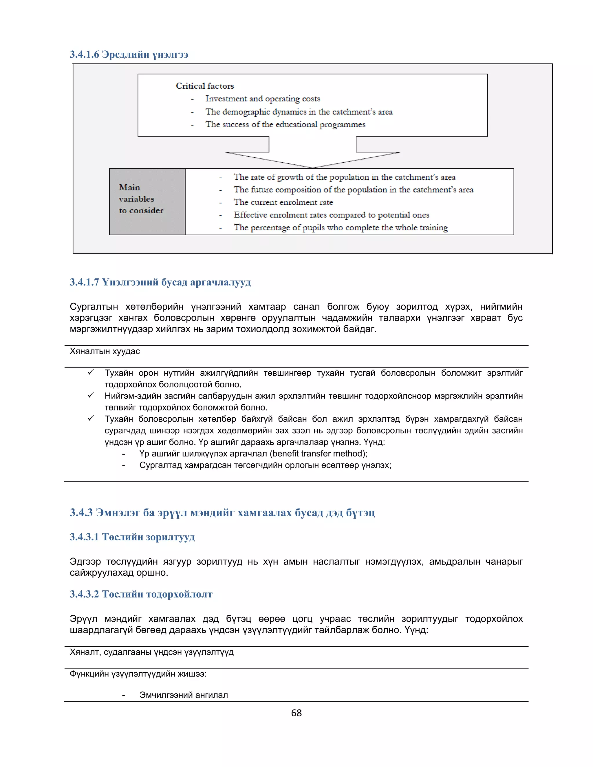 3.4.1.6 Эрсдлийн үнэлгээ

3.4.1.7 Үнэлгээний бусад аргачлалууд
Сургалтын хөтөлбөрийн үнэлгээний хамтаар санал болгож буюу зорилтод хүрэх, нийгмийн
хэрэгцээг хангах боловсролын хөрөнгө оруулалтын чадамжийн талаархи үнэлгээг хараат бус
мэргэжилтнүүдээр хийлгэх нь зарим тохиолдолд зохимжтой байдаг.
Хяналтын хуудас




Тухайн орон нутгийн ажилгүйдлийн төвшингөөр тухайн тусгай боловсролын боломжит эрэлтийг
тодорхойлох бололцоотой болно.
Нийгэм-эдийн засгийн салбаруудын ажил эрхлэлтийн төвшинг тодорхойлсноор мэргэжлийн эрэлтийн
төлвийг тодорхойлох боломжтой болно.
Тухайн боловсролын хөтөлбөр байхгүй байсан бол ажил эрхлэлтэд бүрэн хамрагдахгүй байсан
сурагчдад шинээр нээгдэх хөдөлмөрийн зах зээл нь эдгээр боловсролын төслүүдийн эдийн засгийн
үндсэн үр ашиг болно. Үр ашгийг дараахь аргачлалаар үнэлнэ. Үүнд:
Үр ашгийг шилжүүлэх аргачлал (benefit transfer method);
Сургалтад хамрагдсан төгсөгчдийн орлогын өсөлтөөр үнэлэх;

3.4.3 Эмнэлэг ба эрүүл мэндийг хамгаалах бусад дэд бүтэц
3.4.3.1 Төслийн зорилтууд
Эдгээр төслүүдийн язгуур зорилтууд нь хүн амын наслалтыг нэмэгдүүлэх, амьдралын чанарыг
сайжруулахад оршно.

3.4.3.2 Төслийн тодорхойлолт
Эрүүл мэндийг хамгаалах дэд бүтэц өөрөө цогц учраас төслийн зорилтуудыг тодорхойлох
шаардлагагүй бөгөөд дараахь үндсэн үзүүлэлтүүдийг тайлбарлаж болно. Үүнд:
Хяналт, судалгааны үндсэн үзүүлэлтүүд
Фүнкцийн үзүүлэлтүүдийн жишээ:
-

Эмчилгээний ангилал

68

 