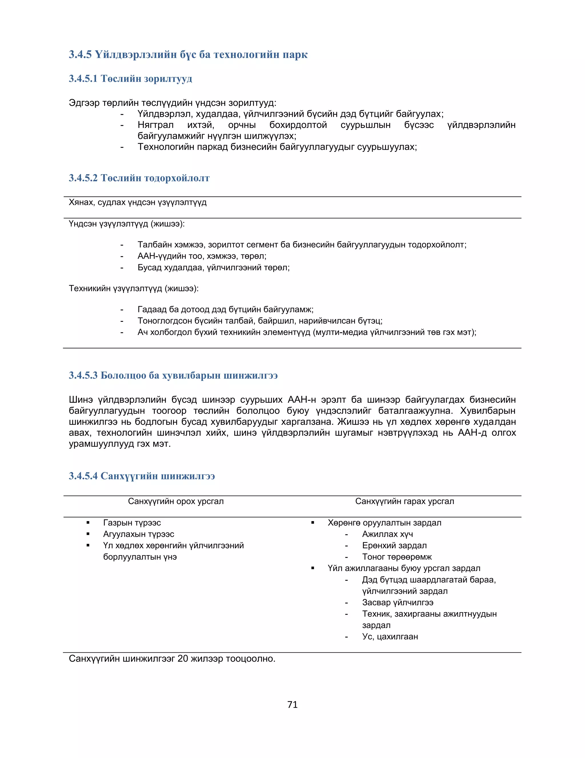 3.4.5 Үйлдвэрлэлийн бүс ба технологийн парк
3.4.5.1 Төслийн зорилтууд
Эдгээр төрлийн төслүүдийн үндсэн зорилтууд:
- Үйлдвэрлэл, худалдаа, үйлчилгээний бүсийн дэд бүтцийг байгуулах;
- Нягтрал ихтэй, орчны бохирдолтой суурьшлын бүсээс үйлдвэрлэлийн
байгууламжийг нүүлгэн шилжүүлэх;
- Технологийн паркад бизнесийн байгууллагуудыг суурьшуулах;

3.4.5.2 Төслийн тодорхойлолт
Хянах, судлах үндсэн үзүүлэлтүүд
Үндсэн үзүүлэлтүүд (жишээ):
-

Талбайн хэмжээ, зорилтот сегмент ба бизнесийн байгууллагуудын тодорхойлолт;
ААН-үүдийн тоо, хэмжээ, төрөл;
Бусад худалдаа, үйлчилгээний төрөл;

Техникийн үзүүлэлтүүд (жишээ):
-

Гадаад ба дотоод дэд бүтцийн байгууламж;
Тоноглогдсон бүсийн талбай, байршил, нарийвчилсан бүтэц;
Ач холбогдол бүхий техникийн элементүүд (мулти-медиа үйлчилгээний төв гэх мэт);

3.4.5.3 Бололцоо ба хувилбарын шинжилгээ
Шинэ үйлдвэрлэлийн бүсэд шинээр суурьших ААН-н эрэлт ба шинээр байгуулагдах бизнесийн
байгууллагуудын тоогоор төслийн бололцоо буюу үндэслэлийг баталгаажуулна. Хувилбарын
шинжилгээ нь бодлогын бусад хувилбаруудыг харгалзана. Жишээ нь үл хөдлөх хөрөнгө худалдан
авах, технологийн шинэчлэл хийх, шинэ үйлдвэрлэлийн шугамыг нэвтрүүлэхэд нь ААН-д олгох
урамшууллууд гэх мэт.

3.4.5.4 Санхүүгийн шинжилгээ
Санхүүгийн орох урсгал




Санхүүгийн гарах урсгал

Газрын түрээс
Агуулахын түрээс
Үл хөдлөх хөрөнгийн үйлчилгээний
борлуулалтын үнэ





Санхүүгийн шинжилгээг 20 жилээр тооцоолно.

71

Хөрөнгө оруулалтын зардал
Ажиллах хүч
Ерөнхий зардал
Тоног төрөөрөмж
Үйл ажиллагааны буюу урсгал зардал
Дэд бүтцэд шаардлагатай бараа,
үйлчилгээний зардал
Засвар үйлчилгээ
Техник, захиргааны ажилтнуудын
зардал
Ус, цахилгаан

 