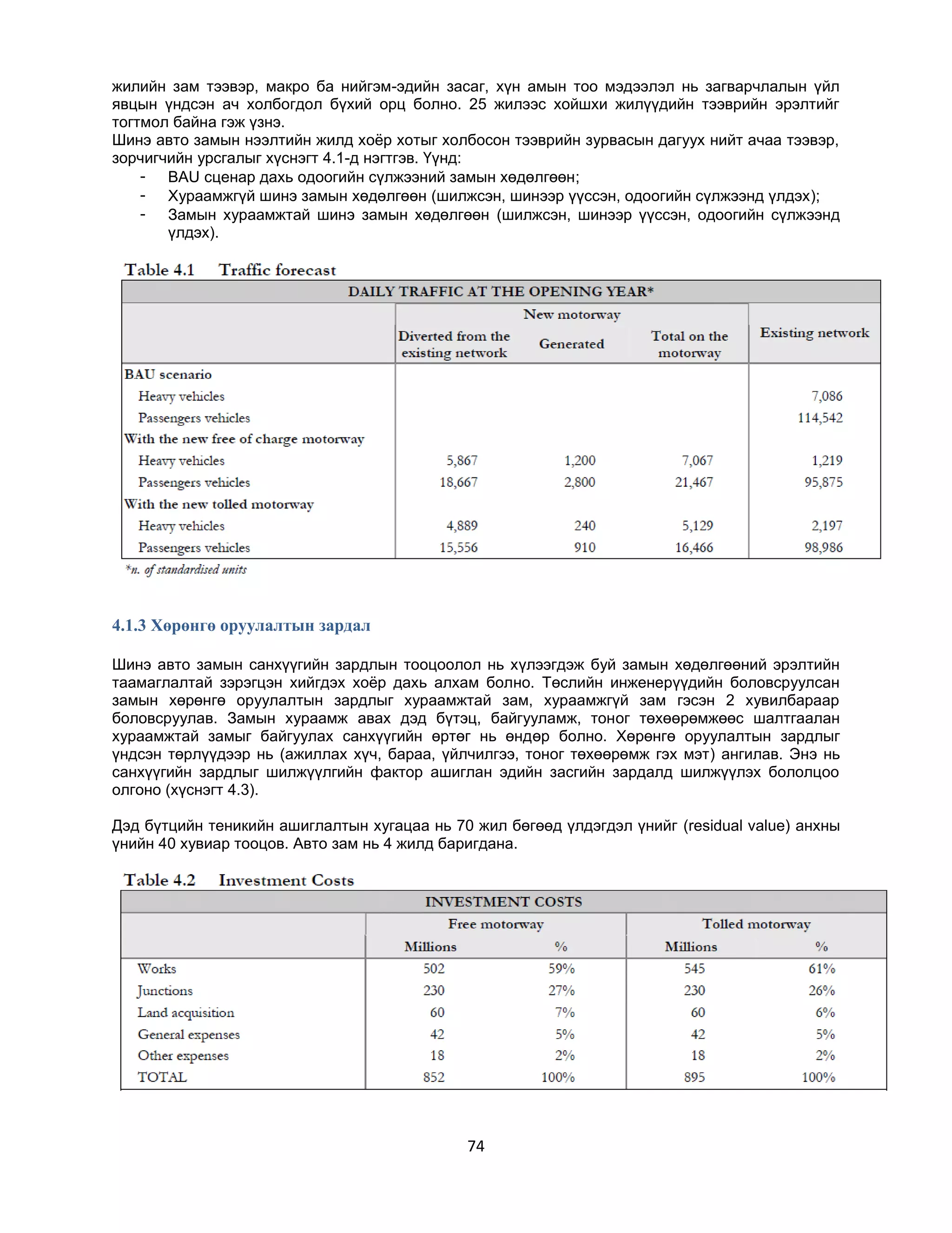 жилийн зам тээвэр, макро ба нийгэм-эдийн засаг, хүн амын тоо мэдээлэл нь загварчлалын үйл
явцын үндсэн ач холбогдол бүхий орц болно. 25 жилээс хойшхи жилүүдийн тээврийн эрэлтийг
тогтмол байна гэж үзнэ.
Шинэ авто замын нээлтийн жилд хоѐр хотыг холбосон тээврийн зурвасын дагуух нийт ачаа тээвэр,
зорчигчийн урсгалыг хүснэгт 4.1-д нэгтгэв. Үүнд:
- BAU сценар дахь одоогийн сүлжээний замын хөдөлгөөн;
- Хураамжгүй шинэ замын хөдөлгөөн (шилжсэн, шинээр үүссэн, одоогийн сүлжээнд үлдэх);
- Замын хураамжтай шинэ замын хөдөлгөөн (шилжсэн, шинээр үүссэн, одоогийн сүлжээнд
үлдэх).

4.1.3 Хөрөнгө оруулалтын зардал
Шинэ авто замын санхүүгийн зардлын тооцоолол нь хүлээгдэж буй замын хөдөлгөөний эрэлтийн
таамаглалтай зэрэгцэн хийгдэх хоѐр дахь алхам болно. Төслийн инженерүүдийн боловсруулсан
замын хөрөнгө оруулалтын зардлыг хураамжтай зам, хураамжгүй зам гэсэн 2 хувилбараар
боловсруулав. Замын хураамж авах дэд бүтэц, байгууламж, тоног төхөөрөмжөөс шалтгаалан
хураамжтай замыг байгуулах санхүүгийн өртөг нь өндөр болно. Хөрөнгө оруулалтын зардлыг
үндсэн төрлүүдээр нь (ажиллах хүч, бараа, үйлчилгээ, тоног төхөөрөмж гэх мэт) ангилав. Энэ нь
санхүүгийн зардлыг шилжүүлгийн фактор ашиглан эдийн засгийн зардалд шилжүүлэх бололцоо
олгоно (хүснэгт 4.3).
Дэд бүтцийн теникийн ашиглалтын хугацаа нь 70 жил бөгөөд үлдэгдэл үнийг (residual value) анхны
үнийн 40 хувиар тооцов. Авто зам нь 4 жилд баригдана.

74

 