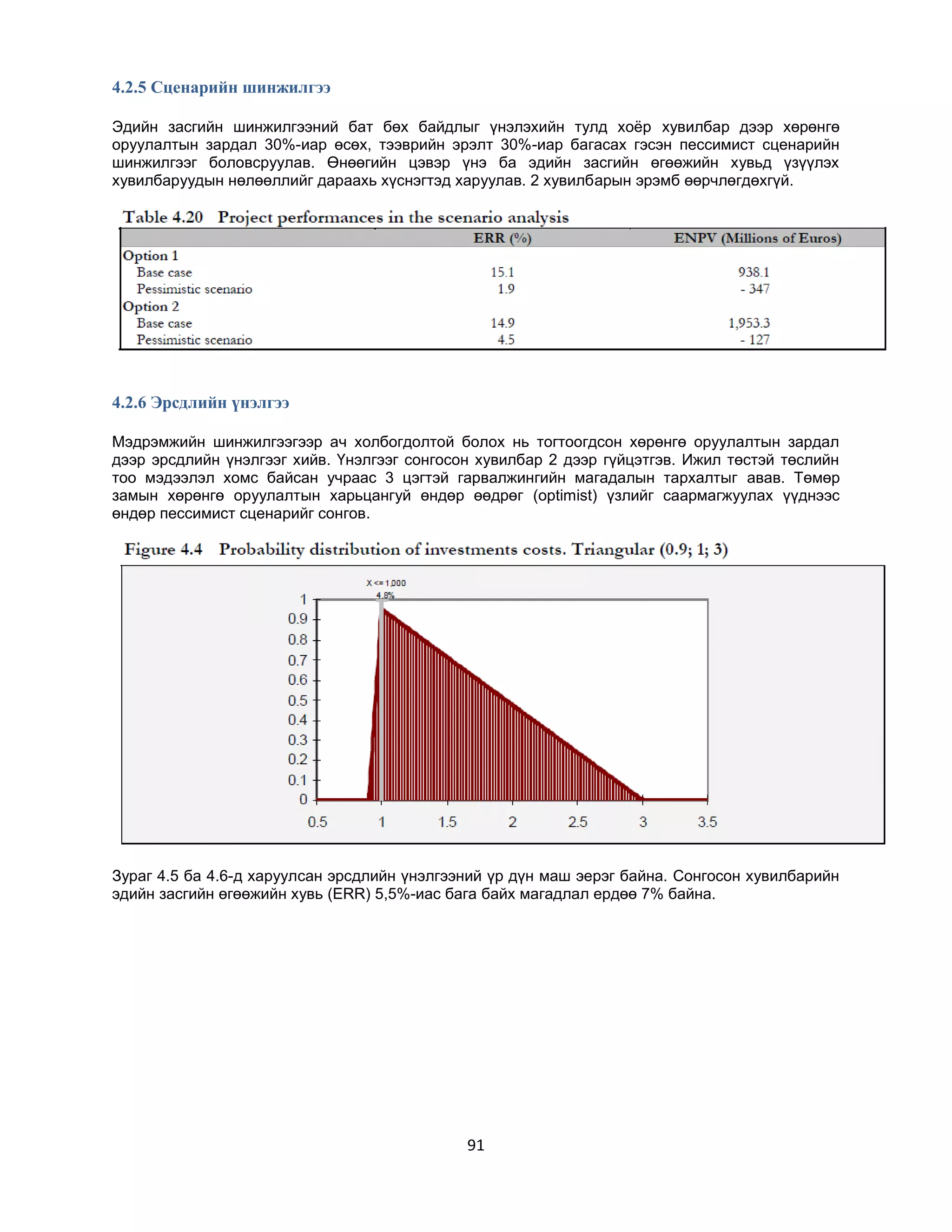 4.2.5 Сценарийн шинжилгээ
Эдийн засгийн шинжилгээний бат бөх байдлыг үнэлэхийн тулд хоѐр хувилбар дээр хөрөнгө
оруулалтын зардал 30%-иар өсөх, тээврийн эрэлт 30%-иар багасах гэсэн пессимист сценарийн
шинжилгээг боловсруулав. Өнөөгийн цэвэр үнэ ба эдийн засгийн өгөөжийн хувьд үзүүлэх
хувилбаруудын нөлөөллийг дараахь хүснэгтэд харуулав. 2 хувилбарын эрэмб өөрчлөгдөхгүй.

4.2.6 Эрсдлийн үнэлгээ
Мэдрэмжийн шинжилгээгээр ач холбогдолтой болох нь тогтоогдсон хөрөнгө оруулалтын зардал
дээр эрсдлийн үнэлгээг хийв. Үнэлгээг сонгосон хувилбар 2 дээр гүйцэтгэв. Ижил төстэй төслийн
тоо мэдээлэл хомс байсан учраас 3 цэгтэй гарвалжингийн магадалын тархалтыг авав. Төмөр
замын хөрөнгө оруулалтын харьцангуй өндөр өөдрөг (optimist) үзлийг саармагжуулах үүднээс
өндөр пессимист сценарийг сонгов.

Зураг 4.5 ба 4.6-д харуулсан эрсдлийн үнэлгээний үр дүн маш эерэг байна. Сонгосон хувилбарийн
эдийн засгийн өгөөжийн хувь (ERR) 5,5%-иас бага байх магадлал ердөө 7% байна.

91

 
