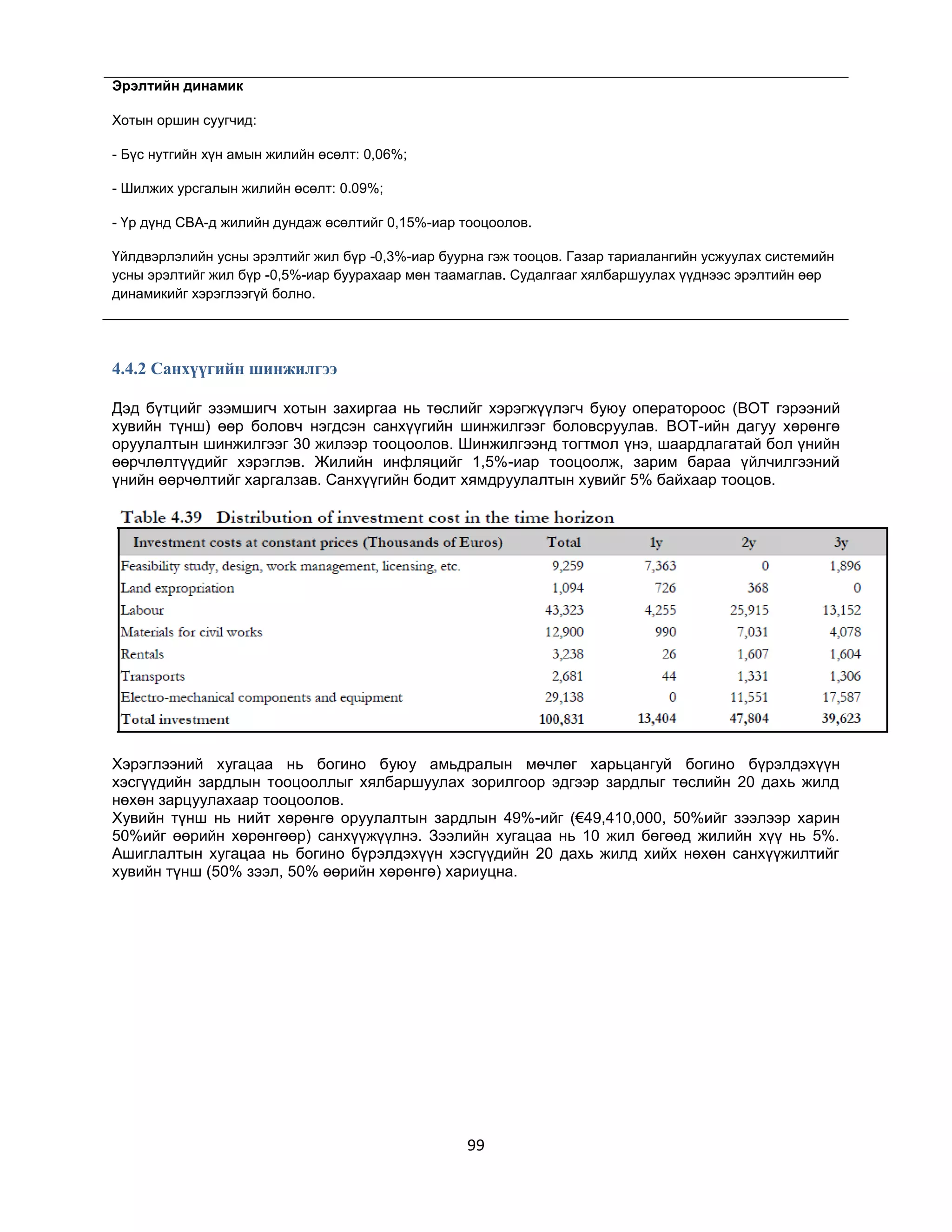 Эрэлтийн динамик
Хотын оршин суугчид:
- Бүс нутгийн хүн амын жилийн өсөлт: 0,06%;
- Шилжих урсгалын жилийн өсөлт: 0.09%;
- Үр дүнд CBA-д жилийн дундаж өсөлтийг 0,15%-иар тооцоолов.
Үйлдвэрлэлийн усны эрэлтийг жил бүр -0,3%-иар буурна гэж тооцов. Газар тариалангийн усжуулах системийн
усны эрэлтийг жил бүр -0,5%-иар буурахаар мөн таамаглав. Судалгааг хялбаршуулах үүднээс эрэлтийн өөр
динамикийг хэрэглээгүй болно.

4.4.2 Санхүүгийн шинжилгээ
Дэд бүтцийг эзэмшигч хотын захиргаа нь төслийг хэрэгжүүлэгч буюу оператороос (BOT гэрээний
хувийн түнш) өөр боловч нэгдсэн санхүүгийн шинжилгээг боловсруулав. BOT-ийн дагуу хөрөнгө
оруулалтын шинжилгээг 30 жилээр тооцоолов. Шинжилгээнд тогтмол үнэ, шаардлагатай бол үнийн
өөрчлөлтүүдийг хэрэглэв. Жилийн инфляцийг 1,5%-иар тооцоолж, зарим бараа үйлчилгээний
үнийн өөрчөлтийг харгалзав. Санхүүгийн бодит хямдруулалтын хувийг 5% байхаар тооцов.

Хэрэглээний хугацаа нь богино буюу амьдралын мөчлөг харьцангуй богино бүрэлдэхүүн
хэсгүүдийн зардлын тооцооллыг хялбаршуулах зорилгоор эдгээр зардлыг төслийн 20 дахь жилд
нөхөн зарцуулахаар тооцоолов.
Хувийн түнш нь нийт хөрөнгө оруулалтын зардлын 49%-ийг (€49,410,000, 50%ийг зээлээр харин
50%ийг өөрийн хөрөнгөөр) санхүүжүүлнэ. Зээлийн хугацаа нь 10 жил бөгөөд жилийн хүү нь 5%.
Ашиглалтын хугацаа нь богино бүрэлдэхүүн хэсгүүдийн 20 дахь жилд хийх нөхөн санхүүжилтийг
хувийн түнш (50% зээл, 50% өөрийн хөрөнгө) хариуцна.

99

 
