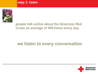 step 3: listen




people talk online about the American Red
Cross an average of 400 times every day.



 we listen to every conversation
 