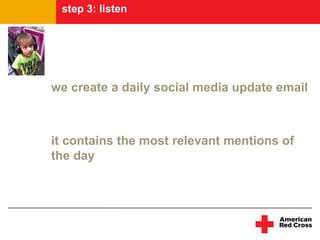 step 3: listen
 listening program




we create a daily social media update email



it contains the most relevant mentions of
the day
 