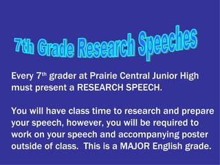 Every 7th grader at Prairie Central Junior High
must present a RESEARCH SPEECH.

You will have class time to research and prepare
your speech, however, you will be required to
work on your speech and accompanying poster
outside of class. This is a MAJOR English grade.
 