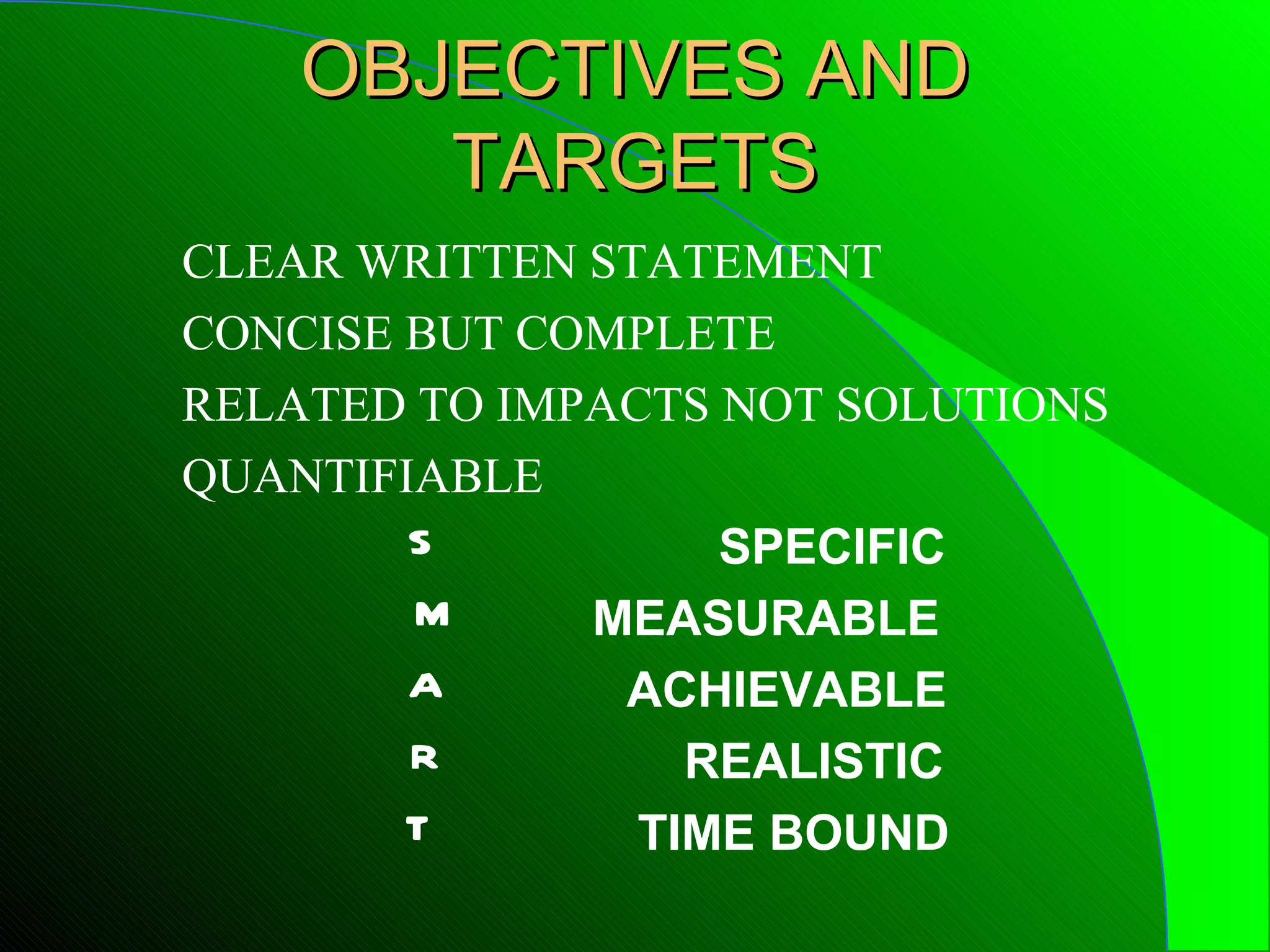 OBJECTIVES AND
       TARGETS
CLEAR WRITTEN STATEMENT
CONCISE BUT COMPLETE
RELATED TO IMPACTS NOT SOLUTIONS
QUANTIFIABLE
        S          SPECIFIC
        M     MEASURABLE
        A      ACHIEVABLE
        R         REALISTIC
        T       TIME BOUND
 