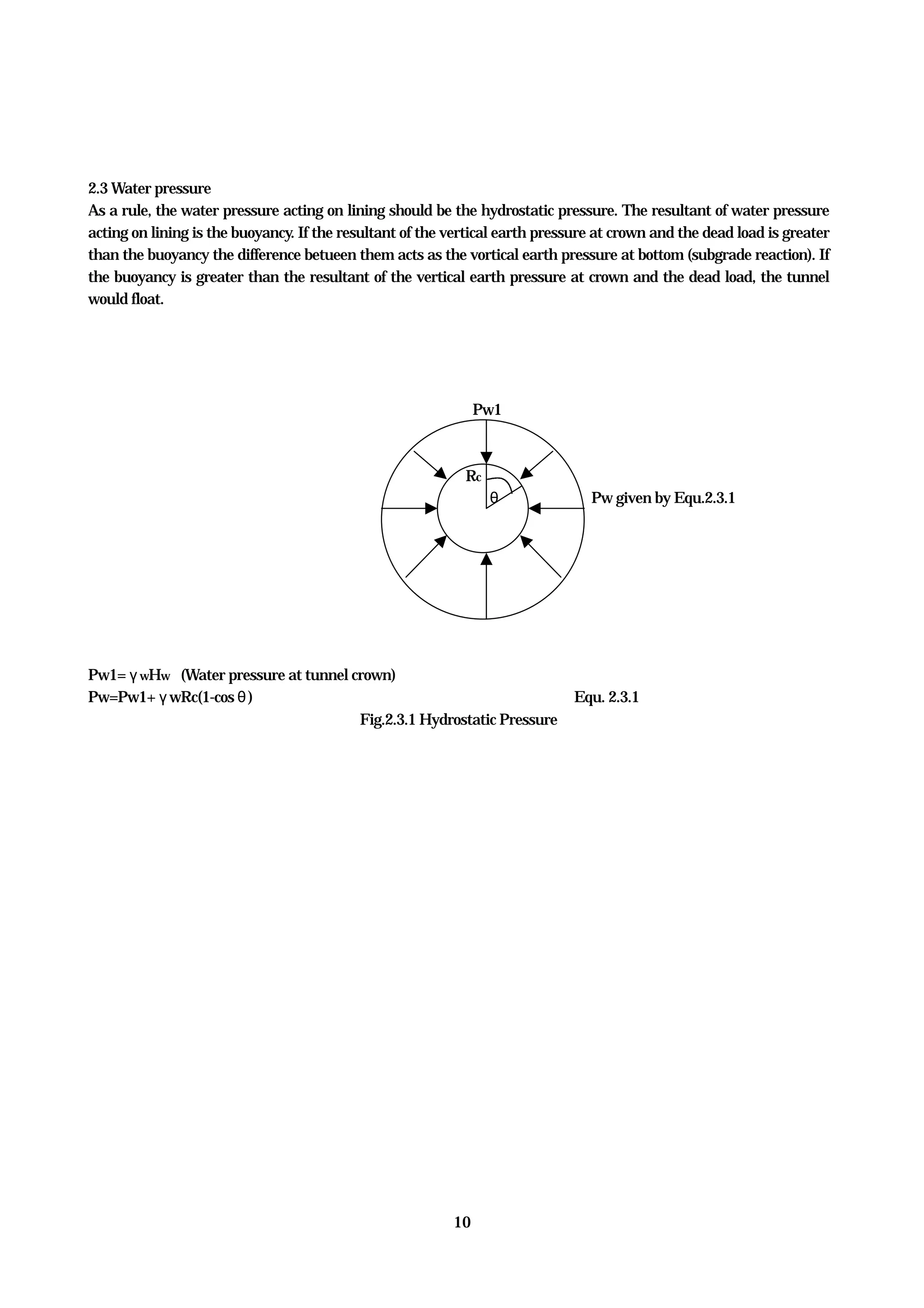 10
2.3 Water pressure
As a rule, the water pressure acting on lining should be the hydrostatic pressure. The resultant of water pressure
acting on lining is the buoyancy. If the resultant of the vertical earth pressure at crown and the dead load is greater
than the buoyancy the difference betueen them acts as the vortical earth pressure at bottom (subgrade reaction). If
the buoyancy is greater than the resultant of the vertical earth pressure at crown and the dead load, the tunnel
would float.
Pw1
Rc
θ Pw given by Equ.2.3.1
Pw1=γwHw (Water pressure at tunnel crown)
Pw=Pw1+γwRc(1-cosθ) Equ. 2.3.1
Fig.2.3.1 Hydrostatic Pressure
 