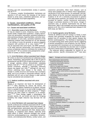 668                                                                                                         ACC/AHA/ESC Guidelines


thrombus and with noncardioembolic strokes in patients           constrictive pericarditis. Other heart diseases, such as
with AF.200,269                                                  mitral valve prolapse with or without mitral regurgitation,
  In summary, complex thromboembolic mechanisms are              calciﬁcation of the mitral annulus, cor pulmonale, and idio-
operative in AF and involve the interplay of risk factors        pathic dilation of the RA, have been associated with a high
related to atrial stasis, endothelial dysfunction, and sys-      incidence of AF. AF is commonly encountered in patients
temic and possibly local hypercoagulability.                     with sleep apnea syndrome, but whether the arrhythmia is
                                                                 provoked by hypoxia, another biochemical abnormality,
                                                                 changes in pulmonary dynamics or RA factors, changes in
6. Causes, associated conditions, clinical                       autonomic tone, or systemic hypertension has not been
manifestations, and quality of life                              determined. Table 5 lists etiologies and factors predisposing
6.1. Causes and associated conditions                            patients to AF. (For a list of associated heart diseases in the
                                                                 ALFA study, see Table 3.)
6.1.1. Reversible causes of atrial ﬁbrillation
AF may be related to acute, temporary causes, including
alcohol intake (‘holiday heart syndrome’), surgery, electro-     6.1.5. Familial (genetic) atrial ﬁbrillation
cution, MI, pericarditis, myocarditis, pulmonary embolism or     Familial AF, deﬁned as lone AF running in a family, is more
other pulmonary diseases, hyperthyroidism, and other meta-       common than previously recognized but should be distin-
bolic disorders. In such cases, successful treatment of the      guished from AF secondary to other genetic diseases like
underlying condition often eliminates AF. AF that develops       familial cardiomyopathies. The likelihood of developing AF
in the setting of acute MI portends an adverse prognosis         is increased among those whose parents had AF, suggesting
compared with preinfarct AF or sinus rhythm.270,271 AF           a familial susceptibility to the arrhythmia, but the mechan-
may be associated with atrial ﬂutter, the WPW syndrome,          isms associated with transmission are not necessarily electri-
or AV nodal reentrant tachycardias, and treatment of the         cal, because the relationship has also been seen in patients
primary arrhythmias reduces or eliminates the incidence of       who have a family history of hypertension, diabetes, or HF.277
recurrent AF.172 AF is a common early postoperative compli-         The molecular defects responsible for familial AF are
cation of cardiac or thoracic surgery.                           largely unknown. Speciﬁc chromosomal loci278 have been

6.1.2. Atrial ﬁbrillation without associated heart disease
                                                                  Table 5     Etiologies and factors predisposing patients to AF
AF is often an electrical manifestation of underlying cardiac
disease. Nonetheless, approximately 30% to 45% of cases of        Electrophysiological abnormalities
paroxysmal AF and 20% to 25% of cases of persistent AF occur         Enhanced automaticity (focal AF)
in younger patients without demonstrable underlying                  Conduction abnormality (reentry)
disease (‘lone AF’).27,29 AF can present as an isolated104 or     Atrial pressure elevation
familial arrhythmia, although a responsible underlying               Mitral or tricuspid valve disease
disease may appear over time.272 Although AF may occur               Myocardial disease (primary or secondary, leading to
                                                                       systolic or diastolic dysfunction)
without underlying heart disease in the elderly, the
                                                                     Semilunar valvular abnormalities (causing ventricular
changes in cardiac structure and function that accompany
                                                                       hypertrophy)
aging, such as an increase in myocardial stiffness, may be           Systemic or pulmonary hypertension (pulmonary embolism)
associated with AF, just as heart disease in older patients          Intracardiac tumors or thrombi
may be coincidental and unrelated to AF.                          Atrial ischemia
                                                                     Coronary artery disease
6.1.3. Medical conditions associated with atrial                  Inﬂammatory or inﬁltrative atrial disease
ﬁbrillation                                                          Pericarditis
Obesity is an important risk factor for development of               Amyloidosis
                                                                     Myocarditis
AF.273–275 After adjusting for clinical risk factors, the
                                                                     Age-induced atrial ﬁbrotic changes
excess risk of AF appears mediated by LA dilation, because
                                                                  Drugs
there is a graded increase in LA size as BMI increases from          Alcohol
normal to the overweight and obese categories.273 Weight             Caffeine
reduction has been linked to regression of LA enlarge-            Endocrine disorders
ment.273,276 These ﬁndings suggest a physiological link              Hyperthyroidism
between obesity, AF, and stroke and raise the intriguing             Pheochromocytoma
possibility that weight reduction may decrease the risk           Changes in autonomic tone
of AF.                                                               Increased parasympathetic activity
                                                                     Increased sympathetic activity
                                                                  Primary or metastatic disease in or adjacent to the atrial wall
6.1.4. Atrial ﬁbrillation with associated heart disease           Postoperative
Speciﬁc cardiovascular conditions associated with AF include         Cardiac, pulmonary, or esophageal
valvular heart disease (most often, mitral valve disease), HF,    Congenital heart disease Neurogenic
CAD, and hypertension, particularly when LVH is present. In          Subarachnoid hemorrhage
addition, AF may be associated with HCM, dilated cardio-             Nonhemorrhagic, major stroke
myopathy, or congenital heart disease, especially atrial          Idiopathic (lone AF)
septal defect in adults. Potential etiologies also include        Familial AF
restrictive cardiomyopathies (e.g., amyloidosis, hemochro-
                                                                    AF indicates atrial ﬁbrillation.
matosis, and endomyocardial ﬁbrosis), cardiac tumors, and
 