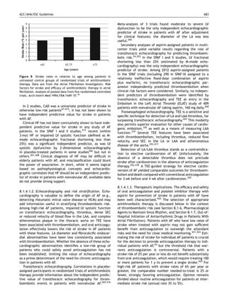 ACC/AHA/ESC Guidelines                                                                                                           683


                                                                      Meta-analysis of 3 trials found moderate to severe LV
                                                                      dysfunction to be the only independent echocardiographic
                                                                      predictor of stroke in patients with AF after adjustment
                                                                      for clinical features; the diameter of the LA was less
                                                                      useful.266
                                                                         Secondary analyses of aspirin-assigned patients in multi-
                                                                      center trials yield variable results regarding the role of
                                                                      transthoracic echocardiography for predicting thromboem-
                                                                      bolic risk.54,203 In the SPAF I and II studies, LV fractional
                                                                      shortening less than 25% (estimated by M-mode echo-
                                                                      cardiography) was the only independent echocardiographic
                                                                      predictor of stroke. Among 2012 aspirin-assigned patients
                                                                      in the SPAF trials (including 290 in SPAF-III assigned to a
Figure 8 Stroke rates in relation to age among patients in
                                                                      relatively ineffective ﬁxed-dose combination of aspirin
untreated control groups of randomized trials of antithrombotic
therapy. Data are from the Atrial Fibrillation Investigators. Risk    plus warfarin), no transthoracic echocardiographic par-
factors for stroke and efﬁcacy of antithrombotic therapy in atrial    ameter independently predicted thromboembolism when
ﬁbrillation. Analysis of pooled data from ﬁve randomized controlled   clinical risk factors were considered. Similarly, no indepen-
trials. Arch Intern Med 1994;154:1449–57.47                           dent predictors of thromboembolism were identiﬁed by
                                                                      transthoracic echocardiography and TEE at entry in the
                                                                      Embolism in the Left Atrial Thrombi (ELAT) study of 409
  In 2 studies, CAD was a univariate predictor of stroke in           patients with nonvalvular AF taking aspirin, 160 mg daily.268
otherwise low-risk patients47,415; it has not been shown to              Transesophageal echocardiography. TEE is a sensitive and
have independent predictive value for stroke in patients              speciﬁc technique for detection of LA and LAA thrombus, far
with AF.                                                              surpassing transthoracic echocardiography.203 This modality
  Clinical HF has not been conclusively shown to have inde-           also permits superior evaluation for other causes of cardio-
pendent predictive value for stroke in any study of AF                genic embolism,320 as well as a means of measuring LAA
patients. In the SPAF I and II studies,412 recent (within             function.319 Several TEE features have been associated
3 mo) HF or impaired LV systolic function (deﬁned as M-               with thromboembolism, including thrombus, reduced ﬂow
mode echocardiographic fractional shortening less than                velocity, and SEC in the LA or LAA and atheromatous
25%) was a signiﬁcant independent predictor, as was LV                disease of the aorta.252,417
systolic dysfunction by 2-dimensional echocardiography                   Detection of LA/LAA thrombus stands as a contraindica-
in placebo-treated patients in some studies266 but not in             tion to elective cardioversion of AF. Unfortunately, the
others.261,268 Clinical diagnosis of HF may be difﬁcult in            absence of a detectable thrombus does not preclude
elderly patients with AF, and misclassiﬁcation could blunt            stroke after cardioversion in the absence of anticoagulation
the power of association. In short, while it seems logical            therapy.324,418 A TEE-guided strategy for elective cardio-
based on pathophysiological concepts and echocardio-                  version of AF yielded comparable outcomes for thromboem-
graphic correlates that HF should be an independent predic-           bolism and death compared with conventional anticoagulation
tor of stroke in patients with nonvalvular AF, available data         for 3 wk before and 4 wk after cardioversion.320
do not provide strong support.
                                                                      8.1.4.1.3. Therapeutic implications. The efﬁcacy and safety
8.1.4.1.2. Echocardiography and risk stratiﬁcation. Echo-             of oral anticoagulation and platelet inhibitor therapy with
cardiography is valuable to deﬁne the origin of AF (e.g.,             aspirin for prevention of stroke in patients with AF have
detecting rheumatic mitral valve disease or HCM) and may              been well characterized.420 The selection of appropriate
add information useful in stratifying thromboembolic risk.            antithrombotic therapy is discussed below in the context
Among high-risk AF patients, impaired LV systolic function            of thromboembolic risk (see Section 8.1.6, Pharmacological
on transthoracic echocardiography, thrombus, dense SEC                Agents to Maintain Sinus Rhythm, and Section 8.1.7, Out-of-
or reduced velocity of blood ﬂow in the LAA, and complex              Hospital Initiation of Antiarrhythmic Drugs in Patients With
atheromatous plaque in the thoracic aorta on TEE have                 Atrial Fibrillation). Patients with AF who have low rates of
been associated with thromboembolism, and oral anticoagu-             stroke when treated with aspirin may not gain sufﬁcient
lation effectively lowers the risk of stroke in AF patients           beneﬁt from anticoagulation to outweigh the attendant
with these features. LA diameter and ﬁbrocalciﬁc endocar-             risks and the need for close medical monitoring.421,422 Esti-
dial abnormalities have been less consistently associated             mating the risk of stroke for individual AF patients is crucial
with thromboembolism. Whether the absence of these echo-              for the decision to provide anticoagulation therapy to indi-
cardiographic abnormalities identiﬁes a low-risk group of             vidual patients with AF,54 but the threshold risk that war-
patients who could safely avoid anticoagulation has not               rants anticoagulation is controversial. Patients with a
been established, limiting the value of echocardiography              stroke risk of 2% per year or less do not beneﬁt substantially
as a prime determinant of the need for chronic anticoagula-           from oral anticoagulation, which would require treating 100
tion in patients with AF.                                             or more patients for 1 y to prevent a single stroke.420 For
   Transthoracic echocardiography. Correlations in placebo-           high-risk AF patients with stroke rates of 6% per year or
assigned participants in randomized trials of antithrombotic          greater, the comparable number needed-to-treat is 25 or
therapy provide information about the independent predic-             fewer, strongly favoring anticoagulation. Opinion remains
tive value of transthoracic echocardiography for throm-               divided about routine anticoagulation for patients at inter-
boembolic events in patients with nonvalvular AF.265,416              mediate stroke risk (annual rate 3% to 5%).
 