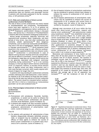 ACC/AHA/ESC Guidelines                                                                                                            705


with bipolar electrode systems.685,686 Low-energy internal        (2) Out-of-hospital initiation of antiarrhythmic medications
cardioversion does not interfere with pacemaker function              may be considered in patients without heart disease to
in patients with electrodes positioned in the RA, coronary            enhance the success of cardioversion of AF. (Level of
sinus, or left pulmonary artery.687                                   Evidence: C)
                                                                  (3) Out-of-hospital administration of antiarrhythmic medi-
8.2.5. Risks and complications of direct-current                      cations may be considered to enhance the success of
cardioversion of atrial ﬁbrillation                                   cardioversion of AF in patients with certain forms of
The risks of direct-current cardioversion are mainly related          heart disease once the safety of the drug has been
to thromboembolism and arrhythmias. Thromboembolic                    veriﬁed for the patient. (Level of Evidence: C)
events have been reported in 1% to 7% of patients not
given prophylactic anticoagulation before cardioversion of           Although most recurrences of AF occur within the ﬁrst
AF.688,689 Prophylactic antithrombotic therapy is discussed       month after direct-current cardioversion, research with
below. (See Section 8.2.7, Prevention of Thromboembolism          internal atrial cardioversion696 and postconversion studies
in Patients With Atrial Fibrillation Undergoing Cardioversion.)   using transthoracic shocks697 have established several pat-
   Various benign arrhythmias, especially ventricular and         terns of AF recurrence (Figure 17). In some cases, direct-
supraventricular premature beats, bradycardia, and short          current countershock fails to elicit even a single isolated
periods of sinus arrest, may arise after cardioversion and        sinus or ectopic atrial beat, tantamount to a high atrial deﬁ-
commonly subside spontaneously.690 More dangerous                 brillation threshold. In others, AF recurs within a few
arrhythmias, such as ventricular tachycardia and ﬁbrillation,     minutes after a period of sinus rhythm,698,699 and recurrence
may arise in the face of hypokalemia, digitalis intoxication,     after cardioversion is sometimes delayed for days or
or improper synchronization.691,692 Serum potassium levels        weeks.697 Complete shock failure and immediate recurrence
should be in the normal range for safe, effective cardiover-      occur in approximately 25% of patients undergoing direct-
sion. Magnesium supplementation does not enhance cardio-          current cardioversion of AF, and subacute recurrences
version.693 Cardioversion is contraindicated in cases of          occur within 2 wk in almost an equal proportion.698
digitalis toxicity because resulting ventricular tachyarrhyth-       Restoration and maintenance of sinus rhythm are less
mia may be difﬁcult to terminate. A serum digitalis level in      likely when AF has been present for longer than 1 y than
the therapeutic range does not exclude clinical toxicity but      in patients with AF of shorter duration. The variation in
is not generally associated with malignant ventricular            immediate success rates for direct-current cardioversion
arrhythmias during cardioversion,694 so it is not routinely       from 70% to 99% in the literature617,682,684,700,701 is partly
necessary to interrupt digoxin before elective cardioversion      explained by differences in patient characteristics and the
of AF. It is important, however, to exclude clinical and ECG      waveform used but also depends upon the deﬁnition of
signs of digitalis excess and delay cardioversion until a         success, because the interval at which the result is evalu-
toxic state has been corrected, which usually requires with-      ated ranges from moments to several days. Over time, the
drawal of digoxin for longer than 24 h.                           proportion of AF caused by rheumatic heart disease has
   In patients with long-standing AF, cardioversion commonly      declined, the average age of the AF population has
unmasks underlying sinus node dysfunction. A slow ventricu-       increased,700–702 and the incidences of lone AF have
lar response to AF in the absence of drugs that slow conduc-
tion across the AV node may indicate an intrinsic conduction
defect. The patient should be evaluated before cardiover-
sion with this in mind so a transvenous or transcutaneous
pacemaker can be used prophylactically.695

8.2.6. Pharmacological enhancement of direct-current
cardioversion
Recommendations
Class IIa
(1) Pretreatment with amiodarone, ﬂecainide, ibutilide,
    propafenone, or sotalol can be useful to enhance the
    success of direct-current cardioversion and prevent
    recurrent atrial ﬁbrillation. (Level of Evidence: B)
(2) In patients who relapse to AF after successful cardiover-
    sion, it can be useful to repeat the procedure following
    prophylactic administration of antiarrhythmic medi-           Figure 17 Hypothetical illustration of cardioversion failure. Three
    cation. (Level of Evidence: C)                                types of recurrences after electrical cardioversion of persistent
                                                                  atrial ﬁbrillation (AF) are shown. The efﬁcacy of drugs varies in
Class IIb                                                         enhancement of shock conversion and suppression of recurrences.
                                                                  Modiﬁed with permission from van Gelder IC, Tuinenburg AE,
(1) For patients with persistent AF, administration of beta
                                                                  Schoonderwoerd BS, et al. Pharmacologic versus direct-current
    blockers, disopyramide, diltiazem, dofetilide, procaina-      electrical cardioversion of atrial ﬂutter and ﬁbrillation. Am J
    mide, or verapamil may be considered, although the            Cardiol 1999;84:147R–51R, with permission from Excerpta Medica
    efﬁcacy of these agents to enhance the success of             Inc.704 ECV indicates external cardioversion; IRAF, immediate recur-
    direct-current cardioversion or to prevent early recur-       rence of AF deﬁned as the ﬁrst recurrence of AF after cardioversion;
    rence of AF is uncertain. (Level of Evidence: C)              SR, sinus rhythm.
 