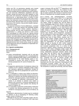 714                                                                                                         ACC/AHA/ESC Guidelines


rhythm was 93%. As spontaneous episodes were treated              surgery is between 20% and 50%,823–825 depending on deﬁ-
quickly, the interval between episodes of AF lengthened.          nitions and methods of detection. The incidence of post-
   Several available devices combining both atrial cardiover-     operative AF is increasing, perhaps more because of the
sion and ventricular deﬁbrillation capabilities with dual-        age of surgical patients than because of technical factors,
chamber sensing and pacing have been designed to treat            and this is associated with increased morbidity and costs.
both atrial and ventricular arrhythmias by pacing before
delivering low- or high-energy shocks. A number of other          8.4.1.1. Clinical   and     pathophysiological   correlates.
techniques to terminate AF by pacing are also under investi-      Postoperative AF usually occurs within 5 d of open-heart
gation, but indications may be limited to atrial tachycardia      surgery, with a peak incidence on the second day. A
and atrial ﬂutter. Because these units accurately record the      number of studies have examined the predictors of AF,
occurrence of AF, however, they provide valuable represen-        cost impact, length of hospital stay, and the effects of
tation of AF control.                                             various prophylactic interventions aimed at reducing the
   An important limitation of atrial deﬁbrillators, unrelated     incidence of AF,824,826–830 but many of these reﬂect earlier
to efﬁcacy, is that most patients ﬁnd discharge energies          models of patient management. In an observational study
over 1 J uncomfortable without sedation requiring a               of 4657 patients undergoing coronary artery bypass graft
medical setting, and the mean cardioversion threshold is          (CABG) surgery at 70 centers between 1996 and 2000,
approximately 3 J, making such devices in their current           predictors of AF included age, a history of AF, COPD,
form unacceptable for wide clinical use. Optimal devices          valvular heart disease, atrial enlargement, perioperative
would use atrial pacing to maintain sinus rhythm after cardi-     HF, and withdrawal of either beta blocker or ACE inhibitor
oversion, and some patients require additional therapy to         medications before or after surgery831 (Table 24). Many
avoid frequent paroxysms of AF. Candidates for atrial cardi-      patients have none of these factors, however, and it is
overters with infrequent episodes of poorly tolerated AF are      likely that the greater collagen content of the atria in
typically also candidates for catheter ablation. As a result,     older patients or other factors related to the biology of
implanted devices have limited utility, except for patients       aging are responsible825 for the greater propensity of
with LV dysfunction who are candidates for implantable ven-       elderly patients to develop AF after cardiac surgery832
tricular deﬁbrillators.                                           (Table 24). Other contributing factors are pericarditis826
                                                                  and increased sympathetic tone. In a review of 8051
8.4. Special considerations                                       consecutive patients without previously documented AF
8.4.1. Postoperative AF                                           (mean 64 y, 67% males) undergoing cardiac surgery (84%
Recommendations                                                   involving CABG only) between 1994 and 2004, there was a
Class I                                                           strong, independent association between obesity (body
                                                                  mass index over 30.1 kg/m2) and the development of
(1) Unless contraindicated, treatment with an oral beta           postoperative AF. During the index hospitalization, AF
    blocker to prevent postoperative AF is recommended for        developed in 22.5% of all cases, and 52% of those over age
    patients undergoing cardiac surgery. (Level of Evidence: A)   85 y, compared with 6.2% of patients younger than
(2) Administration of AV nodal blocking agents is rec-            40 y. Among the extremely obese, the relative risk of
    ommended to achieve rate control in patients who              postoperative AF was 2.39. ‘Off-pump’ CABG was
    develop postoperative AF. (Level of Evidence: B)              associated with 39% lower likelihood of developing AF than
  Class IIa                                                       conventional on-pump surgery, and the risk of AF
                                                                  correlated with the duration of cardiopulmonary bypass.833
(1) Preoperative administration of amiodarone reduces the         The arrhythmia is usually self-correcting, and sinus rhythm
    incidence of AF in patients undergoing cardiac surgery
    and represents appropriate prophylactic therapy for
    patients at high risk for postoperative AF. (Level of Evi-              Table 24 Multivariate predictors of post-
    dence: A)                                                               operative atrial arrhythmias in patients
                                                                            undergoing myocardial revascularization
(2) It is reasonable to restore sinus rhythm by pharmaco-
                                                                            surgery
    logical cardioversion with ibutilide or direct-current car-
    dioversion in patients who develop postoperative AF as                  Advanced age
    advised for nonsurgical patients. (Level of Evidence: B)                Male gender
(3) It is reasonable to administer antiarrhythmic medi-                     Digoxin
    cations in an attempt to maintain sinus rhythm in                       Peripheral arterial disease
    patients with recurrent or refractory postoperative AF,                 Chronic lung disease
    as recommended for other patients who develop AF.                       Valvular heart disease
                                                                            Left atrial enlargement
    (Level of Evidence: B)
                                                                            Previous cardiac surgery
(4) It is reasonable to administer antithrombotic medication                Discontinuation of beta-blocker medication
    in patients who develop postoperative AF, as recom-                     Preoperative atrial tachyarrhythmias
    mended for nonsurgical patients. (Level of Evidence: B)                 Pericarditis
                                                                            Elevated postoperative adrenergic tone
Class IIb
  Prophylactic administration of sotalol may be considered                    Adapted with permission from the Society of
for patients at risk of developing AF following cardiac                     Thoracic Surgeons (Creswell LL, Schuessler RB,
surgery. (Level of Evidence: B)                                             Rosenbloom M, Cox JL. Hazards of postoperative
                                                                            atrial arrhythmias. Ann Thorac Surg 1993;56:
  Although AF may occur after noncardiac surgery, the inci-
                                                                            539–49).824
dence of atrial arrhythmias including AF after open-heart
 