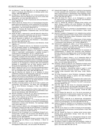 ACC/AHA/ESC Guidelines                                                                                                                                      735


414. van Walraven C, Hart RG, Singer DE, et al. Oral anticoagulants vs.            437. Ezekowitz MD, Bridgers SL, James KE, et al. Warfarin in the prevention
     aspirin in nonvalvular atrial ﬁbrillation: an individual patient meta-             of stroke associated with nonrheumatic atrial ﬁbrillation. Veterans
     analysis. JAMA 2002;288:2441–8.                                                    Affairs Stroke Prevention in Nonrheumatic Atrial Fibrillation Investi-
415. van Walraven C, Hart RG, Wells GA, et al. A clinical prediction rule to            gators [published erratum appears in N Engl J Med 1993;328(2):148].
     identify patients with atrial ﬁbrillation and a low risk for stroke while          N Engl J Med 1992;327:1406–12.
     taking aspirin. Arch Intern Med 2003;163:936–43.                              438. Albers GW, Diener HC, Frison L, et al. Ximelagatran vs. warfarin
416. Petersen P, Hansen JM. Stroke in thyrotoxicosis with atrial ﬁbrillation.           for stroke prevention in patients with nonvalvular atrial ﬁbrillation:
     Stroke 1988;19:15–8.                                                               a randomized trial. JAMA 2005;293:690–8.
417. Fatkin D, Kuchar DL, Thorburn CW, et al. Transesophageal echocardio-          439. Gullov AL, Koefoed BG, Petersen P. Bleeding during warfarin and
     graphy before and during direct current cardioversion of atrial ﬁbrilla-           aspirin therapy in patients with atrial ﬁbrillation: the AFASAK 2
     tion: evidence for ‘atrial stunning’ as a mechanism of thromboembolic              study. Atrial Fibrillation Aspirin and Anticoagulation. Arch Intern Med
     complications. J Am Coll Cardiol 1994;23:307–16.                                   1999;159:1322–8.
418. Robinson K, Frenneaux MP, Stockins B, et al. Atrial ﬁbrillation in            440. Warfarin versus aspirin for prevention of thromboembolism in atrial
     hypertrophic cardiomyopathy: a longitudinal study. J Am Coll Cardiol               ﬁbrillation: Stroke Prevention in Atrial Fibrillation II Study. Lancet
     1990;15:1279–85.                                                                   1994;343:687–91.
419. Russell JW, Biller J, Hajduczok ZD, Jones MP, Kerber RE, Adams HP Jr.         441. Morocutti C, Amabile G, Fattapposta F, et al. Indobufen versus warfarin
     Ischemic cerebrovascular complications and risk factors in idiopathic              in the secondary prevention of major vascular events in nonrheumatic
     hypertrophic subaortic stenosis. Stroke 1991;22:1143–7.                            atrial ﬁbrillation. SIFA (Studio Italiano Fibrillazione Atriale) Investi-
420. Hart RG, Benavente O, McBride R, et al. Antithrombotic therapy to                  gators. Stroke 1997;28:1015–21.
     prevent stroke in patients with atrial ﬁbrillation: a meta-analysis.          442. Pengo V, Zasso A, Barbero F, et al. Effectiveness of ﬁxed minidose
     Ann Intern Med 1999;131:492–501.                                                   warfarin in the prevention of thromboembolism and vascular death
421. Petersen P. Thromboembolic complications in atrial ﬁbrillation. Stroke             in nonrheumatic atrial ﬁbrillation. Am J Cardiol 1998;82:433–7.
     1990;21:4–13.                                                                 443. Hellemons BS, Langenberg M, Lodder J, et al. Primary prevention of
422. Shigematsu Y, Hamada M, Mukai M, et al. Mechanism of atrial ﬁbrilla-               arterial thromboembolism in non-rheumatic atrial ﬁbrillation in
     tion and increased incidence of thromboembolism in patients with                   primary care: randomised controlled trial comparing two intensities
     hypertrophic cardiomyopathy. Jpn Circ J 1995;59:329–36.                            of coumarin with aspirin. BMJ 1999;319:958–64.
423. Higashikawa M, Nakamura Y, Yoshida M, et al. Incidence of ischemic            444. Halperin JL. Ximelagatran compared with warfarin for prevention of
                                                                                        thromboembolism in patients with nonvalvular atrial ﬁbrillation:
     strokes in hypertrophic cardiomyopathy is markedly increased if
                                                                                        Rationale, objectives, and design of a pair of clinical studies and base-
     complicated by atrial ﬁbrillation. Jpn Circ J 1997;61:673–81.
                                                                                        line patient characteristics (SPORTIF III and V). Am Heart J 2003;
424. Fuster V, Ryden LE, Asinger RW, et al. ACC/AHA/ESC guidelines for the
                                                                                        146:431–8.
     management of patients with atrial ﬁbrillation. A report of the Amer-
                                                                                   445. Perez-Gomez F, Alegria E, Berjon J, et al. Comparative effects of
     ican College of Cardiology/American Heart Association Task Force on
                                                                                        antiplatelet, anticoagulant, or combined therapy in patients with valv-
     Practice Guidelines and the European Society of Cardiology Committee
                                                                                        ular and nonvalvular atrial ﬁbrillation: a randomized multicenter
     for Practice Guidelines and Policy Conferences (Committee to Develop
                                                                                        study. J Am Coll Cardiol 2004;44:1557–66.
     Guidelines for the Management of Patients With Atrial Fibrillation)
                                                                                   446. Harenberg J, Weuster B, Pﬁtzer M, et al. Prophylaxis of embolic events
     developed in collaboration with the North American Society of
                                                                                        in patients with atrial ﬁbrillation using low molecular weight heparin.
     Pacing and Electrophysiology. Eur Heart J 2001;22:1852–923.
                                                                                        Semin Thromb Hemost 1993;19(Suppl 1):116–21.
425. Wang TJ, Massaro JM, Levy D, et al. A risk score for predicting stroke or
                                                                                   447. Posada IS, Barriales V. Alternate-day dosing of aspirin in atrial
     death in individuals with new-onset atrial ﬁbrillation in the commu-
                                                                                        ﬁbrillation. LASAF Pilot Study Group. Am Heart J 1999;138:137–43.
     nity: the Framingham Heart Study. JAMA 2003;290:1049–56.
                                                                                   448. European Stroke Prevention Study. ESPS Group. Stroke 1990;21:
426. Gage BF, Waterman AD, Shannon W, et al. Validation of clinical
                                                                                        1122–30.
     classiﬁcation schemes for predicting stroke: results from the National
                                                                                   449. The Stroke Prevention in Atrial Fibrillation Investigators. Bleeding
     Registry of Atrial Fibrillation. JAMA 2001;285:2864–70.
                                                                                        during antithrombotic therapy in patients with atrial ﬁbrillation.
427. Patients with nonvalvular atrial ﬁbrillation at low risk of stroke during
                                                                                        Arch Intern Med 1996;156:409–16.
     treatment with aspirin: Stroke Prevention in Atrial Fibrillation III Study.
                                                                                   450. Gorter JW. Major bleeding during anticoagulation after cerebral ische-
     The SPAF III Writing Committee for the Stroke Prevention in Atrial
                                                                                        mia: patterns and risk factors. Stroke Prevention In Reversible Ischemia
     Fibrillation Investigators. JAMA 1998;279:1273–7.
                                                                                        Trial (SPIRIT). European Atrial Fibrillation Trial (EAFT) study groups.
428. The effect of low-dose warfarin on the risk of stroke in patients with             Neurology 1999;53:1319–27.
     nonrheumatic atrial ﬁbrillation. The Boston Area Anticoagulation              451. Hylek EM, Singer DE. Risk factors for intracranial hemorrhage in
     Trial for Atrial Fibrillation Investigators. N Engl J Med 1990;323:                outpatients taking warfarin. Ann Intern Med 1994;120:897–902.
     1505–11.                                                                      452. Oden A, Fahlen M, Hart RG. Optimal INR for prevention of stroke and
                                                                                           ´          ´
429. Howitt A, Armstrong D. Implementing evidence based medicine in                     death in atrial ﬁbrillation: a critical appraisal. Thromb Res 2006;
     general practice: audit and qualitative study of antithrombotic treat-             117:493–9.
     ment for atrial ﬁbrillation. BMJ 1999;318:1324–7.                             453. Fihn SD, Callahan CM, Martin DC, et al. The risk for and severity of
430. Wood KA, Eisenberg SJ, Kalman JM, et al. Risk of thromboembolism in                bleeding complications in elderly patients treated with warfarin. The
     chronic atrial ﬂutter. Am J Cardiol 1997;79:1043–7.                                National Consortium of Anticoagulation Clinics. Ann Intern Med
431. Biblo LA, Yuan Z, Quan KJ, et al. Risk of stroke in patients with atrial           1996;124:970–9.
     ﬂutter. Am J Cardiol 2001;87:346–9, A9.                                       454. Fang MC, Chang Y, Hylek EM, et al. Advanced age, anticoagulation
432. Petersen P, Boysen G, Godtfredsen J, et al. Placebo-controlled, ran-               intensity, and risk for intracranial hemorrhage among patients taking
     domised trial of warfarin and aspirin for prevention of thromboembolic             warfarin for atrial ﬁbrillation. Ann Intern Med 2004;141:745–52.
     complications in chronic atrial ﬁbrillation. The Copenhagen AFASAK            455. Sudlow M, Thomson R, Thwaites B, et al. Prevalence of atrial ﬁbrilla-
     study. Lancet 1989;1:175–9.                                                        tion and eligibility for anticoagulants in the community. Lancet 1998;
433. Lechat P, Lardoux H, Mallet A, et al. Anticoagulant (ﬂuindione)-aspirin            352:1167–71.
     combination in patients with high-risk atrial ﬁbrillation. A randomized       456. Hylek EM, Go AS, Chang Y, et al. Effect of intensity of oral anticoagula-
     trial (Fluindione, Fibrillation Auriculaire, Aspirin et Contraste Spon-            tion on stroke severity and mortality in atrial ﬁbrillation. N Engl J Med
     tane; FFAACS). Cerebrovasc Dis 2001;12:245–52.                                     2003;349:1019–26.
434. Benavente O, Hart R, Koudstaal P, et al. Antiplatelet therapy for pre-        457. Hart RG, Tonarelli SB, Pearce LA. Avoiding central nervous system
     venting stroke in patients with non-valvular atrial ﬁbrillation and no             bleeding during antithrombotic therapy: recent data and ideas.
     previous history of stroke or transient ischemic attacks. Cochrane                 Stroke 2005;36:1588–93.
     Database Syst Rev 2000;CD001925.                                              458. Go AS, Hylek EM, Chang Y, et al. Anticoagulation therapy for stroke
435. Benavente O, Hart RG. Antiplatelet therapy to prevent stroke: risk of              prevention in atrial ﬁbrillation: how well do randomized trials trans-
     brain hemorrhage and efﬁcacy in atrial ﬁbrillation. J Neurol Sci                   late into clinical practice? JAMA 2003;290:2685–92.
     1997;153:110.                                                                 459. The efﬁcacy of aspirin in patients with atrial ﬁbrillation. Analysis of
436. Connolly SJ, Laupacis A, Gent M, et al. Canadian Atrial Fibrillation               pooled data from 3 randomized trials. The Atrial Fibrillation Investi-
     Anticoagulation (CAFA) Study. J Am Coll Cardiol 1991;18:349–55.                    gators. Arch Intern Med 1997;157:1237–40.
 