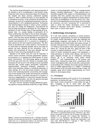 ACC/AHA/ESC Guidelines                                                                                                                     659


   The clinician should distinguish a ﬁrst-detected episode of               clinical or echocardiographic evidence of cardiopulmonary
AF, whether or not it is symptomatic or self-limited, recog-                 disease, including hypertension.11 These patients have a
nizing that there may be uncertainty about the duration of                   favorable prognosis with respect to thromboembolism and
the episode and about previous undetected episodes                           mortality. Over time, patients may move out of the lone
(Figure 3). When a patient has had 2 or more episodes, AF                    AF category due to aging or development of cardiac abnorm-
is considered recurrent. If the arrhythmia terminates spon-                  alities such as enlargement of the left atrium (LA). Then,
taneously, recurrent AF is designated paroxysmal; when sus-                  the risks of thromboembolism and mortality rise accordingly.
tained beyond 7 d, AF is designated persistent. Termination                  By convention, the term ‘nonvalvular AF’ is restricted to
with pharmacological therapy or direct-current cardiover-                    cases in which the rhythm disturbance occurs in the
sion does not change the designation. First-detected AF                      absence of rheumatic mitral valve disease, a prosthetic
may be either paroxysmal or persistent AF. The category of                   heart valve, or mitral valve repair.
persistent AF also includes cases of long-standing AF (e.g.,
greater than 1 y), usually leading to permanent AF, in
which cardioversion has failed or has not been attempted.
                                                                             4. Epidemiology and prognosis
   These categories are not mutually exclusive in a particular               AF is the most common arrhythmia in clinical practice,
patient, who may have several episodes of paroxysmal AF                      accounting for approximately one-third of hospitalizations
and occasional persistent AF, or the reverse. Regarding par-                 for cardiac rhythm disturbances. Most data regarding the
oxysmal and persistent AF, it is practical to categorize a                   epidemiology, prognosis, and quality of life in AF have
given patient by the most frequent presentation. The deﬁ-                    been obtained in the United States and western Europe. It
nition of permanent AF is often arbitrary. The duration of                   has been estimated that 2.2 million people in America and
AF refers both to individual episodes and to how long the                    4.5 million in the European Union have paroxysmal or per-
patient has been affected by the arrhythmia. Thus, a                         sistent AF.12 During the past 20 y, there has been a 66%
patient with paroxysmal AF may have episodes that last                       increase in hospital admissions for AF13–15 due to a combi-
seconds to hours occurring repeatedly for years.                             nation of factors including the aging of the population, a
   Episodes of AF briefer than 30 s may be important in                      rising prevalence of chronic heart disease, and more fre-
certain clinical situations involving symptomatic patients,                  quent diagnosis through use of ambulatory monitoring
pre-excitation or in assessing the effectiveness of thera-                   devices. AF is an extremely costly public health
peutic interventions. This terminology applies to episodes                   problem,16,17 with hospitalizations as the primary cost
of AF that last more than 30 s without a reversible cause.                   driver (52%), followed by drugs (23%), consultations (9%),
Secondary AF that occurs in the setting of acute myocardial                  further investigations (8%), loss of work (6%), and paramedi-
infarction (MI), cardiac surgery, pericarditis, myocarditis,                 cal procedures (2%). Globally, the annual cost per patient is
hyperthyroidism, pulmonary embolism, pneumonia, or                           close to E3000 (approximately U.S. $3600).16 Considering
other acute pulmonary disease is considered separately. In                   the prevalence of AF, the total societal burden is huge, for
these settings, AF is not the primary problem, and treat-                    example, about EE13.5 billion (approximately U.S. $15.7
ment of the underlying disorder concurrently with manage-                    billion) in the European Union.
ment of the episode of AF usually terminates the arrhythmia
without recurrence. Conversely, because AF is common, it                     4.1. Prevalence
may occur independently of a concurrent disorder like well-
controlled hypothyroidism, and then the general principles                   The estimated prevalence of AF is 0.4% to 1% in the general
for management of the arrhythmia apply.                                      population, increasing with age.18,19 Cross-sectional studies
   The term ‘lone AF’ has been variously deﬁned but gener-                   have found a lower prevalence in those below the age of
ally applies to young individuals (under 60 y of age) without                60 y, increasing to 8% in those older than 80 y
                                                                             (Figure 4).20–22 The age-adjusted prevalence of AF is higher




                                                                             Figure 4 Estimated age-speciﬁc prevalence of atrial ﬁbrillation
                                                                             (AF) based on 4 population-based surveys. Prevalence, age, distri-
                                                                             bution, and gender of patients with AF analysis and implications.
                                                                             Modiﬁed with permission from Feinberg WM, Blackshear JL,
Figure 3 Patterns of atrial ﬁbrillation (AF). 1, Episodes that gener-        Laupacis A, et al. Prevalence, age distribution, and gender of
ally last 7 d or less (most less than 24 h); 2, episodes that usually last   patients with atrial ﬁbrillation. Analysis and implications. Arch
longer than 7 d; 3, cardioversion failed or not attempted; and 4,            Intern Med 1995;155:469–73.19 Copyright & 1995, American
both paroxysmal and persistent AF may be recurrent.                          Medical Association. All rights reserved.
 