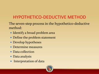 HYPOTHETICO-DEDUCTIVE METHOD
The seven-step process in the hypothetico-deductive
method:
 Identify a broad problem area
 Define the problem statement
 Develop hypotheses
 Determine measures
 Data collection
 Data analysis
 Interpretation of data
 