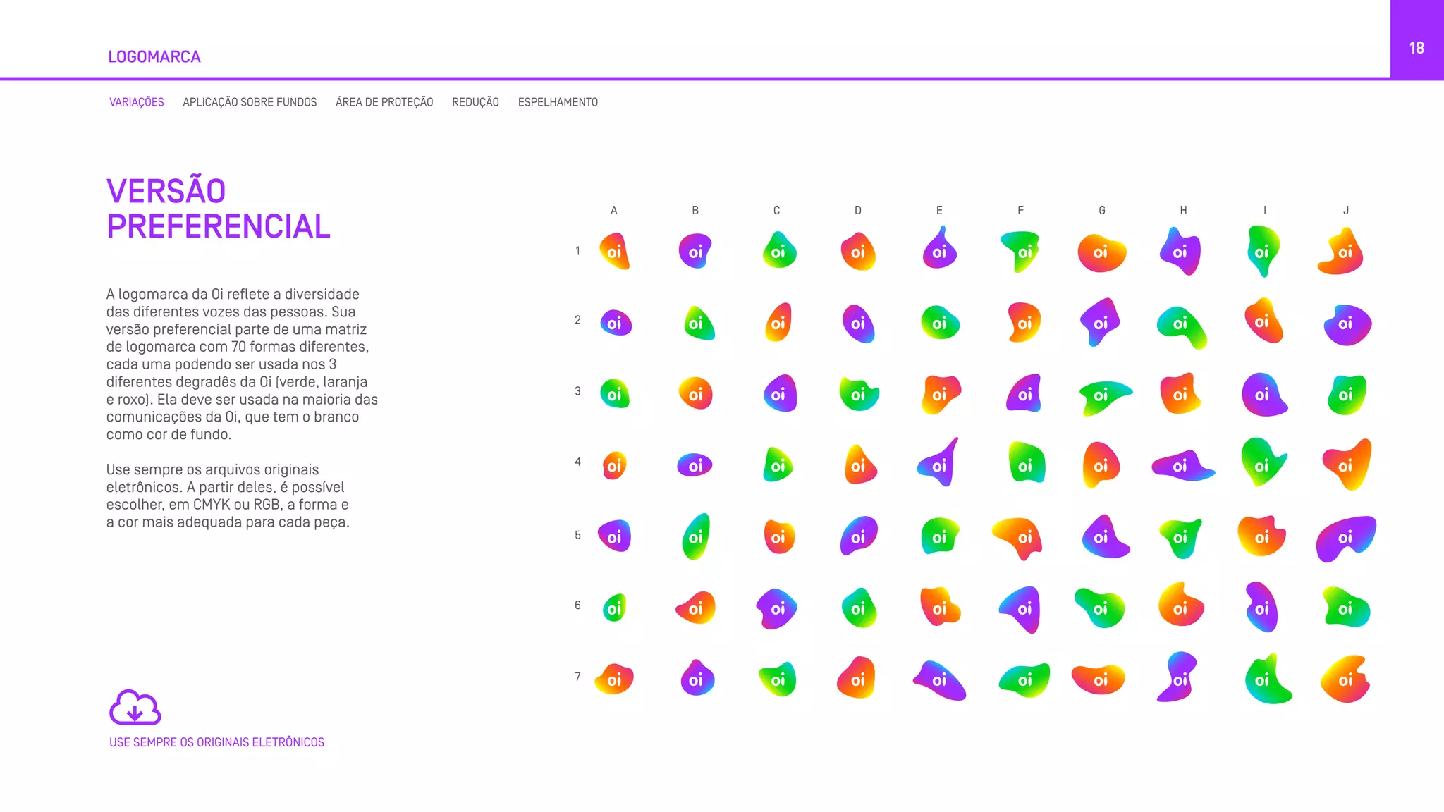 A logomarca da Oi reflete a diversidade
das diferentes vozes das pessoas. Sua
versão preferencial parte de uma matriz
de logomarca com 70 formas diferentes,
cada uma podendo ser usada nos 3
diferentes degradês da Oi (verde, laranja
e roxo). Ela deve ser usada na maioria das
comunicações da Oi, que tem o branco
como cor de fundo.
Use sempre os arquivos originais
eletrônicos. A partir deles, é possível
escolher, em CMYK ou RGB, a forma e
a cor mais adequada para cada peça.
18
VARIAÇÕES APLICAÇÃO SOBRE FUNDOS ÁREA DE PROTEÇÃO REDUÇÃO ESPELHAMENTO
VERSÃO
PREFERENCIAL
USE SEMPRE OS ORIGINAIS ELETRÔNICOS
LOGOMARCA
A
1
2
3
4
5
6
7
B C D E F G H I J
 