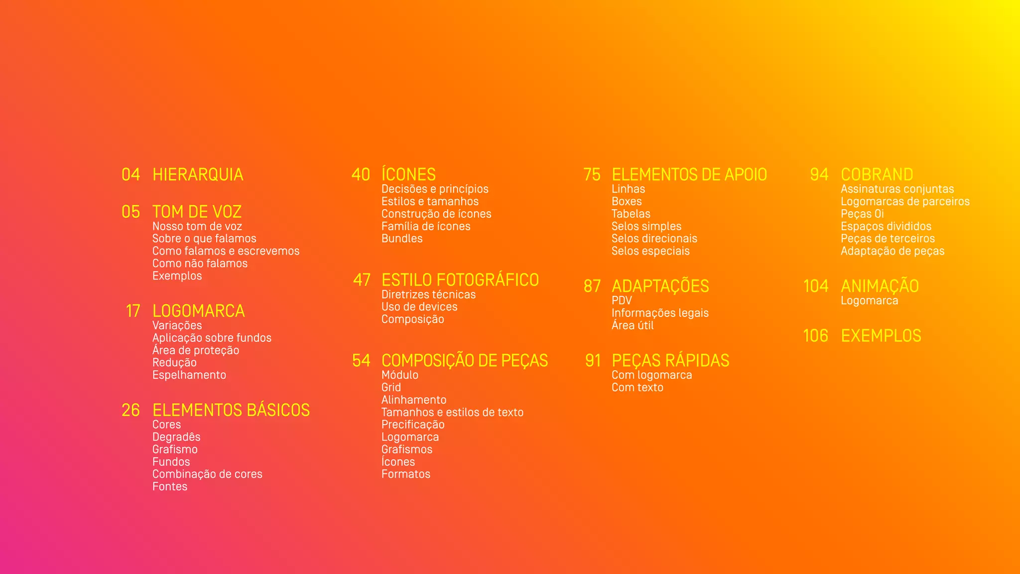 HIERARQUIA
TOM DE VOZ
Nosso tom de voz
Sobre o que falamos
Como falamos e escrevemos
Como não falamos
Exemplos
LOGOMARCA
Variações
Aplicação sobre fundos
Área de proteção
Redução
Espelhamento
ELEMENTOS BÁSICOS
Cores
Degradês
Grafismo
Fundos
Combinação de cores
Fontes
04
05
17
26
40
47
54
75
87
91
94
104
106
ÍCONES
Decisões e princípios
Estilos e tamanhos
Construção de ícones
Família de ícones
Bundles
ESTILO FOTOGRÁFICO
Diretrizes técnicas
Uso de devices
Composição
COMPOSIÇÃO DE PEÇAS
Módulo
Grid
Alinhamento
Tamanhos e estilos de texto
Precificação
Logomarca
Grafismos
Ícones
Formatos
ELEMENTOS DE APOIO
Linhas
Boxes
Tabelas
Selos simples
Selos direcionais
Selos especiais
ADAPTAÇÕES
PDV
Informações legais
Área útil
PEÇAS RÁPIDAS
Com logomarca
Com texto
COBRAND
Assinaturas conjuntas
Logomarcas de parceiros
Peças Oi
Espaços divididos
Peças de terceiros
Adaptação de peças
ANIMAÇÃO
Logomarca
EXEMPLOS
 