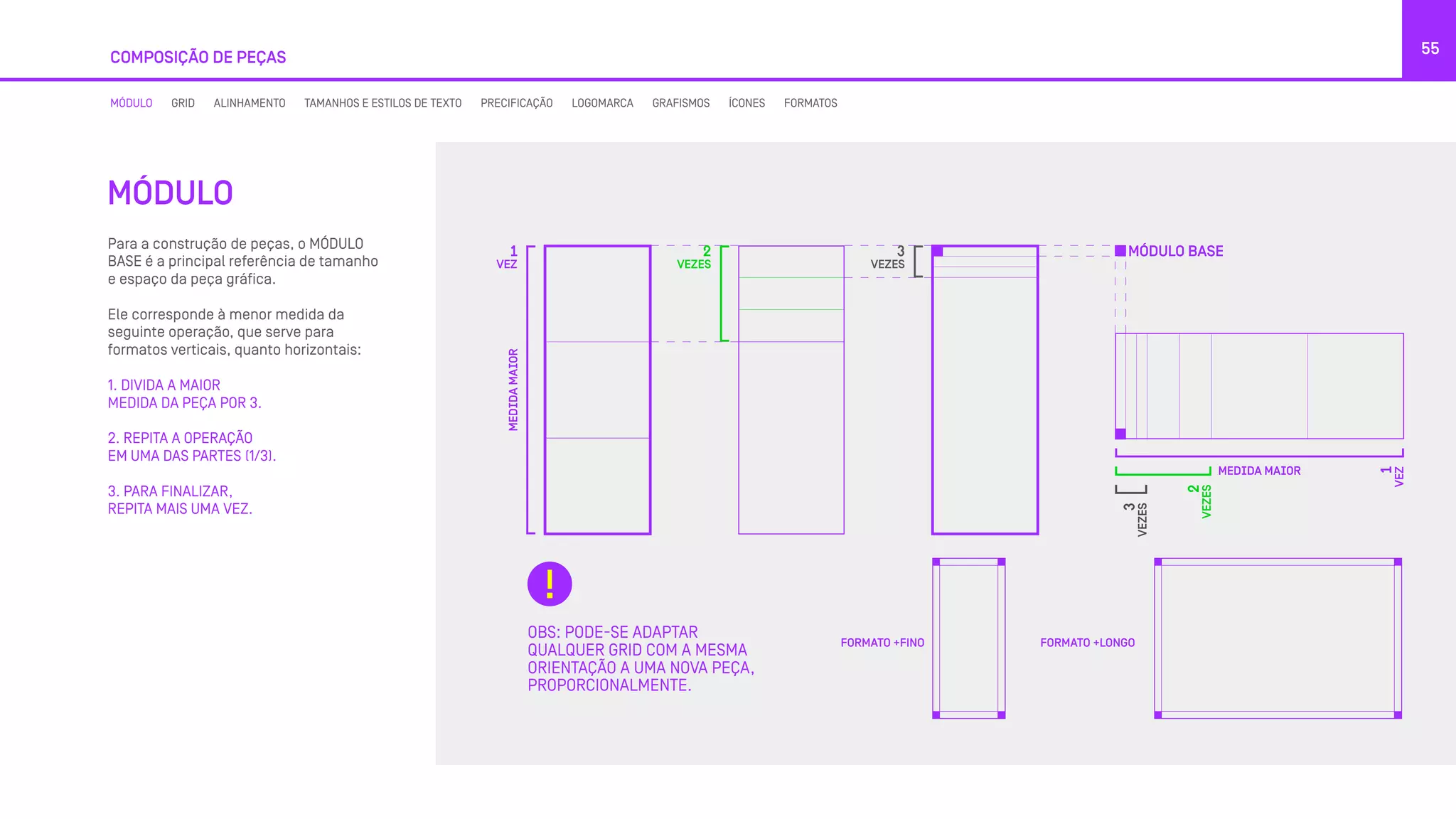 Para a construção de peças, o MÓDULO
BASE é a principal referência de tamanho
e espaço da peça gráfica.
Ele corresponde à menor medida da
seguinte operação, que serve para
formatos verticais, quanto horizontais:
1. DIVIDA A MAIOR
MEDIDA DA PEÇA POR 3.
2. REPITA A OPERAÇÃO
EM UMA DAS PARTES (1/3).
3. PARA FINALIZAR,
REPITA MAIS UMA VEZ.
OBS: PODE-SE ADAPTAR
QUALQUER GRID COM A MESMA
ORIENTAÇÃO A UMA NOVA PEÇA,
PROPORCIONALMENTE.
FORMATO +FINO FORMATO +LONGO
COMPOSIÇÃO DE PEÇAS
55
MÓDULO
MÓDULO GRID ALINHAMENTO TAMANHOS E ESTILOS DE TEXTO PRECIFICAÇÃO LOGOMARCA GRAFISMOS ÍCONES FORMATOS
 
