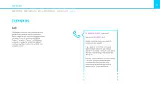 TOM DE VOZ
14
NOSSO TOM DE VOZ SOBRE O QUE FALAMOS COMO FALAMOS E ESCREVEMOS COMO NÃO FALAMOS EXEMPLOS
EXEMPLOS
SAC
A linguagem informal, bem próxima de uma
ligação entre pessoas que se conhecem,
afasta a ideia de um atendimento padronizado
e forçado. O uso de construções da fala
(“super”, “a gente”, “queria”) reforça essa
sensação. A pergunta “pode falar agora?”
mostra que a Oi se importa de verdade com
a vida do cliente.
Oi, NOME DO CLIENTE, tudo bem?
Aqui é o(a) SEU NOME, da Oi.
Queria conversar sobre seu plano Oi,
você pode falar agora?
É que a gente encontrou uma super
oportunidade pra você, que é nosso
cliente há X anos e X meses. O seu plano
tem fixo e banda larga, mas ainda não
tem Oi TV.
Por isso, queria oferecer um novo combo,
o Oi Total, que tem condições bem
interessantes. Ele junta em uma
única conta os serviços que você já
assina com a TV por assinatura.
 