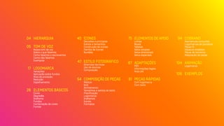 HIERARQUIA
TOM DE VOZ
Nosso tom de voz
Sobre o que falamos
Como falamos e escrevemos
Como não falamos
Exemplos
LOGOMARCA
Variações
Aplicação sobre fundos
Área de proteção
Redução
Espelhamento
ELEMENTOS BÁSICOS
Cores
Degradês
Grafismo
Fundos
Combinação de cores
Fontes
04
05
17
26
40
47
54
75
87
91
94
104
106
ÍCONES
Decisões e princípios
Estilos e tamanhos
Construção de ícones
Família de ícones
Bundles
ESTILO FOTOGRÁFICO
Diretrizes técnicas
Uso de devices
Composição
COMPOSIÇÃO DE PEÇAS
Módulo
Grid
Alinhamento
Tamanhos e estilos de texto
Precificação
Logomarca
Grafismos
Ícones
Formatos
ELEMENTOS DE APOIO
Linhas
Boxes
Tabelas
Selos simples
Selos direcionais
Selos especiais
ADAPTAÇÕES
PDV
Informações legais
Área útil
PEÇAS RÁPIDAS
Com logomarca
Com texto
COBRAND
Assinaturas conjuntas
Logomarcas de parceiros
Peças Oi
Espaços divididos
Peças de terceiros
Adaptação de peças
ANIMAÇÃO
Logomarca
EXEMPLOS
 