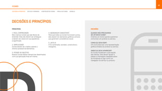 ÍCONES
41
DECISÕES E PRINCÍPIOS ESTILOS E TAMANHOS CONSTRUÇÃO DE ÍCONES FAMÍLIA DE ÍCONES BUNDLES
PRINCÍPIOS
1. FÁCIL COMPREENSÃO
Nós criamos ícones que são fáceis de
entender. Eles não devem ser ambíguos
e devem ser claros em sua aparência
e significado.
2. SIMPLICIDADE
Ícones devem ser criados usando o
mínimo possível de elementos.
3. ATENDE AO OBJETIVO
Nossos ícones devem sempre ser desenhados
com sua aplicação final em mente.
DECISÕES E PRINCÍPIOS
4. ABORDAGEM CONSISTENTE
Para que todos os ícones funcionem juntos,
eles devem ter elementos gráficos comuns
que garantam consistência visual.
5. JEITO OI
A Oi é antenada, sociável, construtiva e
instigante.
DECISÕES
QUANDO NÓS PRECISAMOS
DE UM NOVO ÍCONE?
Criamos um ícone quando queremos
comunicar um produto ou serviço.
COMO ELE DEVE SER?
Um ícone deve ser uma representação
gráfica simples do produto ou serviço.
ONDE ELE DEVE APARECER?
Os ícones fortalecem a percepção
das ofertas. Eles devem ajudar a
passar a mensagem desejada sobre
as iniciativas ou agir como um
navegador do serviço ou produto.
 