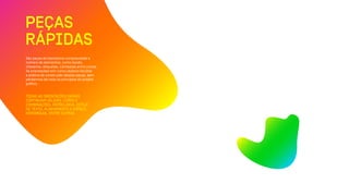 PEÇAS
RÁPIDAS
São peças de baixíssima complexidade e
número de elementos, como bonés,
chaveiros, etiquetas, camisetas,entre outras.
As orientações tem como objetivo facilitar
a prática de construção dessas peças, sem
perdermos de vista os princípios do projeto
gráfico.
TODAS AS ORIENTAÇÕES GERAIS
CONTINUAM VÁLIDAS: CORES E
COMBINAÇÕES, ENTRELINHA, ESTILO
DE TEXTO, ALINHAMENTO E ESPAÇO,
HIERARQUIA, ENTRE OUTRAS
 