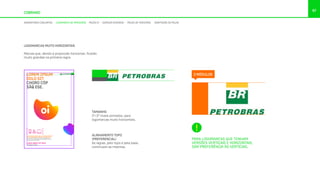 97
COBRAND
ASSINATURAS CONJUNTAS LOGOMARCA DE PARCEIROS PEÇAS OI ESPAÇOS DIVIDIDOS PEÇAS DE TERCEIROS ADAPTAÇÃO DE PEÇAS
LOGOMARCAS MUITO HORIZONTAIS
Marcas que, devido à proporção horizontal, ficarão
muito grandes na primeira regra.
PARA LOGOMARCAS QUE TENHAM
VERSÕES VERTICAIS E HORIZONTAIS,
DAR PREFERÊNCIA ÀS VERTICAIS.
TAMANHO
2º+3º níveis somados, para
logomarcas muito horizontais.
ALINHAMENTO TOPO
(PREFERENCIAL)
As regras, pelo topo e pela base,
continuam as mesmas.
LOREM IPSUM
DOLO SIT
CHORO CÓP
SÃQ ESE.
LOREM IPSUM DOLOR SIT AMET, EA APEIRIAN INTERESSET
PRI, EA OMNIS EIRMOD DICERET EUM, IN LIBRIS SUSCI.
At vero eos et accusamus et iusto odio dignissimos
ducimus qui blanditiis praesentium voluptatum deleniti
atque corrupti quos dolores.
LIGUE 0800 721 2014
OU ACESSE OI.COM.BR
2 MÓDULOS
 