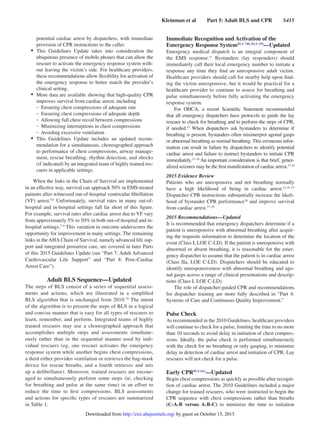 Kleinman et al   Part 5: Adult BLS and CPR   S415
potential cardiac arrest by dispatchers, with immediate
provision of CPR instructions to the caller.
•	 This Guidelines Update takes into consideration the
ubiquitous presence of mobile phones that can allow the
rescuer to activate the emergency response system with-
out leaving the victim’s side. For healthcare providers,
these recommendations allow flexibility for activation of
the emergency response to better match the provider’s
clinical setting.
•	 More data are available showing that high-quality CPR
improves survival from cardiac arrest, including
	 –  Ensuring chest compressions of adequate rate
	 –  Ensuring chest compressions of adequate depth
	 –  Allowing full chest recoil between compressions
	 –  Minimizing interruptions in chest compressions
	 –  Avoiding excessive ventilation
•	 This Guidelines Update includes an updated recom-
mendation for a simultaneous, choreographed approach
to performance of chest compressions, airway manage-
ment, rescue breathing, rhythm detection, and shocks
(if indicated) by an integrated team of highly trained res-
cuers in applicable settings.
When the links in the Chain of Survival are implemented
in an effective way, survival can approach 50% in EMS-treated
patients after witnessed out-of-hospital ventricular fibrillation
(VF) arrest.5,6
Unfortunately, survival rates in many out-of-
hospital and in-hospital settings fall far short of this figure.
For example, survival rates after cardiac arrest due to VF vary
from approximately 5% to 50% in both out-of-hospital and in-
hospital settings.7–9
This variation in outcome underscores the
opportunity for improvement in many settings. The remaining
links in theAHA Chain of Survival, namely advanced life sup-
port and integrated postarrest care, are covered in later Parts
of this 2015 Guidelines Update (see “Part 7: Adult Advanced
Cardiovascular Life Support” and “Part 8: Post–Cardiac
Arrest Care”).
Adult BLS Sequence—Updated
The steps of BLS consist of a series of sequential assess-
ments and actions, which are illustrated in a simplified
BLS algorithm that is unchanged from 2010.10
The intent
of the algorithm is to present the steps of BLS in a logical
and concise manner that is easy for all types of rescuers to
learn, remember, and perform. Integrated teams of highly
trained rescuers may use a choreographed approach that
accomplishes multiple steps and assessments simultane-
ously rather than in the sequential manner used by indi-
vidual rescuers (eg, one rescuer activates the emergency
response system while another begins chest compressions,
a third either provides ventilation or retrieves the bag-mask
device for rescue breaths, and a fourth retrieves and sets
up a defibrillator). Moreover, trained rescuers are encour-
aged to simultaneously perform some steps (ie, checking
for breathing and pulse at the same time) in an effort to
reduce the time to first compressions. BLS assessments
and actions for specific types of rescuers are summarized
in Table 1.
Immediate Recognition and Activation of the
Emergency Response SystemBLS 740, BLS 359
—Updated
Emergency medical dispatch is an integral component of
the EMS response.11
Bystanders (lay responders) should
immediately call their local emergency number to initiate a
response any time they find an unresponsive adult victim.
Healthcare providers should call for nearby help upon find-
ing the victim unresponsive, but it would be practical for a
healthcare provider to continue to assess for breathing and
pulse simultaneously before fully activating the emergency
response system.
For OHCA, a recent Scientific Statement recommended
that all emergency dispatchers have protocols to guide the lay
rescuer to check for breathing and to perform the steps of CPR,
if needed.12
When dispatchers ask bystanders to determine if
breathing is present, bystanders often misinterpret agonal gasps
or abnormal breathing as normal breathing. This erroneous infor-
mation can result in failure by dispatchers to identify potential
cardiac arrest and failure to instruct bystanders to initiate CPR
immediately.13–18
An important consideration is that brief, gener-
alized seizures may be the first manifestation of cardiac arrest.17,18
2015 Evidence Review
Patients who are unresponsive and not breathing normally
have a high likelihood of being in cardiac arrest.15,18–25
Dispatcher CPR instructions substantially increase the likeli-
hood of bystander CPR performance26
and improve survival
from cardiac arrest.27–29
2015 Recommendations—Updated
It is recommended that emergency dispatchers determine if a
patient is unresponsive with abnormal breathing after acquir-
ing the requisite information to determine the location of the
event (Class I, LOE C-LD). If the patient is unresponsive with
abnormal or absent breathing, it is reasonable for the emer-
gency dispatcher to assume that the patient is in cardiac arrest
(Class IIa, LOE C-LD). Dispatchers should be educated to
identify unresponsiveness with abnormal breathing and ago-
nal gasps across a range of clinical presentations and descrip-
tions (Class I, LOE C-LD).
The role of dispatcher-guided CPR and recommendations
for dispatcher training are more fully described in “Part 4:
Systems of Care and Continuous Quality Improvement.”
Pulse Check
As recommended in the 2010 Guidelines, healthcare providers
will continue to check for a pulse, limiting the time to no more
than 10 seconds to avoid delay in initiation of chest compres-
sions. Ideally, the pulse check is performed simultaneously
with the check for no breathing or only gasping, to minimize
delay in detection of cardiac arrest and initiation of CPR. Lay
rescuers will not check for a pulse.
Early CPRBLS 661
—Updated
Begin chest compressions as quickly as possible after recogni-
tion of cardiac arrest. The 2010 Guidelines included a major
change for trained rescuers, who were instructed to begin the
CPR sequence with chest compressions rather than breaths
(C-A-B versus A-B-C) to minimize the time to initiation
by guest on October 15, 2015http://circ.ahajournals.org/Downloaded from
 
