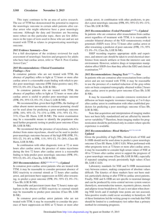 S388  Circulation  November 3, 2015
This topic continues to be an area of active research.
The use of TTM has demonstrated the potential to improve
the neurologic outcome in certain adult patients after car-
diac arrest who might otherwise have a poor neurologic
outcome. Although the data and literature are becoming
more robust on this particular topic, there are few differ-
ences in the types of tests used in those who are and are not
treated with TTM as relates to prognosticating neurologic
outcome.
2015 Evidence Summary—New
For a full description of the evidence reviewed for each
assessment of neurologic function and prognosis for adults
who have had cardiac arrest, refer to “Part 8: Post–Cardiac
Arrest Care.”
2015 Recommendations: Clinical Examination
Findings—New
In comatose patients who are not treated with TTM, the
absence of pupillary reflex to light at 72 hours or more after
cardiac arrest is a reasonable exam finding with which to pre-
dict poor neurologic outcome (FPR [false-positive rate], 0%;
95% CI, 0%–8%; Class IIa, LOE B-NR).
In comatose patients who are treated with TTM, the
absence of pupillary reflex to light at 72 hours or more after
cardiac arrest is useful to predict poor neurologic outcome
(FPR, 0%; 95% CI, 0%–3%; Class I, LOE B-NR).
We recommend that, given their high FPRs, the findings of
either absent motor movements or extensor posturing should
not be used alone for predicting a poor neurologic outcome
(FPR, 10%; 95% CI, 7%–15% to FPR, 15%; 95% CI, 5%–
31%; Class III: Harm, LOE B-NR). The motor examination
may be a reasonable means to identify the population who
need further prognostic testing to predict poor outcome (Class
IIb, LOE B-NR).
We recommend that the presence of myoclonus, which is
distinct from status myoclonus, should not be used to predict
poor neurologic outcomes because of the high FPR (FPR, 5%;
95% CI, 3%–8% to FPR, 11%; 95% CI, 3%–26%; Class III:
Harm, LOE B-NR).
In combination with other diagnostic tests at 72 or more
hours after cardiac arrest, the presence of status myoclonus
during the first 72 hours after cardiac arrest is a reasonable
finding to help predict poor neurologic outcomes (FPR, 0%;
95% CI, 0%–4%; Class IIa, LOE B-NR).
2015 Recommendations: EEGALS 450, ALS 713
—Updated
In comatose post–cardiac arrest patients who are treated with
TTM, it may be reasonable to consider persistent absence of
EEG reactivity to external stimuli at 72 hours after cardiac
arrest, and persistent burst suppression on EEG after rewarm-
ing, to predict a poor outcome (FPR, 0%; 95% CI, 0%–3%;
Class IIb, LOE B-NR).
Intractable and persistent (more than 72 hours) status epi-
lepticus in the absence of EEG reactivity to external stimuli
may be reasonable to predict poor outcome (Class IIb, LOE
B-NR).
In comatose post–cardiac arrest patients who are not
treated with TTM, it may be reasonable to consider the pres-
ence of burst suppression on EEG at 72 hours or more after
cardiac arrest, in combination with other predictors, to pre-
dict a poor neurologic outcome (FPR, 0%; 95% CI, 0%–11%;
Class IIb, LOE B-NR).
2015 Recommendation: Evoked PotentialsALS 450
—Updated
In patients who are comatose after resuscitation from cardiac
arrest regardless of treatment with TTM, it is reasonable to
consider bilateral absence of the N20 somatosensory evoked
potentials (SSEP) wave 24 to 72 hours after cardiac arrest or
after rewarming a predictor of poor outcome (FPR, 1%; 95%
CI, 0%–3%; Class IIa, LOE B-NR).
SSEP recording requires appropriate skills and experi-
ence, and utmost care should be taken to avoid electrical inter-
ference from muscle artifacts or from the intensive care unit
environment. However, sedative drugs or temperature manip-
ulation affect SSEPs less than they affect the EEG and clinical
examination.58,59
2015 Recommendations: Imaging TestsALS 713
—New
In patients who are comatose after resuscitation from cardiac
arrest and are not treated with TTM, it may be reasonable
to use the presence of a marked reduction of the gray-white
ratio on brain computed tomography obtained within 2 hours
after cardiac arrest to predict poor outcome (Class IIb, LOE
B-NR).
It may be reasonable to consider extensive restriction of
diffusion on brain magnetic resonance imaging at 2 to 6 days
after cardiac arrest in combination with other established pre-
dictors for predicting a poor neurologic outcome (Class IIb,
LOE B-NR).
Note that acquisition and interpretation of imaging studies
have not been fully standardized and are affected by interob-
server variability.60
Therefore, brain imaging studies for prog-
nostication should be performed only in centers where specific
experience is available.
2015 Recommendations: Blood MarkersALS 713, ALS 450
Updated
Given the possibility of high FPRs, blood levels of NSE and
S-100B should not be used alone to predict a poor neurologic
outcome (Class III: Harm, LOE C-LD). When performed with
other prognostic tests at 72 hours or more after cardiac arrest,
it may be reasonable to consider high serum values of NSE at
48 to 72 hours after cardiac arrest to support the prognosis of
a poor neurologic outcome (Class IIb, LOE B-NR), especially
if repeated sampling reveals persistently high values (Class
IIb, LOE C-LD).
Laboratory standards for NSE and S-100B measurement
vary between centers, making comparison of absolute values
difficult. The kinetics of these markers have not been stud-
ied, particularly during or after TTM in cardiac arrest patients.
Finally, NSE and S-100B are not specific to neuronal damage
and can be produced by extra–central nervous system sources
(hemolysis, neuroendocrine tumors, myenteric plexus, muscle
and adipose tissue breakdown). If care is not taken when draw-
ing NSE levels and if multiple time points are not assessed,
false-positive results could occur secondary to hemolysis. All
of these limitations led the writing group to conclude that NSE
should be limited to a confirmatory test rather than a primary
method for estimating prognosis.
by guest on October 15, 2015http://circ.ahajournals.org/Downloaded from
 